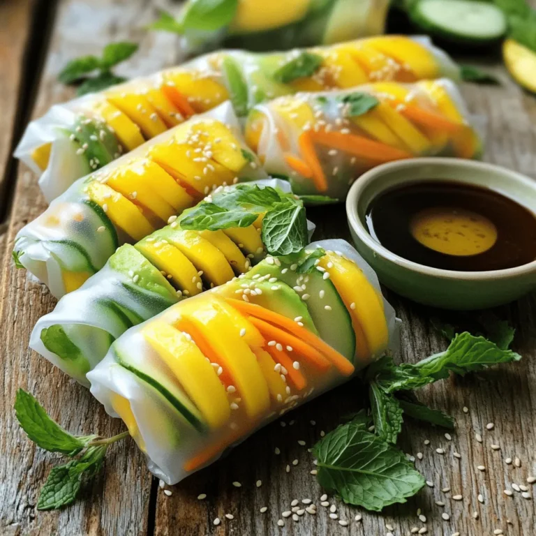- Rice paper wrappers - 1 ripe mango, peeled and cut into thin julienne strips - 2 ripe avocados, halved, pitted, and sliced into thin wedges - 1/2 cucumber, peeled and julienned - 1 cup shredded carrots - 1/4 cup fresh mint leaves, torn if large - 1/4 cup fresh cilantro leaves - 1 tablespoon sesame seeds (optional) - 3 tablespoons soy sauce - 1 tablespoon freshly squeezed lime juice - 1 teaspoon honey or agave syrup - 1/2 teaspoon freshly grated ginger Mango avocado summer rolls shine with fresh ingredients. You need rice paper wrappers to hold all this goodness. The key fresh items are ripe mango and creamy avocado. Their flavors blend perfectly. Crunchy cucumber and colorful carrots add texture and fun. Fresh herbs like mint and cilantro brighten the rolls. For a twist, sprinkle sesame seeds for extra crunch. Now, let's talk about the dipping sauce. It's easy to make and enhances the taste. Just mix soy sauce, lime juice, honey, and ginger. This sauce adds a tangy, sweet kick that pairs well with the rolls. You can find the full recipe with all these details. Enjoy creating your mango avocado summer rolls today! To start, you need to make the dipping sauce. In a small mixing bowl, add the soy sauce, lime juice, honey or agave syrup, and grated ginger. Whisk these ingredients together well. This sauce adds a bright, tangy flavor that pairs nicely with the fresh summer rolls. Set it aside for the flavors to blend. Next, grab a shallow dish or a large plate. Fill it with warm water. Take one rice paper wrapper and dip it in the warm water for about 10 seconds. You want it to be soft but not too mushy. Carefully lift it out and lay it flat on a damp kitchen towel or a clean surface. This makes it easier to work with. Now it’s time to layer your ingredients. In the center of the rice paper wrapper, place a few strips of mango, a couple of avocado slices, sticks of cucumber, and a handful of shredded carrots. Don’t forget the fresh mint and cilantro leaves! They add a burst of flavor. You can also sprinkle sesame seeds on top for extra crunch if you like. To roll up the summer rolls, fold the sides of the wrapper over the filling. Then, gently roll the wrapper away from you while tucking in the filling tightly. This helps keep everything secure inside. Repeat this for the rest of the wrappers and filling. You’ll soon have a beautiful platter of summer rolls! After rolling, place the summer rolls on a serving plate. Cover them with a damp cloth. This keeps them fresh and prevents them from drying out while you finish the rest. Make sure they stay moist for the best taste. When you are ready to serve, present the summer rolls with the dipping sauce on the side. This makes it fun for everyone to dip their rolls as they wish. Enjoy the fresh flavors and the crisp textures of your homemade Mango Avocado Summer Rolls! For the full recipe, check out the complete instructions above. To avoid tearing the rice paper wrappers, keep these tips in mind: - Soak each wrapper just until soft, about 10 seconds in warm water. - Work on a damp surface to prevent sticking. - Don't overfill the wrapper; less is more! - When rolling, tuck in the sides gently, but firmly. Choosing ripe ingredients makes a big difference. Here are my best practices: - Look for mangoes that yield slightly to gentle pressure. - Choose avocados that are firm but not hard. - Select cucumbers that are crisp and have a smooth skin. - Fresh herbs should be vibrant and fragrant; avoid wilting. Want to make your rolls even better? Try these ideas: - Add cooked shrimp or chicken for extra protein. - Include bell peppers or radishes for a crunchier bite. - Swap in different herbs like basil or parsley for a unique flavor. - Use quinoa or rice noodles for a heartier filling. For the complete recipe, check out the [Full Recipe]. Enjoy making your summer rolls! {{image_4}} If you want a fully plant-based dish, there are many fun swaps. You can use tofu instead of fish or shrimp. Try adding bean sprouts for a nice crunch. You can also toss in sliced bell peppers for a splash of color. These swaps keep the rolls fresh and tasty. To give your summer rolls an Asian twist, add fresh herbs like basil or dill. You can also use hoisin sauce or peanut sauce instead of the soy sauce. A drizzle of sriracha can bring some heat. These changes will make your rolls pop with flavor. For easy assembly, prep your ingredients ahead of time. Cut your mango, avocado, and cucumber in advance. Store them in airtight containers in the fridge. This way, you can whip up these rolls in just a few minutes. It makes summer roll night so much easier! For the full recipe, check out the detailed instructions provided. To keep your summer rolls fresh, wrap them in a damp cloth. Place them on a plate and cover with plastic wrap. This method helps prevent the rice paper from drying out. Store the rolls in the fridge if you plan to eat them later. Try to consume them within 24 hours for the best taste and texture. If you want to freeze unassembled summer rolls, first prepare the ingredients. Gather your mango, avocados, and veggies. Then, make the rolls but do not roll them up yet. Lay each rice paper wrapper flat on a parchment-lined tray. Fill the wrappers but leave them open. Freeze the tray for about one hour. Once frozen, place the rolls in a freezer bag. This helps you save space and keeps them fresh. When you’re ready to enjoy your summer rolls, take them out of the freezer. Place them in the fridge for a few hours or overnight to thaw. For a faster option, you can run them under warm water for a few seconds. Never use a microwave, as it can make the rice paper tough. After thawing, assemble the rolls with your favorite sauce, and enjoy a fresh and tasty meal! To make Mango Avocado Summer Rolls, follow these steps: 1. First, prepare the dipping sauce by mixing soy sauce, lime juice, honey, and ginger. 2. Next, soak rice paper wrappers in warm water for about 10 seconds. 3. Lay the softened wrapper on a damp surface. 4. Place mango strips, avocado slices, cucumber sticks, shredded carrots, and herbs in the center. 5. Optionally, add sesame seeds for crunch. 6. Fold the sides over the filling and roll tightly. 7. Repeat until all ingredients are used. Serve with dipping sauce. This process is easy and fun, perfect for summer gatherings. Yes, you can add meat or seafood to your summer rolls. Here are some great options: - Grilled chicken or shrimp adds protein and flavor. - Thinly sliced beef or pork works well too. - For a tasty twist, try crab or lobster. These additions make your rolls even more filling and delicious. You can try different dipping sauces beyond the suggested one. Here are some ideas: - Peanut sauce for a creamy texture and nutty flavor. - Sweet chili sauce adds a spicy kick. - A simple vinegar and soy sauce mix is also tasty. Feel free to experiment with flavors you love! You now know how to make delicious summer rolls with fresh ingredients and tasty dipping sauce. We covered the necessary components, step-by-step instructions, and tips for success. Remember, you can customize these rolls to fit your tastes. With the right care, you can store or even freeze them for later. Enjoy the fun of making and sharing these tasty treats. Trust me, they’re worth the effort!