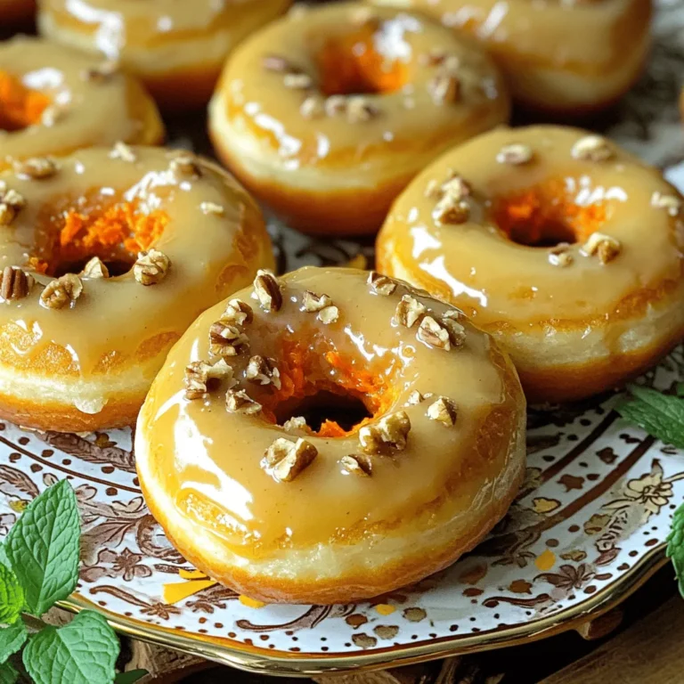 - 2 cups all-purpose flour - 1 cup packed brown sugar - 1 tablespoon baking powder - 1 teaspoon baking soda - 1 teaspoon ground cinnamon - 1/2 teaspoon ground nutmeg - 1/2 teaspoon salt - 1 cup grated carrots (approximately 2 medium carrots) - 1/2 cup unsweetened applesauce - 1/2 cup buttermilk - 2 large eggs - 1 teaspoon vanilla extract - 1/4 cup chopped walnuts - Maple glaze ingredients When it comes to making Maple Glazed Carrot Cake Donuts, having the right ingredients is key. First, I gather my dry ingredients. This includes all-purpose flour, packed brown sugar, baking powder, baking soda, ground cinnamon, ground nutmeg, and salt. Each of these plays a big role in the flavor and texture of my donuts. Next, I focus on the wet ingredients. I use grated carrots, unsweetened applesauce, buttermilk, eggs, and vanilla extract. These ingredients add moisture and sweetness, making the donuts soft and delicious. Lastly, I consider optional add-ins. I love to add chopped walnuts for a nice crunch. And, of course, I have to have my maple glaze ingredients ready. The glaze brings everything together with a sweet finish. For the full recipe, check out the details to make these tasty treats! 1. Preheat your oven to 350°F (175°C). Lightly grease a donut pan with cooking spray. 2. In a large bowl, mix the dry ingredients. Combine 2 cups of all-purpose flour, 1 cup of packed brown sugar, 1 tablespoon of baking powder, 1 teaspoon of baking soda, 1 teaspoon of ground cinnamon, 1/2 teaspoon of ground nutmeg, and 1/2 teaspoon of salt. Whisk them until smooth with no lumps. 3. In another bowl, mix the wet ingredients. Add 1 cup of grated carrots, 1/2 cup of unsweetened applesauce, 1/2 cup of buttermilk, 2 large eggs, and 1 teaspoon of vanilla extract. Whisk until smooth. 4. Gradually pour the wet mixture into the dry ingredients. Stir gently until just combined. If you want walnuts, fold in 1/4 cup of chopped walnuts here. 1. Use a spoon or piping bag to fill the donut pan. Fill each cavity about two-thirds full. 2. Bake in the preheated oven for 12-15 minutes. Check for doneness by inserting a toothpick. It should come out clean. 3. Let the donuts cool in the pan for 5 minutes. Then, transfer them to a wire rack to cool completely. 1. Gather the glaze ingredients. You need 1 cup of powdered sugar, 2-3 tablespoons of pure maple syrup, and 1 tablespoon of milk. 2. In a medium bowl, whisk together the powdered sugar, maple syrup, and milk. Keep whisking until you have a smooth and creamy glaze. Adjust the thickness by adding more milk or sugar if needed. 3. Once the donuts cool completely, dip the tops into the glaze. Allow any excess glaze to drip back into the bowl. Place the glazed donuts back on the wire rack to let the glaze set. For full details, refer to the Full Recipe. - Avoiding overmixing: Mix the batter gently. Overmixing can make the donuts tough. Stir until just combined. - Ensuring even baking: Fill each donut cavity evenly. This helps them cook at the same rate. - Checking for moisture levels: Use a toothpick to check doneness. It should come out clean when the donuts are ready. - Adjusting thickness of glaze: Start with 2 tablespoons of milk. Add more if needed to get your desired thickness. - Tips for a smooth finish: Whisk the glaze until it’s creamy. This ensures a nice, shiny look on the donuts. - Arranging donuts on a platter: Place the donuts in a circle or in rows. This makes them look more inviting. - Adding garnishes for visual appeal: Use fresh mint or extra chopped walnuts on top. These touches add color and charm. {{image_4}} You can boost the taste of your Maple Glazed Carrot Cake Donuts in fun ways. Adding spices like ginger or cardamom gives a warm kick. These spices pair well with the sweet maple glaze and add depth. If you want to switch things up, consider using pecans instead of walnuts. Pecans bring a rich, buttery flavor that complements the cake. For those who need gluten-free options, use almond or oat flour. Both flours work well and keep the donuts light. If you prefer vegan substitutes, swap the eggs for flax eggs. Mix one tablespoon of ground flax seed with three tablespoons of water for each egg. For buttermilk, you can mix almond milk with a tablespoon of vinegar. This makes a good vegan alternative that keeps the donuts moist. You can also add other seasonal vegetables for unique flavors. Try zucchini or sweet potatoes in the batter. Both add moisture and sweetness. If you want to play with flavors, use flavored extracts like orange or almond. These will brighten the taste and make your donuts stand out. You can find the full recipe for Maple Glazed Carrot Cake Donuts above. To keep your maple glazed carrot cake donuts fresh, store them at room temperature. Place them in an airtight container to lock in moisture. This helps prevent them from drying out. Make sure the container is clean to avoid unwanted flavors. If you want to save some donuts for later, freezing works well. Wrap each donut in plastic wrap. Then, place them in a freezer-safe bag. This keeps them fresh for up to three months. When you're ready to eat, thaw them in the fridge overnight. For the best taste, reheat in a microwave or oven. Heat them at 350°F for about 5-7 minutes to restore their texture. These delicious donuts stay fresh for about 3 days at room temperature. If stored properly, they can last up to a week in the fridge. Watch for signs of spoilage like a sour smell or mold. If any appear, it’s best to toss them out. Enjoy your sweet treats while they are fresh! To make these donuts gluten-free, use a gluten-free flour blend. Look for one that has a mix of flours like almond flour or coconut flour. Make sure it has a binding agent, like xanthan gum. This helps keep the donuts light and fluffy. Using fresh carrots is not recommended. Grated carrots give the donuts moisture and a soft texture. Fresh carrots are too crunchy and may not cook well. Grated carrots blend nicely into the batter. To adjust the glaze, add powdered sugar to thicken it. For a thinner glaze, mix in more milk or maple syrup. Start with a little and add more until you reach the desired consistency. This way, you can customize it to your liking. These donuts pair well with coffee or tea. You can also serve them with milk for a nice treat. Fresh fruit, like berries, adds a refreshing touch. Consider a light yogurt on the side for a balanced snack. Yes, you can make the donuts ahead of time. Store them in an airtight container at room temperature for up to two days. For longer storage, freeze them for up to three months. Just remember to let them cool completely before freezing. You now have a clear path to make delicious maple glazed carrot cake donuts. We covered the key ingredients, easy steps, and some handy tips to help you bake like a pro. Don’t forget the fun variations you can try to suit your taste. With proper storage, your treats will stay fresh and tasty. Whether you share them or keep them all to yourself, enjoy every bite! Happy baking!