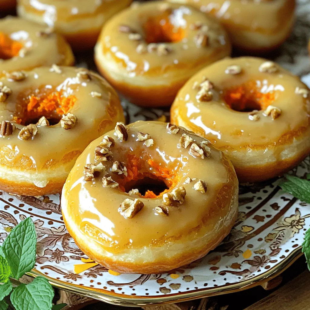 - 2 cups all-purpose flour - 1 cup packed brown sugar - 1 tablespoon baking powder - 1 teaspoon baking soda - 1 teaspoon ground cinnamon - 1/2 teaspoon ground nutmeg - 1/2 teaspoon salt - 1 cup grated carrots (approximately 2 medium carrots) - 1/2 cup unsweetened applesauce - 1/2 cup buttermilk - 2 large eggs - 1 teaspoon vanilla extract - 1/4 cup chopped walnuts - Maple glaze ingredients When it comes to making Maple Glazed Carrot Cake Donuts, having the right ingredients is key. First, I gather my dry ingredients. This includes all-purpose flour, packed brown sugar, baking powder, baking soda, ground cinnamon, ground nutmeg, and salt. Each of these plays a big role in the flavor and texture of my donuts. Next, I focus on the wet ingredients. I use grated carrots, unsweetened applesauce, buttermilk, eggs, and vanilla extract. These ingredients add moisture and sweetness, making the donuts soft and delicious. Lastly, I consider optional add-ins. I love to add chopped walnuts for a nice crunch. And, of course, I have to have my maple glaze ingredients ready. The glaze brings everything together with a sweet finish. For the full recipe, check out the details to make these tasty treats! 1. Preheat your oven to 350°F (175°C). Lightly grease a donut pan with cooking spray. 2. In a large bowl, mix the dry ingredients. Combine 2 cups of all-purpose flour, 1 cup of packed brown sugar, 1 tablespoon of baking powder, 1 teaspoon of baking soda, 1 teaspoon of ground cinnamon, 1/2 teaspoon of ground nutmeg, and 1/2 teaspoon of salt. Whisk them until smooth with no lumps. 3. In another bowl, mix the wet ingredients. Add 1 cup of grated carrots, 1/2 cup of unsweetened applesauce, 1/2 cup of buttermilk, 2 large eggs, and 1 teaspoon of vanilla extract. Whisk until smooth. 4. Gradually pour the wet mixture into the dry ingredients. Stir gently until just combined. If you want walnuts, fold in 1/4 cup of chopped walnuts here. 1. Use a spoon or piping bag to fill the donut pan. Fill each cavity about two-thirds full. 2. Bake in the preheated oven for 12-15 minutes. Check for doneness by inserting a toothpick. It should come out clean. 3. Let the donuts cool in the pan for 5 minutes. Then, transfer them to a wire rack to cool completely. 1. Gather the glaze ingredients. You need 1 cup of powdered sugar, 2-3 tablespoons of pure maple syrup, and 1 tablespoon of milk. 2. In a medium bowl, whisk together the powdered sugar, maple syrup, and milk. Keep whisking until you have a smooth and creamy glaze. Adjust the thickness by adding more milk or sugar if needed. 3. Once the donuts cool completely, dip the tops into the glaze. Allow any excess glaze to drip back into the bowl. Place the glazed donuts back on the wire rack to let the glaze set. For full details, refer to the Full Recipe. - Avoiding overmixing: Mix the batter gently. Overmixing can make the donuts tough. Stir until just combined. - Ensuring even baking: Fill each donut cavity evenly. This helps them cook at the same rate. - Checking for moisture levels: Use a toothpick to check doneness. It should come out clean when the donuts are ready. - Adjusting thickness of glaze: Start with 2 tablespoons of milk. Add more if needed to get your desired thickness. - Tips for a smooth finish: Whisk the glaze until it’s creamy. This ensures a nice, shiny look on the donuts. - Arranging donuts on a platter: Place the donuts in a circle or in rows. This makes them look more inviting. - Adding garnishes for visual appeal: Use fresh mint or extra chopped walnuts on top. These touches add color and charm. {{image_4}} You can boost the taste of your Maple Glazed Carrot Cake Donuts in fun ways. Adding spices like ginger or cardamom gives a warm kick. These spices pair well with the sweet maple glaze and add depth. If you want to switch things up, consider using pecans instead of walnuts. Pecans bring a rich, buttery flavor that complements the cake. For those who need gluten-free options, use almond or oat flour. Both flours work well and keep the donuts light. If you prefer vegan substitutes, swap the eggs for flax eggs. Mix one tablespoon of ground flax seed with three tablespoons of water for each egg. For buttermilk, you can mix almond milk with a tablespoon of vinegar. This makes a good vegan alternative that keeps the donuts moist. You can also add other seasonal vegetables for unique flavors. Try zucchini or sweet potatoes in the batter. Both add moisture and sweetness. If you want to play with flavors, use flavored extracts like orange or almond. These will brighten the taste and make your donuts stand out. You can find the full recipe for Maple Glazed Carrot Cake Donuts above. To keep your maple glazed carrot cake donuts fresh, store them at room temperature. Place them in an airtight container to lock in moisture. This helps prevent them from drying out. Make sure the container is clean to avoid unwanted flavors. If you want to save some donuts for later, freezing works well. Wrap each donut in plastic wrap. Then, place them in a freezer-safe bag. This keeps them fresh for up to three months. When you're ready to eat, thaw them in the fridge overnight. For the best taste, reheat in a microwave or oven. Heat them at 350°F for about 5-7 minutes to restore their texture. These delicious donuts stay fresh for about 3 days at room temperature. If stored properly, they can last up to a week in the fridge. Watch for signs of spoilage like a sour smell or mold. If any appear, it’s best to toss them out. Enjoy your sweet treats while they are fresh! To make these donuts gluten-free, use a gluten-free flour blend. Look for one that has a mix of flours like almond flour or coconut flour. Make sure it has a binding agent, like xanthan gum. This helps keep the donuts light and fluffy. Using fresh carrots is not recommended. Grated carrots give the donuts moisture and a soft texture. Fresh carrots are too crunchy and may not cook well. Grated carrots blend nicely into the batter. To adjust the glaze, add powdered sugar to thicken it. For a thinner glaze, mix in more milk or maple syrup. Start with a little and add more until you reach the desired consistency. This way, you can customize it to your liking. These donuts pair well with coffee or tea. You can also serve them with milk for a nice treat. Fresh fruit, like berries, adds a refreshing touch. Consider a light yogurt on the side for a balanced snack. Yes, you can make the donuts ahead of time. Store them in an airtight container at room temperature for up to two days. For longer storage, freeze them for up to three months. Just remember to let them cool completely before freezing. You now have a clear path to make delicious maple glazed carrot cake donuts. We covered the key ingredients, easy steps, and some handy tips to help you bake like a pro. Don’t forget the fun variations you can try to suit your taste. With proper storage, your treats will stay fresh and tasty. Whether you share them or keep them all to yourself, enjoy every bite! Happy baking!