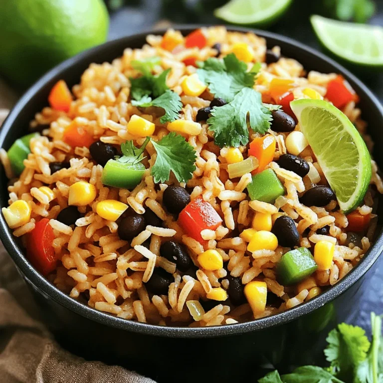 For One Pot Fiesta Rice, you need: - 1 cup long-grain rice - 2 cups vegetable broth - 1 can (15 oz) black beans, drained and rinsed - 1 cup corn kernels (choice of fresh, frozen, or canned) - 1 red bell pepper, diced - 1 green bell pepper, diced - 1 small onion, finely chopped - 2 cloves garlic, minced These ingredients create a base full of colors and flavors. The rice absorbs all the tasty broth, making it fluffy and delicious. The black beans add protein, while the corn and peppers provide sweetness and crunch. You will also need: - 1 teaspoon ground cumin - 1 teaspoon chili powder - Salt and pepper to taste These spices give the dish its kick. Cumin adds warmth, while chili powder brings a bit of heat. Adjust the salt and pepper to balance the flavors just right. To finish off your meal, use: - Fresh cilantro, chopped (for garnish) - Lime wedges (for serving) Cilantro adds freshness, and lime juice brightens the dish. Together, they enhance the fiesta feel. The combination of these ingredients makes this dish not just tasty but also visually appealing. You can find the full recipe to guide you through the cooking process. - Heat olive oil and sauté onion and garlic. - Add diced bell peppers. Start by heating one tablespoon of olive oil in a large pot over medium heat. Once hot, add the finely chopped onion and minced garlic. Sauté for about three to four minutes. You want the onion to become soft and clear. The garlic will fill your kitchen with a lovely aroma. Next, toss in your diced red and green bell peppers. Cook them for two to three more minutes. Stir occasionally until they soften and brighten in color. - Incorporate spices and rice. - Simmer with vegetable broth. Now it's time to spice things up! Sprinkle in one teaspoon each of ground cumin and chili powder. Stir well to mix the spices into the onion and pepper mixture. Let them cook for one minute. This step helps release their rich flavors. Next, add one cup of long-grain rice to the pot. Stir it thoroughly so each grain gets coated with the mixture. Now, pour in two cups of vegetable broth. Turn the heat up to bring it to a boil. Once boiling, reduce the heat to low. Cover the pot and let it simmer for about 15 to 20 minutes. Do not lift the lid during this time; you want to keep the steam in. - Add black beans and corn. - Season and fluff. - Presentation tips. When the rice is tender and all the liquid is gone, gently fold in one can of drained black beans and one cup of corn. Allow the mixture to heat through for about five minutes on low heat. Afterward, taste your dish and season with salt and pepper as needed. Use a fork to fluff the rice gently, mixing all the ingredients together. For a beautiful presentation, serve the fiesta rice in bright bowls. Top with fresh cilantro and add lime wedges on the side. This adds a zesty touch and makes your meal look vibrant. Enjoy the colorful feast you've created! You can find the Full Recipe for more details. To prevent rice from sticking, rinse the rice before cooking. This step removes excess starch. After rinsing, dry the rice with a towel. This helps the grains stay separate. Next, use the right water ratio. For every cup of rice, use two cups of liquid. The right ratio keeps the rice fluffy. Simmering time is key for perfect rice. After bringing the pot to a boil, reduce the heat. Cover the pot tightly and let it simmer. Avoid lifting the lid during cooking. This keeps the steam inside, which is crucial. Allowing it to simmer for 15-20 minutes ensures even cooking. For an extra kick, try adding spices like paprika or oregano. These spices blend well with the base flavors. You can also add a pinch of cayenne for heat. Fresh ingredients like diced tomatoes or jalapeños work great too. Top your fiesta rice with fresh avocado or sour cream. It adds creaminess and balances the spice. Using pre-cooked ingredients saves time. You can find canned black beans and corn at the store. These options cut down your prep time significantly. You can also use pre-chopped veggies from the store. This helps you skip the chopping step. Quick prep ideas include using frozen vegetables. They cook fast and still taste fresh. Keep them on hand for busy nights. You can even prepare the rice ahead of time. Just reheat it when you're ready to serve. For the full recipe, check [Full Recipe]. {{image_4}} You can easily customize One Pot Fiesta Rice with protein. Try adding chicken or shrimp. For chicken, use bite-sized pieces and cook them first. Add them back in with the beans and corn. Shrimp cooks quickly, so toss them in during the last few minutes. They should turn pink when done. If you want a vegetarian dish, consider adding tofu or tempeh. Both soak up flavors well. Cut them into small cubes and sauté them with the veggies. You can also use extra beans to boost protein. Want a spicy kick? Add jalapeños to the mix. Dice them finely and sauté with the onions and garlic. This will give your dish a nice heat. Adjust the amount to fit your taste. For a Southwest edition, swap out black beans for pinto or kidney beans. You can also add diced tomatoes or corn salsa for a fresh taste. These small changes can make a big difference in flavor. If you're looking for alternatives to long-grain rice, try quinoa or cauliflower rice. Quinoa is packed with protein and cooks in about the same time. Rinse it well before cooking to remove any bitterness. Cauliflower rice is a great low-carb option. It cooks faster, so reduce your liquid and cooking time. You don't want it mushy. For a nuttier flavor, brown rice is another option. Just know it will take longer to cook, so adjust your time and liquid accordingly. These substitutes keep your meals fresh and exciting! Store your One Pot Fiesta Rice in an airtight container. It stays fresh for 3 to 5 days. Check for any signs of spoilage before using leftovers. To keep the rice at its best, let it cool down before sealing it. This helps prevent moisture build-up, which can cause mushy rice. You can freeze portions of One Pot Fiesta Rice for later. Use freezer-safe bags or containers. Make sure to remove as much air as possible to avoid freezer burn. It will last up to 3 months in the freezer. When you're ready to eat, thaw it overnight in the fridge. For quick meals, you can microwave frozen rice straight from the freezer. To reheat, place the rice in a pot with a splash of water. Cover and warm it over low heat. Stir occasionally to heat evenly. If it seems dry, add a bit more water. You can also microwave it. Just add a little water and cover it. After reheating, taste and adjust the flavors. You may want to add a squeeze of lime or a sprinkle of fresh cilantro for a burst of flavor. Can I use brown rice instead of white? Yes, you can use brown rice. It takes longer to cook. Add about 10-15 minutes to the cooking time. You may also need to add more broth to keep it moist. How do I adjust the recipe for more servings? To make more servings, simply double the ingredients. Use a larger pot to fit everything. Cooking time may not change much, but check the rice to be sure. What are the best side dishes to serve with One Pot Fiesta Rice? Some great sides include grilled veggies, avocado slices, or a fresh salad. You could also serve it with tortilla chips for a crunchy contrast. How to tell when the rice is cooked? The rice is ready when it has absorbed all the liquid. It should look fluffy and tender. You can taste a grain to check if it’s done. Can I substitute vegetable broth with chicken broth? Yes, chicken broth works well. It adds a different flavor that many people enjoy. Just make sure to choose low-sodium broth if you watch your salt intake. What is the calorie count per serving? Each serving has about 250 calories. This can vary based on additional toppings or sides added. Are there any allergens in this recipe? This recipe is generally free from common allergens. However, check the labels on canned goods for potential allergens. If you are sensitive to beans or corn, be cautious. This blog covered a simple recipe for One Pot Fiesta Rice. We explored ingredients like long-grain rice, black beans, and fresh veggies. I shared tips on cooking techniques and storage methods. You can enjoy many variations to suit your taste. Whether you prefer chicken, shrimp, or a spicy twist, the options are endless. This dish is easy to make and great for leftovers. Enjoy your cooking adventure!