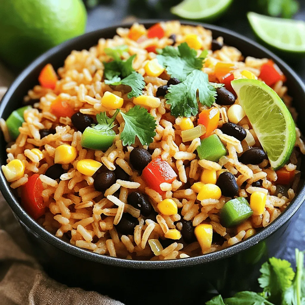 For One Pot Fiesta Rice, you need: - 1 cup long-grain rice - 2 cups vegetable broth - 1 can (15 oz) black beans, drained and rinsed - 1 cup corn kernels (choice of fresh, frozen, or canned) - 1 red bell pepper, diced - 1 green bell pepper, diced - 1 small onion, finely chopped - 2 cloves garlic, minced These ingredients create a base full of colors and flavors. The rice absorbs all the tasty broth, making it fluffy and delicious. The black beans add protein, while the corn and peppers provide sweetness and crunch. You will also need: - 1 teaspoon ground cumin - 1 teaspoon chili powder - Salt and pepper to taste These spices give the dish its kick. Cumin adds warmth, while chili powder brings a bit of heat. Adjust the salt and pepper to balance the flavors just right. To finish off your meal, use: - Fresh cilantro, chopped (for garnish) - Lime wedges (for serving) Cilantro adds freshness, and lime juice brightens the dish. Together, they enhance the fiesta feel. The combination of these ingredients makes this dish not just tasty but also visually appealing. You can find the full recipe to guide you through the cooking process. - Heat olive oil and sauté onion and garlic. - Add diced bell peppers. Start by heating one tablespoon of olive oil in a large pot over medium heat. Once hot, add the finely chopped onion and minced garlic. Sauté for about three to four minutes. You want the onion to become soft and clear. The garlic will fill your kitchen with a lovely aroma. Next, toss in your diced red and green bell peppers. Cook them for two to three more minutes. Stir occasionally until they soften and brighten in color. - Incorporate spices and rice. - Simmer with vegetable broth. Now it's time to spice things up! Sprinkle in one teaspoon each of ground cumin and chili powder. Stir well to mix the spices into the onion and pepper mixture. Let them cook for one minute. This step helps release their rich flavors. Next, add one cup of long-grain rice to the pot. Stir it thoroughly so each grain gets coated with the mixture. Now, pour in two cups of vegetable broth. Turn the heat up to bring it to a boil. Once boiling, reduce the heat to low. Cover the pot and let it simmer for about 15 to 20 minutes. Do not lift the lid during this time; you want to keep the steam in. - Add black beans and corn. - Season and fluff. - Presentation tips. When the rice is tender and all the liquid is gone, gently fold in one can of drained black beans and one cup of corn. Allow the mixture to heat through for about five minutes on low heat. Afterward, taste your dish and season with salt and pepper as needed. Use a fork to fluff the rice gently, mixing all the ingredients together. For a beautiful presentation, serve the fiesta rice in bright bowls. Top with fresh cilantro and add lime wedges on the side. This adds a zesty touch and makes your meal look vibrant. Enjoy the colorful feast you've created! You can find the Full Recipe for more details. To prevent rice from sticking, rinse the rice before cooking. This step removes excess starch. After rinsing, dry the rice with a towel. This helps the grains stay separate. Next, use the right water ratio. For every cup of rice, use two cups of liquid. The right ratio keeps the rice fluffy. Simmering time is key for perfect rice. After bringing the pot to a boil, reduce the heat. Cover the pot tightly and let it simmer. Avoid lifting the lid during cooking. This keeps the steam inside, which is crucial. Allowing it to simmer for 15-20 minutes ensures even cooking. For an extra kick, try adding spices like paprika or oregano. These spices blend well with the base flavors. You can also add a pinch of cayenne for heat. Fresh ingredients like diced tomatoes or jalapeños work great too. Top your fiesta rice with fresh avocado or sour cream. It adds creaminess and balances the spice. Using pre-cooked ingredients saves time. You can find canned black beans and corn at the store. These options cut down your prep time significantly. You can also use pre-chopped veggies from the store. This helps you skip the chopping step. Quick prep ideas include using frozen vegetables. They cook fast and still taste fresh. Keep them on hand for busy nights. You can even prepare the rice ahead of time. Just reheat it when you're ready to serve. For the full recipe, check [Full Recipe]. {{image_4}} You can easily customize One Pot Fiesta Rice with protein. Try adding chicken or shrimp. For chicken, use bite-sized pieces and cook them first. Add them back in with the beans and corn. Shrimp cooks quickly, so toss them in during the last few minutes. They should turn pink when done. If you want a vegetarian dish, consider adding tofu or tempeh. Both soak up flavors well. Cut them into small cubes and sauté them with the veggies. You can also use extra beans to boost protein. Want a spicy kick? Add jalapeños to the mix. Dice them finely and sauté with the onions and garlic. This will give your dish a nice heat. Adjust the amount to fit your taste. For a Southwest edition, swap out black beans for pinto or kidney beans. You can also add diced tomatoes or corn salsa for a fresh taste. These small changes can make a big difference in flavor. If you're looking for alternatives to long-grain rice, try quinoa or cauliflower rice. Quinoa is packed with protein and cooks in about the same time. Rinse it well before cooking to remove any bitterness. Cauliflower rice is a great low-carb option. It cooks faster, so reduce your liquid and cooking time. You don't want it mushy. For a nuttier flavor, brown rice is another option. Just know it will take longer to cook, so adjust your time and liquid accordingly. These substitutes keep your meals fresh and exciting! Store your One Pot Fiesta Rice in an airtight container. It stays fresh for 3 to 5 days. Check for any signs of spoilage before using leftovers. To keep the rice at its best, let it cool down before sealing it. This helps prevent moisture build-up, which can cause mushy rice. You can freeze portions of One Pot Fiesta Rice for later. Use freezer-safe bags or containers. Make sure to remove as much air as possible to avoid freezer burn. It will last up to 3 months in the freezer. When you're ready to eat, thaw it overnight in the fridge. For quick meals, you can microwave frozen rice straight from the freezer. To reheat, place the rice in a pot with a splash of water. Cover and warm it over low heat. Stir occasionally to heat evenly. If it seems dry, add a bit more water. You can also microwave it. Just add a little water and cover it. After reheating, taste and adjust the flavors. You may want to add a squeeze of lime or a sprinkle of fresh cilantro for a burst of flavor. Can I use brown rice instead of white? Yes, you can use brown rice. It takes longer to cook. Add about 10-15 minutes to the cooking time. You may also need to add more broth to keep it moist. How do I adjust the recipe for more servings? To make more servings, simply double the ingredients. Use a larger pot to fit everything. Cooking time may not change much, but check the rice to be sure. What are the best side dishes to serve with One Pot Fiesta Rice? Some great sides include grilled veggies, avocado slices, or a fresh salad. You could also serve it with tortilla chips for a crunchy contrast. How to tell when the rice is cooked? The rice is ready when it has absorbed all the liquid. It should look fluffy and tender. You can taste a grain to check if it’s done. Can I substitute vegetable broth with chicken broth? Yes, chicken broth works well. It adds a different flavor that many people enjoy. Just make sure to choose low-sodium broth if you watch your salt intake. What is the calorie count per serving? Each serving has about 250 calories. This can vary based on additional toppings or sides added. Are there any allergens in this recipe? This recipe is generally free from common allergens. However, check the labels on canned goods for potential allergens. If you are sensitive to beans or corn, be cautious. This blog covered a simple recipe for One Pot Fiesta Rice. We explored ingredients like long-grain rice, black beans, and fresh veggies. I shared tips on cooking techniques and storage methods. You can enjoy many variations to suit your taste. Whether you prefer chicken, shrimp, or a spicy twist, the options are endless. This dish is easy to make and great for leftovers. Enjoy your cooking adventure!