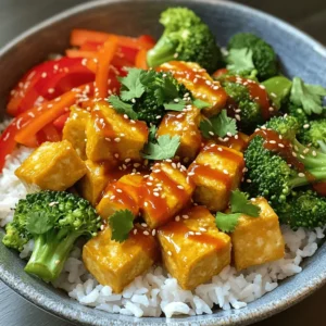 - 1 block firm tofu, thoroughly drained and pressed - 1 cup jasmine rice - 2 tablespoons Sriracha sauce The firm tofu acts as the main protein. It absorbs flavors well and provides a hearty bite. Jasmine rice, with its fluffy texture, makes a great base. Sriracha sauce adds the spicy kick, balancing heat and taste. - 1 cup broccoli florets, fresh or frozen - 1 red bell pepper, thinly sliced - ½ cup carrots, julienned or matchstick-cut Broccoli florets add crunch and color. The red bell pepper brings sweetness and a pop of color. Carrots add a nice crunch and a bit of earthiness. Together, they create a vibrant mix that enhances the dish. - 1 tablespoon soy sauce (preferably low-sodium) - 1 tablespoon sesame oil - Fresh cilantro, for garnish Soy sauce brings umami depth. Sesame oil adds a nutty flavor that complements the spice. Fresh cilantro brightens the dish, giving it a fresh finish. This combo of flavors makes each bite exciting. For the full recipe, check out the complete guide. To start, cut the pressed tofu into 1-inch cubes. This size helps the tofu cook evenly. Next, toss the cubes in a bowl with cornstarch. Make sure every piece is coated. This coating is key for a crispy finish when you cook it. Pressing the tofu is vital. It removes excess water, allowing better flavor absorption and texture. Bring vegetable broth to a boil in a medium saucepan. Add the jasmine rice and stir it once. Cover the pan, reduce the heat, and let it simmer for about 15 minutes. This method infuses flavor into the rice. Once the liquid absorbs, fluff the rice with a fork. This step keeps the rice light and airy, which balances the dish. Heat vegetable oil in a large skillet over medium-high heat. Carefully add the cornstarch-coated tofu cubes in a single layer. Fry them for about 8-10 minutes, turning occasionally. You want all sides to turn golden brown and crispy. Once done, transfer the tofu to a plate lined with paper towels. This helps absorb any excess oil. In the same skillet, add the broccoli, red bell pepper, and carrots. Stir-fry the veggies for 4-5 minutes. You want them tender but still bright and colorful. This keeps their nutrients intact. Add the sliced green onions for the last minute. Their fresh taste adds a nice crunch to the mix. In a small bowl, whisk together the Sriracha sauce, soy sauce, sesame oil, and honey (or maple syrup). Mix until well blended. This sauce brings all the flavors together. If you like it spicier, add more Sriracha. For a milder version, reduce the amount. Now, it’s time to put it all together! Divide the fluffy jasmine rice into bowls. Top it with the spicy tofu and vegetable mix. For a polished finish, sprinkle sesame seeds and fresh cilantro on top. This adds flavor and a pop of color to your bowl. For the full recipe, refer back to the main section. Enjoy your Spicy Sriracha Tofu Bowl! To make crispy tofu, you need to press it well. Start by wrapping the block of firm tofu in a clean kitchen towel. Place a heavy object, like a cast iron pan, on top for about 20-30 minutes. This helps remove excess moisture. Next, coat the tofu cubes with cornstarch. Use about 2 tablespoons, ensuring each piece is covered. This coating creates a crunchy texture when cooked. Not everyone enjoys the same heat. If you want less spice, use only 1 tablespoon of Sriracha. You can also mix Sriracha with a bit of honey or ketchup to mellow the heat. For a different flavor, try other sauces. Chili garlic sauce or sweet chili sauce can work well too. Experiment with these options to find what you like best. To save time, prep your ingredients ahead of time. You can chop the vegetables and store them in the fridge for up to three days. Cook the rice and tofu in advance, too. Store them separately in airtight containers. This way, you can quickly assemble your Spicy Sriracha Tofu Bowl when you’re ready to eat. Enjoy the convenience of quick meals without sacrificing taste! For the full recipe, check out the Spicy Sriracha Tofu Bowl. {{image_4}} You can switch the tofu for other protein sources. Tempeh is a great choice. It has a nutty flavor and holds up well in stir-fries. Seitan is another tasty option. It mimics the texture of meat nicely. If you prefer meat, chicken or shrimp work well too. Chicken adds a mild taste, while shrimp brings a sweet, briny flavor. Both cook quickly, making your meal even faster. Feel free to change the vegetables based on the season. In spring, try snap peas or asparagus. In summer, zucchini and bell peppers shine. Winter vegetables like Brussels sprouts and kale add heartiness. You can also use frozen veggies. They save time and are often just as nutritious as fresh ones. Just make sure to thaw and drain excess water before cooking. If you need a gluten-free option, swap soy sauce for tamari. Tamari has a similar flavor but is gluten-free. For the rice, try quinoa or cauliflower rice. Both options are nutritious and add a unique texture to your bowl. Quinoa is protein-rich, while cauliflower rice is low in carbs and calories. These swaps ensure everyone can enjoy this spicy dish! For the complete recipe, check the [Full Recipe]. To keep your spicy Sriracha tofu bowl fresh, store leftovers in an airtight container. Place the bowl in the fridge within two hours of cooking. This helps keep the food safe. Your leftovers can last for up to four days in the fridge. To reheat the tofu without losing its crispness, use an oven or a skillet. If using an oven, preheat it to 350°F (175°C). Place the tofu on a baking sheet for about 10-15 minutes. If using a skillet, heat over medium heat for about 5-7 minutes, turning the tofu occasionally. This keeps it crispy and delicious. You can freeze cooked bowls if you want to save some for later. Place the cooled bowl in a freezer-safe container. It can stay frozen for up to three months. To thaw, move the bowl to the fridge overnight. Reheat it in the oven or a skillet as mentioned above. This way, you can enjoy your spicy Sriracha tofu bowl anytime! For the full recipe, check the earlier sections. To make the Spicy Sriracha Tofu Bowl vegan, swap honey for maple syrup. This simple change keeps the dish sweet and plant-based. Also, check that all products you use are vegan-friendly. For example, ensure your soy sauce is made without animal products. Yes, you can use brown rice. However, remember that brown rice takes longer to cook. It usually needs about 40-50 minutes, while jasmine rice only takes around 15 minutes. Brown rice has a nuttier taste and chewier texture. So, it can change the feel of your bowl. If you don’t have Sriracha, several substitutes work well. You can use chili garlic sauce or sambal oelek for a similar heat. You can also make a homemade version by mixing hot sauce, garlic, and a bit of sugar. This gives you control over the flavor. The spice level of this dish depends on the amount of Sriracha you use. One tablespoon adds mild heat, while two tablespoons ramp up the spice. To adjust heat to your taste, start with less and add more if you like it spicier. Always taste as you go. You can serve this bowl with a side of edamame or a fresh salad. They add nice contrast and extra crunch. For more flavor, drizzle extra Sriracha or sesame oil on top. You can also add lime juice for a zesty touch. Enjoy your meal! For the full recipe, check out the Spicy Sriracha Tofu Bowl details above. You learned how to make a tasty Spicy Sriracha Tofu Bowl. We covered each ingredient and how to prepare them. From cooking the rice to achieving crispy tofu, each step matters. Remember to adjust spices to suit your taste. Feel free to swap in different proteins or veggies to keep it fresh. Store leftovers well to enjoy later. This bowl is not just good; it’s fun to make and share. Enjoy your cooking adventure!