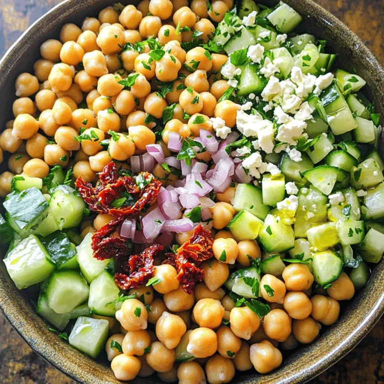 The Sun-Dried Tomato Chickpea Salad is simple to make and full of flavor. Here’s what you need: - 1 can (15 oz) chickpeas, thoroughly drained and rinsed - 1/2 cup sun-dried tomatoes, roughly chopped - 1/4 cup red onion, finely diced - 1/2 cucumber, peeled and diced - 1/4 cup feta cheese, crumbled into small pieces - 2 tablespoons fresh parsley, finely chopped - 2 tablespoons extra virgin olive oil - 1 tablespoon freshly squeezed lemon juice - 1 teaspoon dried oregano - Salt and freshly ground black pepper, to taste This mix of ingredients creates a bright, fresh dish. Chickpeas add protein and fiber. Sun-dried tomatoes give a sweet and tangy taste. The red onion adds a sharp bite, while cucumber brings crunch. Feta cheese adds creaminess to the salad. Fresh parsley brightens the flavors. Make sure to use high-quality extra virgin olive oil for the best taste. Fresh lemon juice adds a zesty kick. Dried oregano brings an earthy flavor that ties everything together. Adjust salt and pepper to your liking for a perfect balance. For the full recipe, follow the steps to enjoy this delightful salad. It's quick to prepare and great for lunch or dinner! To make this salad, start with a large mixing bowl. Combine the following ingredients: - 1 can (15 oz) chickpeas, thoroughly drained and rinsed - 1/2 cup sun-dried tomatoes, roughly chopped - 1/4 cup red onion, finely diced - 1/2 cucumber, peeled and diced - 1/4 cup feta cheese, crumbled into small pieces Gently stir the ingredients together. This ensures an even distribution of flavors and textures. In a separate small bowl, whisk together the dressing ingredients: - 2 tablespoons extra virgin olive oil - 1 tablespoon freshly squeezed lemon juice - 1 teaspoon dried oregano - Salt and freshly ground black pepper, to taste Mix until well combined. You want the oil and lemon juice to emulsify, meaning they blend into a smooth mixture. Drizzle the dressing over the salad base. Toss gently to coat everything evenly. Be careful not to break the chickpeas or feta cheese. After mixing, sprinkle the freshly chopped parsley on top. Give it one last gentle toss. Cover the salad and let it rest for at least 15 minutes. This time allows the flavors to meld together, enhancing the taste. You can serve it chilled or at room temperature for the best experience. For the full recipe, check the ingredients and instructions above. To make your Sun-Dried Tomato Chickpea Salad stand out, choose a nice serving bowl. A colorful bowl can catch the eye and add to the meal. You can layer the salad to show off its colors. Start with chickpeas at the bottom, then add layers of sun-dried tomatoes, cucumbers, and red onions. For garnishing, sprinkle extra parsley leaves on top. This adds a fresh touch. You can also add a few crumbles of feta cheese over the top. This gives a nice contrast to the vibrant colors of the salad. If you want to impress, serve it with crusty bread or pita on the side. You can make this salad ahead of time. Store it in the fridge for a quick meal later. After you mix it, cover the salad well. It stays fresh for 2 to 3 days. The flavors will deepen as it sits. For meal prepping, divide the salad into single-serving containers. This makes it easy to grab and go. Keep the dressing separate until you are ready to eat. This keeps the salad crisp and fresh. Enjoy your meal! For the full recipe, check out the details above. {{image_4}} You can switch out chickpeas for other beans. Black beans or kidney beans work well. They add a different taste and texture. If you want to try lentils, they can also be good. For a dairy-free option, use a vegan feta cheese. There are many brands available. You can also skip the cheese and add more vegetables. This keeps the salad fresh and tasty. To boost the flavor, add spices like cumin or paprika. These spices can take your salad to a new level. You could also add bell peppers or corn for a nice crunch. If you want more protein, add grilled chicken or tofu. These options make the salad heartier. You can even mix in some nuts or seeds for added texture. For the full recipe, check out the details above and create your own delicious twist! To keep your Sun-Dried Tomato Chickpea Salad fresh, use these tips: - Store in an airtight container. - Layer ingredients to prevent sogginess. - Keep dressing separate until serving. - Use glass containers for better preservation. Glass keeps the salad fresh longer. It also helps you see the colorful layers. Your salad lasts up to three days in the fridge. After that, it may lose its crunch. Watch for these signs of spoilage: - Change in smell or color. - Soft or mushy chickpeas. - Feta cheese that appears slimy. If you notice these signs, it's best to throw it away. Enjoy the salad while it's fresh for the best taste! For the full recipe, click [Full Recipe]. To make this salad, start by gathering your ingredients. You need chickpeas, sun-dried tomatoes, red onion, cucumber, feta cheese, parsley, olive oil, lemon juice, oregano, salt, and pepper. 1. In a large bowl, mix the chickpeas, sun-dried tomatoes, cucumber, onion, and feta. 2. In a small bowl, whisk olive oil, lemon juice, oregano, salt, and pepper together. 3. Pour the dressing over the salad and toss gently. 4. Add the parsley and mix lightly. 5. Let the salad rest for 15 minutes. This helps the flavors blend well. You can find the full recipe above for detailed steps. Yes! This salad is perfect for meal prep. You can prepare it a day in advance. Just store it in an airtight container in the fridge. The flavors will deepen, making it taste even better. Make sure to keep the salad covered to keep it fresh. This salad pairs well with many dishes. Here are some ideas: - Grilled chicken or fish for added protein. - Crusty bread or pita to scoop up the salad. - A light soup like tomato basil for a cozy meal. - Roasted vegetables for a colorful plate. These options will enhance your meal and make it even more enjoyable! This blog post detailed how to create a refreshing Sun-Dried Tomato Chickpea Salad. We covered the necessary ingredients, simple steps to prepare, and tips for presentation. You can enhance this salad with various substitutes or flavors. Proper storage ensures freshness and keeps meals tasty longer. Remember, this salad is not just easy to make—it's also adaptable. Enjoy making it your own, and delight your taste buds with every bite. Your next meal can be both fun and healthy!