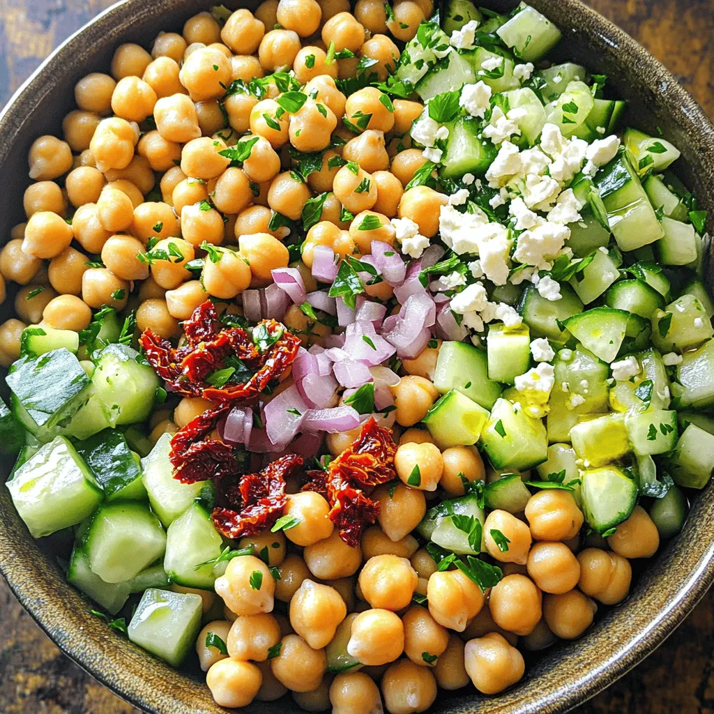 The Sun-Dried Tomato Chickpea Salad is simple to make and full of flavor. Here’s what you need: - 1 can (15 oz) chickpeas, thoroughly drained and rinsed - 1/2 cup sun-dried tomatoes, roughly chopped - 1/4 cup red onion, finely diced - 1/2 cucumber, peeled and diced - 1/4 cup feta cheese, crumbled into small pieces - 2 tablespoons fresh parsley, finely chopped - 2 tablespoons extra virgin olive oil - 1 tablespoon freshly squeezed lemon juice - 1 teaspoon dried oregano - Salt and freshly ground black pepper, to taste This mix of ingredients creates a bright, fresh dish. Chickpeas add protein and fiber. Sun-dried tomatoes give a sweet and tangy taste. The red onion adds a sharp bite, while cucumber brings crunch. Feta cheese adds creaminess to the salad. Fresh parsley brightens the flavors. Make sure to use high-quality extra virgin olive oil for the best taste. Fresh lemon juice adds a zesty kick. Dried oregano brings an earthy flavor that ties everything together. Adjust salt and pepper to your liking for a perfect balance. For the full recipe, follow the steps to enjoy this delightful salad. It's quick to prepare and great for lunch or dinner! To make this salad, start with a large mixing bowl. Combine the following ingredients: - 1 can (15 oz) chickpeas, thoroughly drained and rinsed - 1/2 cup sun-dried tomatoes, roughly chopped - 1/4 cup red onion, finely diced - 1/2 cucumber, peeled and diced - 1/4 cup feta cheese, crumbled into small pieces Gently stir the ingredients together. This ensures an even distribution of flavors and textures. In a separate small bowl, whisk together the dressing ingredients: - 2 tablespoons extra virgin olive oil - 1 tablespoon freshly squeezed lemon juice - 1 teaspoon dried oregano - Salt and freshly ground black pepper, to taste Mix until well combined. You want the oil and lemon juice to emulsify, meaning they blend into a smooth mixture. Drizzle the dressing over the salad base. Toss gently to coat everything evenly. Be careful not to break the chickpeas or feta cheese. After mixing, sprinkle the freshly chopped parsley on top. Give it one last gentle toss. Cover the salad and let it rest for at least 15 minutes. This time allows the flavors to meld together, enhancing the taste. You can serve it chilled or at room temperature for the best experience. For the full recipe, check the ingredients and instructions above. To make your Sun-Dried Tomato Chickpea Salad stand out, choose a nice serving bowl. A colorful bowl can catch the eye and add to the meal. You can layer the salad to show off its colors. Start with chickpeas at the bottom, then add layers of sun-dried tomatoes, cucumbers, and red onions. For garnishing, sprinkle extra parsley leaves on top. This adds a fresh touch. You can also add a few crumbles of feta cheese over the top. This gives a nice contrast to the vibrant colors of the salad. If you want to impress, serve it with crusty bread or pita on the side. You can make this salad ahead of time. Store it in the fridge for a quick meal later. After you mix it, cover the salad well. It stays fresh for 2 to 3 days. The flavors will deepen as it sits. For meal prepping, divide the salad into single-serving containers. This makes it easy to grab and go. Keep the dressing separate until you are ready to eat. This keeps the salad crisp and fresh. Enjoy your meal! For the full recipe, check out the details above. {{image_4}} You can switch out chickpeas for other beans. Black beans or kidney beans work well. They add a different taste and texture. If you want to try lentils, they can also be good. For a dairy-free option, use a vegan feta cheese. There are many brands available. You can also skip the cheese and add more vegetables. This keeps the salad fresh and tasty. To boost the flavor, add spices like cumin or paprika. These spices can take your salad to a new level. You could also add bell peppers or corn for a nice crunch. If you want more protein, add grilled chicken or tofu. These options make the salad heartier. You can even mix in some nuts or seeds for added texture. For the full recipe, check out the details above and create your own delicious twist! To keep your Sun-Dried Tomato Chickpea Salad fresh, use these tips: - Store in an airtight container. - Layer ingredients to prevent sogginess. - Keep dressing separate until serving. - Use glass containers for better preservation. Glass keeps the salad fresh longer. It also helps you see the colorful layers. Your salad lasts up to three days in the fridge. After that, it may lose its crunch. Watch for these signs of spoilage: - Change in smell or color. - Soft or mushy chickpeas. - Feta cheese that appears slimy. If you notice these signs, it's best to throw it away. Enjoy the salad while it's fresh for the best taste! For the full recipe, click [Full Recipe]. To make this salad, start by gathering your ingredients. You need chickpeas, sun-dried tomatoes, red onion, cucumber, feta cheese, parsley, olive oil, lemon juice, oregano, salt, and pepper. 1. In a large bowl, mix the chickpeas, sun-dried tomatoes, cucumber, onion, and feta. 2. In a small bowl, whisk olive oil, lemon juice, oregano, salt, and pepper together. 3. Pour the dressing over the salad and toss gently. 4. Add the parsley and mix lightly. 5. Let the salad rest for 15 minutes. This helps the flavors blend well. You can find the full recipe above for detailed steps. Yes! This salad is perfect for meal prep. You can prepare it a day in advance. Just store it in an airtight container in the fridge. The flavors will deepen, making it taste even better. Make sure to keep the salad covered to keep it fresh. This salad pairs well with many dishes. Here are some ideas: - Grilled chicken or fish for added protein. - Crusty bread or pita to scoop up the salad. - A light soup like tomato basil for a cozy meal. - Roasted vegetables for a colorful plate. These options will enhance your meal and make it even more enjoyable! This blog post detailed how to create a refreshing Sun-Dried Tomato Chickpea Salad. We covered the necessary ingredients, simple steps to prepare, and tips for presentation. You can enhance this salad with various substitutes or flavors. Proper storage ensures freshness and keeps meals tasty longer. Remember, this salad is not just easy to make—it's also adaptable. Enjoy making it your own, and delight your taste buds with every bite. Your next meal can be both fun and healthy!