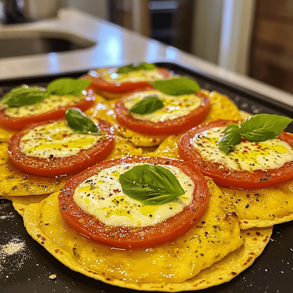 For a great Margherita tortilla pizza, you need simple, fresh ingredients. Here’s what you’ll need: - 4 large flour tortillas - 1 cup marinara sauce - 2 cups fresh mozzarella cheese, sliced into rounds - 1 large ripe tomato, thinly sliced - 1/4 cup fresh basil leaves, whole - 2 tablespoons olive oil - Salt and freshly ground pepper, to taste - Red pepper flakes (optional, for a spicy kick) These ingredients work together to create a delightful flavor and texture. Using fresh ingredients makes a big difference. Fresh mozzarella has a creamy taste and soft texture. Ripe tomatoes add sweetness and juiciness. Fresh basil gives that lovely aroma. Store-bought ingredients can save time but may lack flavor. If you can, choose fresh. When shopping, look for quality. Choose tortillas that are soft and pliable. For cheese, pick the freshest mozzarella available. Check for bright red tomatoes with no bruises. For basil, look for vibrant green leaves. Fresh ingredients make your pizza shine. Making a Margherita tortilla pizza is simple and quick. You start by preheating the oven. Then, prepare tortillas and add sauce. After that, layer on cheese and toppings. Finally, bake until golden and bubbly. First, you need four large flour tortillas. Place them flat on a lined baking sheet. Use parchment paper to stop sticking. Brush a light coat of olive oil on each tortilla. This step helps them get nice and crispy. Next, take one cup of marinara sauce. Spread about 1/4 cup on each tortilla. Leave a little edge for crust. Now, slice fresh mozzarella into rounds. Place two cups of these cheese rounds on top. Add thin slices of one large ripe tomato. Make it pretty and colorful. Season with salt, pepper, and red pepper flakes if you like a kick. Set your oven to 400°F (200°C). Once it's hot, put the baking sheet in the center. Bake for 10 to 12 minutes. Watch for the cheese to bubble and the edges to brown. When done, remove pizzas and add fresh basil leaves. Let them cool for a few minutes. Then, slice into wedges to serve. For more details, check the full recipe. To get that nice, crispy base, choose large flour tortillas. They bake evenly and hold toppings well. Brush the tortillas with olive oil before adding sauce. This step helps them crisp up in the oven. Bake at 400°F (200°C) for 10 to 12 minutes. Keep an eye on them. You want bubbly cheese and golden edges. One mistake is using too much sauce. This can make your pizza soggy. Spread about 1/4 cup of marinara sauce evenly. Also, don’t skip the salt and pepper. These simple seasonings boost flavor. Lastly, remember to preheat the oven. A hot oven makes a big difference in cooking. You can add more toppings to make your pizza unique. Try sliced olives or roasted red peppers for extra taste. For a spicy kick, sprinkle red pepper flakes on top. Consider adding arugula after baking for a fresh touch. Each addition can change the flavor and make your meal special. {{image_4}} You can change the toppings to make your Margherita Tortilla Pizza unique. Try adding pepperoni for a meaty bite or mushrooms for earthiness. You can use bell peppers for crunch and sweetness or olives for a salty kick. For a twist, switch the fresh mozzarella with goat cheese or feta. Each of these options brings its own flavor and texture to the dish. If you need gluten-free options, there are great substitutes for tortillas. Look for corn tortillas, which are naturally gluten-free. They have a nice flavor and crisp up well in the oven. You can also use brown rice tortillas for a heartier choice. Ensure to check the labels for any hidden gluten. Using seasonal ingredients can elevate your pizza. In summer, add fresh zucchini or sweet corn for a light touch. In fall, consider slices of butternut squash or pears for a sweet twist. In winter, you can use roasted root veggies like carrots or beets. These seasonal flavors not only taste great but also make your pizza vibrant and colorful. For the full recipe, check out the Margherita Tortilla Pizza . To store leftover Margherita tortilla pizza, let it cool first. Once cooled, cut it into slices. Place the slices in an airtight container. You can also wrap them in plastic wrap. Store the container in the fridge. This method keeps the pizza fresh for up to three days. Reheating is key to enjoying your pizza again. I recommend using an oven for the best taste. Preheat the oven to 350°F (175°C). Place the slices on a baking sheet. Heat for about 10 minutes or until warm. This helps keep the crust crispy. You can also use a skillet. Heat the skillet over medium heat. Add the pizza slice and cover it. This method takes about 5 minutes. It warms the pizza well and keeps it crispy. If you want to store pizza for longer, freezing is a great option. First, let the pizza cool completely. Wrap each slice tightly in plastic wrap. Then, place the wrapped slices in a freezer bag. Make sure to remove as much air as possible. This way, your pizza can last up to two months. When you're ready to eat it, thaw it in the fridge overnight before reheating. This method ensures you have tasty pizza ready when you crave it. For the full recipe, check out the details above! Margherita Tortilla Pizza is unique because it uses tortillas instead of dough. Tortillas are thin and cook faster. This pizza has a crisp base and a different texture. It also focuses on fresh ingredients. You will find mozzarella, tomatoes, and basil, just like in classic Margherita pizza. The flavors shine more with the tortilla base. Yes, you can prepare Margherita Tortilla Pizza ahead of time. Assemble the pizzas but do not bake them. Cover them with plastic wrap and store them in the fridge. You can bake them later when you're ready to eat. This method saves time and keeps the meal fresh. Fresh mozzarella is the best cheese for Margherita Tortilla Pizza. It melts beautifully and has a creamy texture. Look for mozzarella sold in water or brine for the best flavor. You can also use burrata for a richer taste. If you prefer, you can mix in some shredded mozzarella for extra stretch. To change the spice level, you can adjust the red pepper flakes. Add more if you like heat or leave them out for mild flavor. You can also use spicy marinara sauce to amp up the heat. Another option is to sprinkle some chili oil on top after baking for a spicy finish. This article covered all you need to make a great Margherita Tortilla Pizza. We discussed choosing fresh ingredients, following simple steps, and avoiding common mistakes. Crispiness matters, so use my tips for the best results. Don't forget to get creative with toppings and store any leftovers properly. With these insights, you'll enjoy a tasty, easy meal. Dive in and make your own culinary creation today!
