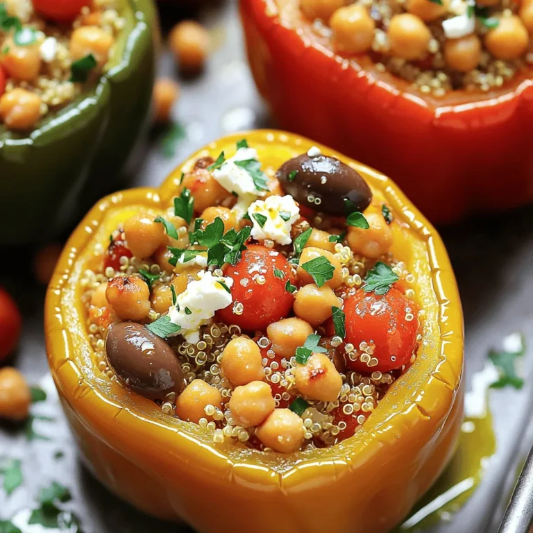 - 4 large bell peppers (any color for a vibrant presentation) - 1 cup quinoa, thoroughly rinsed under cold water - 2 cups vegetable broth (preferably low-sodium) - 1 can (15 oz) chickpeas, rinsed and drained - 1 cup cherry tomatoes, halved - 1/2 cup Kalamata olives, pitted and coarsely chopped - 1/2 cup feta cheese, crumbled - 1 teaspoon dried oregano - 1 teaspoon garlic powder - 1/2 teaspoon smoked paprika for an extra flavor dimension - 1 tablespoon olive oil (plus more for drizzling) - Salt and freshly cracked black pepper to taste - Fresh parsley, finely chopped for garnish Quinoa is a super grain. It is full of protein and fiber. This helps you feel full and strong. Chickpeas add extra protein and fiber too. They also bring a nice texture. These ingredients make the dish healthy and tasty! You can add more fun toppings to your stuffed peppers. Try slices of avocado or a sprinkle of fresh herbs like basil or mint. You can also play with seasonings. A dash of cumin or chili powder can give your dish a kick. Experimenting with flavors makes cooking exciting! For more ideas, check the Full Recipe for extra suggestions. 1. Preheat the Oven: Set your oven to 375°F (190°C). This helps cook the peppers evenly. 2. Prepare the Peppers: Cut the tops off the bell peppers. Remove the seeds and membranes. Drizzle olive oil on the outside and sprinkle with salt. Place the peppers cut-side up in a snug baking dish. 3. Cook the Quinoa: In a medium saucepan, mix 1 cup of rinsed quinoa with 2 cups of vegetable broth. Bring it to a boil over medium-high heat. Once boiling, lower the heat and cover. Let it simmer for about 15 minutes until fluffy. 1. Mix the Filling: In a large bowl, combine the cooked quinoa with chickpeas, halved cherry tomatoes, chopped Kalamata olives, crumbled feta, dried oregano, garlic powder, and smoked paprika. Drizzle in a tablespoon of olive oil. Season with salt and black pepper. Stir until well mixed. 2. Stuff the Peppers: Spoon the filling into each bell pepper. Pack it down lightly to maximize filling. 1. Bake the Peppers: Cover the baking dish with aluminum foil. Bake for 25 minutes. After that, remove the foil and bake for another 10 minutes until tender and slightly charred. 2. Garnish and Serve: Take the dish out and let it cool for a few minutes. Just before serving, sprinkle with fresh parsley. Serve on a colorful plate, drizzling any juices over the top. You can add extra cherry tomato halves for a lovely touch. For the complete process, check the Full Recipe. Enjoy making these delightful Mediterranean Quinoa Stuffed Peppers! To achieve perfect quinoa texture, rinse the quinoa well before cooking. Rinsing removes bitter saponins. Use two cups of vegetable broth for one cup of quinoa. This adds more flavor. Bring the broth to a boil, then lower the heat. Cover and let it simmer for about fifteen minutes. You should see fluffy grains when it's done. For roasting peppers, preheat your oven to 375°F (190°C). Cut the tops off the peppers and remove seeds. Drizzle olive oil on the outside and sprinkle salt. Place them cut-side up in a snug baking dish. Cover with foil for the first part of baking. This keeps them moist. Remove the foil for the last ten minutes to get a nice char on the peppers. To enhance flavors, consider adding spices like cumin or coriander. Fresh herbs like basil or mint give a nice twist. You can also use red pepper flakes for some heat. Customize the filling for dietary needs. Swap chickpeas for black beans if you prefer. You can also leave out the cheese for a vegan version. Garnish your stuffed peppers with fresh parsley to add color. A sprinkle of feta on top makes it look gourmet. Serve on a colorful plate for visual appeal. Use a drizzle of leftover juices from the baking dish over the peppers. Add cherry tomato halves around the plate for extra flair. Enjoy the vibrant look and flavors of your Mediterranean quinoa stuffed peppers! {{image_4}} You can easily swap quinoa for rice or couscous. This gives you more options and flavors. For non-vegetarian versions, try adding ground turkey or chicken. These meat options add protein and richness. You can also use beef or lamb for a heartier taste. Each choice will change the dish while still keeping it delicious. Mediterranean quinoa stuffed peppers can have many flavors. Try adding spices like cumin or coriander for a North African twist. You can also mix in fresh herbs like basil or dill for a lighter taste. Seasonal produce works well too. Use zucchini in summer or squash in autumn. This lets you enjoy the dish all year long. You can make the dish vegan by omitting feta cheese. Instead, try using nutritional yeast for a cheesy flavor. For a gluten-free option, stick with quinoa. It is naturally gluten-free and packed with nutrients. Always check labels on other ingredients, like broth, to ensure they are gluten-free. This way, everyone can enjoy these tasty stuffed peppers. To keep your Mediterranean quinoa stuffed peppers fresh, follow these simple steps: - Refrigeration: Place leftovers in an airtight container. They can stay fresh in the fridge for about 3 to 5 days. - Freezing: If you want to store them longer, freeze the stuffed peppers. Wrap them tightly in plastic wrap, then place in a freezer-safe bag. They can last up to 3 months in the freezer. Make sure to label your containers. This helps you know what’s inside and when you made it. Reheating your stuffed peppers correctly helps keep their flavor and texture. Here are the best ways to do it: - Oven Method: Preheat your oven to 350°F (175°C). Place the peppers in a baking dish. Cover with foil to prevent drying out. Heat for about 20 minutes or until warmed through. - Microwave Method: Place a stuffed pepper on a microwave-safe plate. Cover with a damp paper towel. Heat for 2 to 3 minutes. Check if it’s hot; if not, heat in 30-second intervals. To avoid sogginess, do not add extra moisture when reheating. Keep the cover loose to let steam escape. Enjoy your flavorful meal again! What can I serve with Mediterranean Quinoa Stuffed Peppers? I love serving these stuffed peppers with a side salad. A fresh green salad pairs well. You can add a simple lemon vinaigrette for a zesty touch. You might also try serving them with warm pita bread or tzatziki sauce. These dips add creaminess and flavor. Can I prepare the filling in advance? Absolutely! You can make the filling up to two days ahead. Just store it in an airtight container in the fridge. When you're ready, stuff the peppers and bake. This saves time on busy days. What should I do if my peppers are too firm after baking? If your peppers are still firm, try baking them longer. Cover them again with foil to keep moisture in. Bake for an extra 10 to 15 minutes. This can help them soften up nicely. How do I know if the quinoa is cooked properly? Check the quinoa after about 15 minutes of cooking. The grains should look fluffy and slightly translucent. If you see a little white tail, it’s ready! If not, add a splash of water and cook for a few more minutes. Caloric breakdown per serving Each stuffed pepper has about 350 calories. This makes it a filling yet light meal. Key nutrition highlights from the ingredients - Quinoa is a great source of protein and fiber. - Chickpeas add more protein and help keep you full. - The colorful veggies boost vitamins and minerals. - Feta cheese gives calcium and flavor. Enjoy these insights as you create your Mediterranean Quinoa Stuffed Peppers! For the full recipe, check out the earlier section. Mediterranean Quinoa Stuffed Peppers bring flavor and nutrition to your table. We covered essential ingredients, cooking steps, and tips to make this dish a hit. You can adjust the recipe with various flavors and toppings to suit your taste. Don't forget to store leftovers properly for future meals. This dish not only satisfies your hunger but also supports good health. Now, you’re ready to enjoy a tasty and colorful meal that's sure to impress!