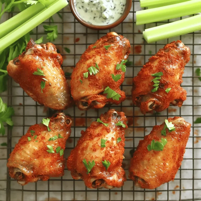 To make crispy baked chicken wings, you need the following ingredients: - 2 pounds of chicken wings, cleaned and thoroughly patted dry - 1 tablespoon of baking powder - 1 teaspoon of garlic powder - 1 teaspoon of onion powder - 1 teaspoon of smoked paprika - 1 teaspoon of cayenne pepper (adjust to taste for desired heat) - Salt and black pepper, to taste - 2 tablespoons of olive oil - Fresh parsley, finely chopped (for garnishing) These ingredients work together to create amazing flavor and crispiness. The baking powder is key. It helps dry out the skin, making it extra crispy when baked. For this recipe, here are the tools you need: - Baking sheet - Aluminum foil - Wire rack - Large mixing bowl - Measuring spoons - Tongs Using a wire rack is important. It allows hot air to circulate around the wings, increasing crispiness. If you want to add more flavor, consider these optional items: - Garlic cloves, minced - Fresh herbs like thyme or rosemary - Hot sauce for serving These extras can make your wings even more delicious and fun to eat. You can easily adjust the recipe to match your taste. For the full recipe, check out the detailed instructions above. Start by preheating your oven to 425°F (220°C). This heat helps create crispy wings. While it warms up, line a baking sheet with aluminum foil. This makes cleanup easy. Place a wire rack on top of the baking sheet. The rack allows hot air to circulate, making the wings extra crispy. In a large bowl, mix the dry ingredients together. Combine 1 tablespoon of baking powder, 1 teaspoon of garlic powder, 1 teaspoon of onion powder, 1 teaspoon of smoked paprika, and 1 teaspoon of cayenne pepper. Add salt and black pepper to taste. Stir well to blend all the flavors. This spice mix gives the wings their tasty kick. Take your 2 pounds of cleaned chicken wings and put them in the bowl with the spice mix. Drizzle 2 tablespoons of olive oil over the wings. The oil helps the seasoning stick. Toss the wings in the mix. Make sure each wing is fully covered with the spices. This ensures every bite is packed with flavor. Now, spread the coated wings on the wire rack. Lay them in a single layer, ensuring they do not touch. This space allows each wing to crisp up nicely. If they are too close, they will steam instead of bake. Place the wire rack with wings in the oven. Bake for 40 to 45 minutes. Halfway through, turn the wings over. This step helps them brown evenly. Your wings are ready when they are golden brown and reach an internal temperature of 165°F (75°C). Once baked, take the wings out and let them rest for a few minutes. This helps keep them juicy. After resting, sprinkle fresh parsley on top for color and taste. Serve your wings hot with celery sticks and blue cheese dressing if you like. Enjoy your crispy baked chicken wings! For the full recipe, check the details above. To get that perfect crispy skin on your baked chicken wings, you need to dry them well. Pat the wings dry with paper towels. This step is key. The moisture will stop them from crisping up. Next, use baking powder in your spice mix. It helps the skin puff up and get crispy. Spread the wings out on a wire rack. This allows hot air to flow around them, ensuring even cooking. Bake them at 425°F (220°C) for the best results. One common mistake is overcrowding the wings on the baking sheet. This traps steam and makes them soggy. Always leave space between the wings. Another mistake is skipping the drying step. Wings need to be dry for that crunchy texture. Avoid using too much oil. A light drizzle is enough. Lastly, don’t forget to flip the wings halfway through baking. This helps them brown evenly. Baked chicken wings are great on their own, but you can enhance them. Serve the wings with celery sticks and blue cheese dressing. This adds a nice crunch and creaminess. You can also pair them with different sauces. BBQ, honey garlic, or spicy buffalo sauce work well. If you want, sprinkle fresh herbs like parsley on top for a pop of color. This not only looks nice but adds fresh flavor too. For the full recipe, check out the details I've shared. {{image_4}} You can spice up crispy baked chicken wings in many ways. For heat lovers, add more cayenne pepper or hot sauce. This will make your wings really spicy. If you like sweet flavors, try honey garlic. Mix honey, garlic, and soy sauce for a tasty glaze. Pour it over the wings before baking. For BBQ fans, use your favorite BBQ sauce. Brush it on after baking for a sticky, flavorful finish. Each variation makes the wings unique, so feel free to get creative! You can cook your wings in an oven or air fryer. Both methods can give you crispy wings. If you use the air fryer, set it to 400°F (200°C). Cook the wings for about 25-30 minutes. Shake the basket halfway through for even cooking. This method is quick and uses less oil, making it a healthy choice. The oven method, as in the full recipe, takes a bit longer but gives a great crisp too. Choose the one that fits your time and taste! Not everyone likes spicy food. To make milder wings, skip the cayenne pepper. You can also reduce the amount of garlic powder for a softer flavor. For kids, consider using just salt and pepper for seasoning. If you want to add flavor without the heat, try adding lemon juice or herbs like rosemary. These options keep the wings tasty but less intense. Adjusting the heat makes your wings perfect for everyone at the table! After enjoying your crispy baked chicken wings, you may have some left. To store them, place the wings in an airtight container. Keep them in the fridge for up to three days. This way, they stay fresh and tasty. You can also cover them with foil or plastic wrap. Just make sure they are completely cool before sealing them up. When you are ready to enjoy the leftovers, reheating them can be tricky. To keep them crispy, use your oven. Preheat it to 350°F (175°C). Spread the wings on a baking sheet. Heat them for about 10-15 minutes. This method helps them regain their crunch. You can also use an air fryer. It works well to keep the wings crispy without drying them out. If you want to keep your wings for a longer time, freezing is a great option. First, let the wings cool completely. Then, place them in a freezer-safe bag. Remove as much air as possible before sealing. You can freeze them for up to three months. When you are ready to eat them, thaw them in the fridge overnight. Reheat them in the oven or air fryer for the best texture. This makes it easy to enjoy crispy baked chicken wings anytime! Bake your chicken wings for 40-45 minutes. This time helps them become golden and crispy. Turning them halfway through ensures they cook evenly. Always check that they reach an internal temperature of 165°F (75°C). Yes, you can use frozen chicken wings. However, you should thaw them first. Pat them dry to remove excess moisture. This helps achieve that crispy texture you want. The best temperature is 425°F (220°C). This high heat cooks the wings quickly. It also helps the skin become crispy while keeping the meat juicy. To add spice, increase the cayenne pepper in the recipe. You can also add hot sauce to the wings before baking. Another option is to toss baked wings in a spicy sauce after cooking. Yes, baking powder is important. It helps the skin become crispier. The baking powder raises the pH level of the chicken skin, allowing it to brown better. This simple step makes a big difference in texture. For the full recipe, check the earlier section. Crispy baked chicken wings are easy to make. You need the right ingredients, tools, and steps. By following the guide, you learn how to achieve perfect wings. Tips help you avoid mistakes and enhance flavor. Variations let you enjoy different tastes, while storage tips keep leftovers fresh. Now, you are ready to bake your delicious wings. Enjoy your tasty creation with friends or family!