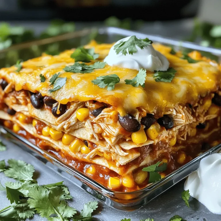 - 2 cups cooked chicken, shredded - 1 can (10 oz) red enchilada sauce - 1 can (15 oz) black beans, rinsed and drained - 1 cup corn kernels (fresh, frozen, or canned) - 1 small onion, finely chopped - 2 cloves garlic, minced - 2 cups shredded Mexican cheese blend - 8 small corn tortillas, cut into quarters - 1 teaspoon ground cumin - 1 teaspoon chili powder - ½ teaspoon salt - ¼ teaspoon black pepper - 1 cup sour cream (for serving) - Fresh cilantro, chopped (for garnish) When I make Chicken Enchilada Casserole, I love using fresh, simple ingredients. Each item adds flavor and texture. You can use rotisserie chicken for a quick option. It saves time and keeps the dish tasty. The red enchilada sauce gives it that signature kick. I prefer black beans for added protein. They blend well with the other flavors. Corn adds sweetness and a nice crunch. I often choose fresh corn when it's in season, but frozen works great too. Onions and garlic bring an aromatic base. They make the kitchen smell amazing while cooking. The cheese is essential. I like a Mexican cheese blend because it melts beautifully. Corn tortillas are the heart of this dish, creating layers of goodness. The spices, like cumin and chili powder, enhance the flavors without overwhelming them. Finally, a dollop of sour cream and fresh cilantro on top makes it perfect. This combination of ingredients creates a hearty meal your family will love. For the complete recipe, check the Full Recipe section. 1. Preheat the oven to 350°F (175°C). This helps cook the casserole just right. 2. In a large skillet, heat a little oil over medium heat. Add the chopped onion. Sauté for 3-4 minutes. Wait until the onion turns soft and clear. 3. Next, add minced garlic to the skillet. Cook for 1 more minute. This will fill your kitchen with a lovely smell. 4. Stir in the shredded chicken and red enchilada sauce. Add the rinsed black beans, corn, cumin, chili powder, salt, and pepper. Mix well and cook for 5-7 minutes. Make sure everything is hot and well combined. 1. Grease a 9x13 inch baking dish with a little oil or butter. This prevents sticking. 2. Take half of the tortilla quarters and place them at the bottom of the dish. Overlap them slightly to cover the bottom. 3. Spoon half of the chicken mixture over the tortillas. Spread it out evenly. Then, sprinkle 1 cup of shredded cheese on top. 4. Repeat with the remaining tortilla quarters and chicken mixture. Top with the rest of the cheese for a cheesy crust. 1. Cover the casserole tightly with aluminum foil. Bake for 20 minutes. This allows the flavors to mix well. 2. After 20 minutes, remove the foil. Bake uncovered for an extra 10-15 minutes. Wait until the cheese is bubbly and golden. 3. When done, take the casserole out of the oven. Let it cool for about 5 minutes before serving. This makes it easier to cut and serve. Enjoy this savory chicken enchilada casserole with your family! For the full recipe, check out the details above. - Use rotisserie chicken for time-saving: Rotisserie chicken is great for busy days. It saves time and adds flavor. Just shred it and mix it into your casserole. You get tasty results without a lot of work. - How to properly layer for even cooking: Start with tortilla quarters at the bottom. This helps soak up the sauce and keeps the bottom from getting soggy. Spread the chicken mixture evenly over the tortillas. Repeat this process. Finish with cheese on top for a bubbly crust. - Adjusting spice levels: If you like heat, add more chili powder or some diced jalapeños. For milder flavors, reduce the chili powder. Taste as you go to find your perfect balance. - Additional toppings and garnishes ideas: Try adding sliced avocado, diced tomatoes, or pickled red onions. These bright toppings add color and flavor. A sprinkle of fresh cilantro also makes your dish pop! - Best side dishes to serve with casserole: Serve with a simple green salad or Mexican rice. These sides add freshness and balance the rich casserole. You can also offer tortilla chips for crunch. - How to present for a family meal: Cut the casserole into squares for easy serving. Use a large spoon to add a dollop of sour cream on top. Finish with a sprinkle of cilantro for a beautiful presentation. Enjoy this meal around the table! {{image_4}} You can easily swap ingredients in your Chicken Enchilada Casserole. If you want a different meat, use turkey or beef instead of chicken. Both options taste great and keep the dish hearty. For a vegetarian version, try using black beans and colorful veggies like bell peppers or zucchini. These swaps keep the casserole flavorful and filling. If you need gluten-free options, use corn tortillas instead of flour ones. They work perfectly in this casserole and add a nice flavor. For those who want a dairy-free meal, look for plant-based cheese and sour cream. These substitutes will still give you the creamy texture you love without the dairy. To change the flavor profile, add some spice! For a Mexican-inspired twist, mix in jalapeños or your favorite salsa. This will add a kick and extra layers of flavor. If you prefer a Southwestern style, try adding more spices like smoked paprika or cayenne pepper. This will give the casserole a warm, smoky taste that everyone will enjoy. For the full recipe, check out [Full Recipe]. Store leftover Chicken Enchilada Casserole in an airtight container. This keeps it fresh. Make sure it cools down before sealing. It lasts about 3-4 days in the fridge. If you notice any odd smell or color, it's best to toss it. You can freeze the casserole both before and after baking. If you freeze it before baking, wrap it tightly in plastic wrap. Bake it straight from the freezer. This usually takes about 45-60 minutes at 350°F. If you freeze it after baking, let it cool first. Cover it with foil or plastic wrap. To reheat, bake at 350°F for about 30 minutes, or until hot. You can make this casserole ahead for busy weeknights. Simply prepare it a day in advance and store it in the fridge. Portion it into individual servings for quick meals. This way, you can just grab and heat it when needed. It makes weeknight dinners simple and stress-free. Can I make Chicken Enchilada Casserole in advance? Yes, you can make this dish ahead of time. Prepare it up to the baking step. Cover it and store it in the fridge. When ready, bake it straight from the fridge. This saves time on busy nights. What can I substitute for black beans? You can use pinto beans, kidney beans, or chickpeas. Each option adds a unique flavor. Just rinse and drain them before adding. How do I reheat leftovers without drying out the dish? To reheat, cover the casserole with foil. Heat it in a 350°F oven for about 20 minutes. This keeps it moist and warm. You can also microwave individual portions with a damp paper towel. What size baking dish should I use? I recommend a 9x13 inch baking dish. This size holds all the layers well. It helps the casserole cook evenly. How do I know when the casserole is completely done? The casserole is done when the cheese is golden and bubbly. Insert a knife in the center; it should be hot. The layers should look set and not runny. Can I adjust the spice level of the casserole? Yes, you can make it spicier or milder. Add more chili powder for heat. For milder flavor, reduce the spices or choose mild enchilada sauce. What are the best toppings to add for extra flavor? You can add sliced jalapeños, diced avocado, or fresh lime juice. Chopped green onions and extra cilantro also give a nice touch. These toppings enhance the dish's taste and look. This Chicken Enchilada Casserole is easy and fun to make, with great flavors. You learned about ingredients, step-by-step instructions, and tips for better cooking. Don’t forget to try different variations, depending on your taste or needs. Storing leftovers is simple, making this dish great for meal prep. This recipe is perfect for family meals or gatherings. Enjoy the warmth and comfort it brings to your table. Now, grab your ingredients and start cooking!