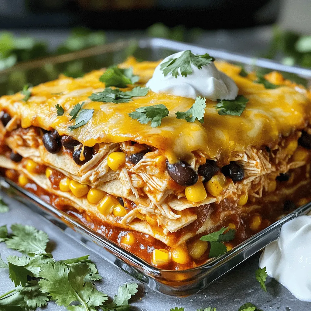 - 2 cups cooked chicken, shredded - 1 can (10 oz) red enchilada sauce - 1 can (15 oz) black beans, rinsed and drained - 1 cup corn kernels (fresh, frozen, or canned) - 1 small onion, finely chopped - 2 cloves garlic, minced - 2 cups shredded Mexican cheese blend - 8 small corn tortillas, cut into quarters - 1 teaspoon ground cumin - 1 teaspoon chili powder - ½ teaspoon salt - ¼ teaspoon black pepper - 1 cup sour cream (for serving) - Fresh cilantro, chopped (for garnish) When I make Chicken Enchilada Casserole, I love using fresh, simple ingredients. Each item adds flavor and texture. You can use rotisserie chicken for a quick option. It saves time and keeps the dish tasty. The red enchilada sauce gives it that signature kick. I prefer black beans for added protein. They blend well with the other flavors. Corn adds sweetness and a nice crunch. I often choose fresh corn when it's in season, but frozen works great too. Onions and garlic bring an aromatic base. They make the kitchen smell amazing while cooking. The cheese is essential. I like a Mexican cheese blend because it melts beautifully. Corn tortillas are the heart of this dish, creating layers of goodness. The spices, like cumin and chili powder, enhance the flavors without overwhelming them. Finally, a dollop of sour cream and fresh cilantro on top makes it perfect. This combination of ingredients creates a hearty meal your family will love. For the complete recipe, check the Full Recipe section. 1. Preheat the oven to 350°F (175°C). This helps cook the casserole just right. 2. In a large skillet, heat a little oil over medium heat. Add the chopped onion. Sauté for 3-4 minutes. Wait until the onion turns soft and clear. 3. Next, add minced garlic to the skillet. Cook for 1 more minute. This will fill your kitchen with a lovely smell. 4. Stir in the shredded chicken and red enchilada sauce. Add the rinsed black beans, corn, cumin, chili powder, salt, and pepper. Mix well and cook for 5-7 minutes. Make sure everything is hot and well combined. 1. Grease a 9x13 inch baking dish with a little oil or butter. This prevents sticking. 2. Take half of the tortilla quarters and place them at the bottom of the dish. Overlap them slightly to cover the bottom. 3. Spoon half of the chicken mixture over the tortillas. Spread it out evenly. Then, sprinkle 1 cup of shredded cheese on top. 4. Repeat with the remaining tortilla quarters and chicken mixture. Top with the rest of the cheese for a cheesy crust. 1. Cover the casserole tightly with aluminum foil. Bake for 20 minutes. This allows the flavors to mix well. 2. After 20 minutes, remove the foil. Bake uncovered for an extra 10-15 minutes. Wait until the cheese is bubbly and golden. 3. When done, take the casserole out of the oven. Let it cool for about 5 minutes before serving. This makes it easier to cut and serve. Enjoy this savory chicken enchilada casserole with your family! For the full recipe, check out the details above. - Use rotisserie chicken for time-saving: Rotisserie chicken is great for busy days. It saves time and adds flavor. Just shred it and mix it into your casserole. You get tasty results without a lot of work. - How to properly layer for even cooking: Start with tortilla quarters at the bottom. This helps soak up the sauce and keeps the bottom from getting soggy. Spread the chicken mixture evenly over the tortillas. Repeat this process. Finish with cheese on top for a bubbly crust. - Adjusting spice levels: If you like heat, add more chili powder or some diced jalapeños. For milder flavors, reduce the chili powder. Taste as you go to find your perfect balance. - Additional toppings and garnishes ideas: Try adding sliced avocado, diced tomatoes, or pickled red onions. These bright toppings add color and flavor. A sprinkle of fresh cilantro also makes your dish pop! - Best side dishes to serve with casserole: Serve with a simple green salad or Mexican rice. These sides add freshness and balance the rich casserole. You can also offer tortilla chips for crunch. - How to present for a family meal: Cut the casserole into squares for easy serving. Use a large spoon to add a dollop of sour cream on top. Finish with a sprinkle of cilantro for a beautiful presentation. Enjoy this meal around the table! {{image_4}} You can easily swap ingredients in your Chicken Enchilada Casserole. If you want a different meat, use turkey or beef instead of chicken. Both options taste great and keep the dish hearty. For a vegetarian version, try using black beans and colorful veggies like bell peppers or zucchini. These swaps keep the casserole flavorful and filling. If you need gluten-free options, use corn tortillas instead of flour ones. They work perfectly in this casserole and add a nice flavor. For those who want a dairy-free meal, look for plant-based cheese and sour cream. These substitutes will still give you the creamy texture you love without the dairy. To change the flavor profile, add some spice! For a Mexican-inspired twist, mix in jalapeños or your favorite salsa. This will add a kick and extra layers of flavor. If you prefer a Southwestern style, try adding more spices like smoked paprika or cayenne pepper. This will give the casserole a warm, smoky taste that everyone will enjoy. For the full recipe, check out [Full Recipe]. Store leftover Chicken Enchilada Casserole in an airtight container. This keeps it fresh. Make sure it cools down before sealing. It lasts about 3-4 days in the fridge. If you notice any odd smell or color, it's best to toss it. You can freeze the casserole both before and after baking. If you freeze it before baking, wrap it tightly in plastic wrap. Bake it straight from the freezer. This usually takes about 45-60 minutes at 350°F. If you freeze it after baking, let it cool first. Cover it with foil or plastic wrap. To reheat, bake at 350°F for about 30 minutes, or until hot. You can make this casserole ahead for busy weeknights. Simply prepare it a day in advance and store it in the fridge. Portion it into individual servings for quick meals. This way, you can just grab and heat it when needed. It makes weeknight dinners simple and stress-free. Can I make Chicken Enchilada Casserole in advance? Yes, you can make this dish ahead of time. Prepare it up to the baking step. Cover it and store it in the fridge. When ready, bake it straight from the fridge. This saves time on busy nights. What can I substitute for black beans? You can use pinto beans, kidney beans, or chickpeas. Each option adds a unique flavor. Just rinse and drain them before adding. How do I reheat leftovers without drying out the dish? To reheat, cover the casserole with foil. Heat it in a 350°F oven for about 20 minutes. This keeps it moist and warm. You can also microwave individual portions with a damp paper towel. What size baking dish should I use? I recommend a 9x13 inch baking dish. This size holds all the layers well. It helps the casserole cook evenly. How do I know when the casserole is completely done? The casserole is done when the cheese is golden and bubbly. Insert a knife in the center; it should be hot. The layers should look set and not runny. Can I adjust the spice level of the casserole? Yes, you can make it spicier or milder. Add more chili powder for heat. For milder flavor, reduce the spices or choose mild enchilada sauce. What are the best toppings to add for extra flavor? You can add sliced jalapeños, diced avocado, or fresh lime juice. Chopped green onions and extra cilantro also give a nice touch. These toppings enhance the dish's taste and look. This Chicken Enchilada Casserole is easy and fun to make, with great flavors. You learned about ingredients, step-by-step instructions, and tips for better cooking. Don’t forget to try different variations, depending on your taste or needs. Storing leftovers is simple, making this dish great for meal prep. This recipe is perfect for family meals or gatherings. Enjoy the warmth and comfort it brings to your table. Now, grab your ingredients and start cooking!