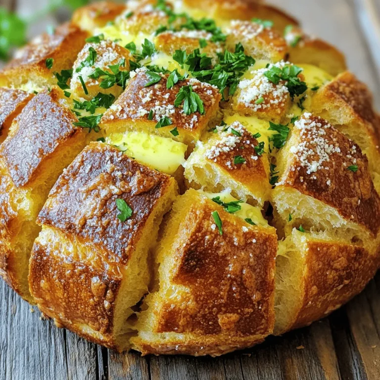 To make this Garlic Parmesan Pull-Apart Bread, you will need: - 1 loaf of fresh Italian bread (either round or rectangular works well) - 8 tablespoons unsalted butter, melted - 4 cloves garlic, finely minced - 1 cup freshly grated Parmesan cheese - 2 tablespoons fresh parsley, finely chopped - 1 teaspoon Italian seasoning - 1/2 teaspoon sea salt - 1/4 teaspoon freshly ground black pepper - Optional: 1/2 teaspoon red pepper flakes for a spicy kick You can boost the flavor of this bread with these options: - Fresh herbs like basil or thyme for a fresh taste - Mozzarella cheese for extra creaminess - Sun-dried tomatoes for a tangy twist - Olive oil for a richer texture Here are some swaps if you don’t have the main ingredients: - Use garlic powder instead of fresh garlic if needed - Any bread, like French or sourdough, works well - Grated Pecorino Romano can replace Parmesan cheese - Use vegan butter for a dairy-free option For a full recipe, check out the details above! Start by preheating your oven to 375°F (190°C). This temperature helps the bread cook evenly. While the oven heats, take your loaf of fresh Italian bread. Use a sharp knife to cut the top in a grid pattern. Don’t cut all the way through; leave the bottom intact. This will let you pull the pieces apart easily later. In a small mixing bowl, combine the melted butter and minced garlic. Add the Italian seasoning, sea salt, black pepper, and red pepper flakes if you want some heat. Stir the mixture well. You want every bit of flavor to blend together. This garlic butter will give your bread a rich taste. Use a pastry brush to spread the garlic butter into the cuts on the bread. Make sure to coat every small crevice. This step is key for flavor. Next, sprinkle the freshly grated Parmesan cheese over the bread. Press down lightly so the cheese sticks. Place the bread on a baking sheet lined with parchment paper. Cover it loosely with aluminum foil to stop it from browning too fast. Bake the bread in your preheated oven for 15 minutes. After that, carefully remove the foil. Bake it for another 10 to 15 minutes until it turns golden brown and crispy. The smell will fill your kitchen! Once the bread is done, take it out of the oven. Sprinkle the chopped parsley on top for some color and extra flavor. Serve the warm pull-apart bread right away. It’s fun for guests to pull apart the pieces. Enjoy every bite of the cheesy, garlicky goodness. For a nice touch, serve it on a wooden board with extra garlic butter for dipping. To get that soft, pull-apart texture, follow these tips: - Use fresh bread: Fresh Italian bread works best. - Cut carefully: Make deep cuts, but do not slice all the way through. - Drench in garlic butter: Fill every cut with garlic butter for flavor and moisture. - Cover while baking: Use foil to keep the bread soft at first. Avoid these common errors for the best outcome: - Not preheating the oven: Always preheat for even baking. - Skipping the butter: Do not skip the garlic butter. It adds flavor. - Not pressing the cheese: Press the cheese into the cuts to help it melt. - Overbaking: Bake until golden brown, but don't let it burn. You can boost the flavor of your pull-apart bread with these ideas: - Add herbs: Try fresh basil or thyme for extra taste. - Cheese variety: Mix in mozzarella for a gooey texture. - Spicy kick: Include red pepper flakes for heat. - Roasted garlic: Use roasted garlic for a sweeter flavor. For the full recipe, check out the Garlic Parmesan Pull-Apart Bread. {{image_4}} Using different cheeses can change the taste of your pull-apart bread. While Parmesan is classic, you can try mozzarella for a gooey texture. Cheddar adds a sharp flavor, making every bite unique. For a twist, use a mix of cheeses. This creates layers of flavor that will surprise your guests. Herbs can add depth to your bread. Try using fresh basil or oregano for an Italian vibe. For a more earthy taste, add thyme or rosemary. You can mix in a pinch of dill for a fresh twist. Each herb brings its own flair, so feel free to experiment. Serving your bread with dips can enhance the experience. Garlic butter is a great choice for dipping. You can also try marinara sauce for a classic Italian feel. For a spicy kick, serve it with a hot pepper dip. These options will make your meal more exciting. For more ways to enjoy this dish, check out the Full Recipe. After enjoying your Garlic Parmesan Pull-Apart Bread, you’ll want to store leftovers properly. First, let the bread cool completely at room temperature. Then, wrap it tightly in plastic wrap or aluminum foil. This helps keep the bread soft and fresh. You can also place it in an airtight container. It can last for up to three days on the counter. If you live in a humid area, keep it in the fridge to prevent mold. When it's time to enjoy leftover bread, reheating is key. Preheat your oven to 350°F (175°C). Remove any plastic wrap or foil. Place the bread on a baking sheet. Cover it loosely with aluminum foil. Bake for about 10 to 15 minutes. This warms the bread and keeps it from drying out. If you want a crispy exterior, remove the foil for the last 5 minutes. Freezing is a great way to save your Garlic Parmesan Pull-Apart Bread for later. First, wrap the cooled bread tightly in plastic wrap. Then, place it in a freezer-safe bag or container. Make sure to remove excess air. This will help prevent freezer burn. You can freeze it for up to three months. To enjoy, thaw it overnight in the fridge. Then, reheat it in the oven as mentioned above. Yes, you can use other types of bread. A French baguette works great. You can also try sourdough for a tangy twist. Just make sure the bread is fresh. It should be sturdy enough to hold the toppings. To make it vegan, swap the butter with vegan butter or olive oil. Use a plant-based cheese instead of Parmesan. There are many good options available today. This way, you still get that yummy taste without dairy. This bread pairs well with many dishes. Serve it with pasta, soups, or salads. It also works great as an appetizer at parties. You can even enjoy it alone, as it is so tasty. Yes, you can prepare the bread ahead of time. Cut the bread and add the garlic butter mixture. Wrap it tightly and keep it in the fridge. Bake it fresh when you’re ready to serve. This saves time and keeps it warm. To prevent sogginess, do not soak the bread in the garlic butter. Brush it lightly instead. Also, bake it right after preparing it. If you have leftovers, store them in a paper bag, not plastic. This helps keep the crust crispy. For the full recipe, check out the detailed instructions above. In this post, we covered every step for making Garlic Parmesan Pull-Apart Bread. You learned about the key ingredients and options for flavor. I shared tips for that perfect texture and common mistakes to avoid. You now know how to store leftovers and reheat them, too. This bread is a fun treat for any meal. It’s easy to customize and share. So, gather your ingredients and start baking today! Enjoy the cozy, garlicky goodness.