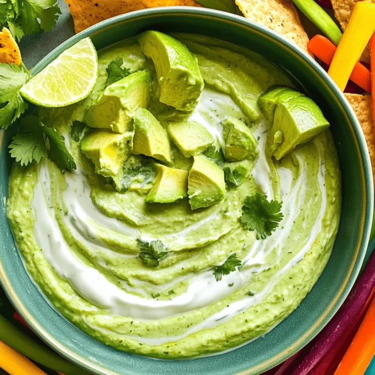 Here are the tasty ingredients you'll need for your Creamy Avocado Ranch Dip: - 2 ripe avocados, peeled and pitted - 1 cup Greek yogurt - 1 packet ranch seasoning mix - 1 tablespoon fresh lime juice - 1 clove garlic, minced - 1/4 cup fresh cilantro, chopped - Salt and pepper to taste - Optional accompaniments: assorted veggie sticks (carrots, celery, bell peppers) or crispy tortilla chips for serving This dip is not just easy to make; it’s also packed with flavor. The ripe avocados give it a creamy texture, while the Greek yogurt adds a tangy taste. The ranch seasoning mix brings in that familiar flavor that everyone loves. Don’t forget the fresh lime juice; it adds a nice zing! You can use fresh cilantro to brighten the dip up, and the minced garlic gives it a savory kick. Adjust the salt and pepper based on your taste. Feel free to serve this dip with crunchy vegetable sticks or crispy tortilla chips. Both pair perfectly, making your snack time fun and healthy. For the full recipe, check out the instructions in our detailed section! Creating the perfect creamy avocado ranch dip is easy and fun. Let's break down each step. - Mash the avocados: Start with two ripe avocados. Cut them in half, remove the pits, and scoop the green flesh into a bowl. Use a fork or potato masher and mash until smooth. - Combine with Greek yogurt: Next, add one cup of Greek yogurt to the mashed avocado. Stir gently. This forms a rich and creamy base that balances the flavor. - Add ranch seasoning and lime juice: Sprinkle the ranch seasoning mix over the avocado and yogurt blend. Then, squeeze in one tablespoon of fresh lime juice. Mix well until everything is blended. - Mix in garlic and cilantro: Take one clove of minced garlic and 1/4 cup of chopped cilantro. Fold these into the mixture. This adds a fresh taste and lovely aroma. - Taste and season with salt and pepper: Give your dip a taste. Add salt and pepper as desired. Adjust these to make the flavor pop. - Chill the dip before serving: For the best flavor, let the dip chill in the refrigerator for about an hour. This helps all the flavors mix well. - Transfer to a serving bowl and garnish: When you’re ready to serve, scoop the dip into a nice bowl. You can garnish with extra cilantro and lime wedges for a bright look. Now you’re all set to enjoy this delicious dip! For the full recipe, check out the details above. To make your dip great, use ripe avocados. Ripe avocados create a smooth and creamy texture. You can tell if they are ripe by gently squeezing them. If they yield slightly, they are ready. Adjust the seasoning to fit your taste. Start with the ranch seasoning mix, then add salt and pepper. Taste as you go. This step helps you create a dip that you love. Chill the dip for at least an hour. Chilling lets the flavors blend well, making it taste even better. It also gives the dip a nice, cool texture. Using a food processor can make your dip creamier. Blend the avocados, yogurt, and seasoning until smooth. This method saves time and enhances the dip's texture. Pairing your dip with veggie sticks adds crunch. Carrots, celery, and bell peppers work well. They add freshness and color to your plate. Choose the best crackers and chips for dipping. Tortilla chips are a great choice because they are sturdy. They hold up well and add an extra crunch to each bite. For more ideas, check out the Full Recipe for different ways to enjoy this dip! {{image_4}} To make a spicy avocado ranch dip, add jalapeños or hot sauce. This twist gives the dip a nice kick. Start by chopping fresh jalapeños. You can adjust the amount based on your heat preference. Stir these into your creamy base after mixing in the ranch seasoning. If you prefer hot sauce, just add a few drops to taste. This variation works great for those who love bold flavors. If you want a dairy-free option, substitute Greek yogurt with a plant-based alternative. Look for unsweetened coconut yogurt or almond yogurt. Both options create a creamy texture. Use the same amount as the Greek yogurt in the recipe. This way, you keep the rich taste while meeting dietary needs. It’s a simple swap that makes the dip accessible to more people. You can also enhance the dip by adding other flavors. Diced tomatoes or green onions work well in this recipe. For tomatoes, chop them finely and mix them in. They add a fresh taste and colorful look. Green onions can be sliced thin and stirred in for a hint of sharpness. Feel free to experiment with different herbs too. The goal is to make the dip your own. For the complete recipe, check out the Full Recipe. To keep your creamy avocado ranch dip fresh, you must store it well. Use an airtight container to prevent air from getting in. This helps keep the dip creamy and tasty. When you're not using the dip, always store it in the refrigerator. The cold will help maintain its flavor and texture. This dip is best enjoyed fresh, but you can store it for 2 to 3 days. After this time, the avocados may start to brown, and the flavors can fade. Make sure to check the dip before serving. If it looks or smells off, it’s best to toss it. For the full recipe, check out the detailed steps earlier in this article. To make this dip vegan, swap Greek yogurt for a plant-based yogurt. Look for unsweetened options to keep it savory. You can also use vegan ranch seasoning. This keeps the creamy texture and tangy flavor intact. Yes, you can use mayonnaise. It will change the flavor slightly. Mayonnaise adds richness, but the dip may be less tangy than with Greek yogurt. If you want a lighter dip, Greek yogurt is better. You can serve this dip with fresh veggie sticks. Carrots, celery, and bell peppers work great. Pita chips or crackers are also good options. You can even use it as a spread on sandwiches or wraps. I do not recommend freezing this dip. The avocado may change texture when thawed. It’s best to enjoy it fresh or store it in the fridge for a few days. This dip is quick to make. It only takes about 10 minutes to prepare. You can enjoy it right away or chill it for better flavor. For the full recipe, check the detailed instructions above. This blog post covered the tasty Creamy Avocado Ranch Dip. You learned the easy steps to make it and the best ingredients to use. We also explored tips for making it even better and offered fun variations. Finally, we discussed how to store it for freshness. Enjoying this dip with veggie sticks or chips makes it a hit at any gathering. I hope you feel ready to whip up this delicious dip and impress your friends!