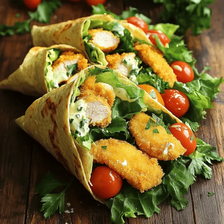 To make Chicken Caesar Wraps, you need fresh ingredients and simple tools. This recipe serves four and is quick to prepare in about 30 minutes. Here’s what you need: - 2 boneless, skinless chicken breasts - 1 cup Romaine lettuce, finely chopped - ½ cup cherry tomatoes, halved - ½ cup creamy Caesar dressing - ¼ cup grated Parmesan cheese - 1 teaspoon garlic powder - 1 teaspoon smoked paprika - Salt and freshly cracked black pepper, to taste - 4 large flour tortillas - Olive oil, for cooking - Fresh parsley, chopped, for garnish (optional) To cook Chicken Caesar Wraps, gather these tools: - A large skillet for cooking the chicken - A cutting board for slicing - A sharp knife for cutting the wraps - A mixing bowl for tossing the filling - Tongs to mix and serve the salad mix Using these fresh ingredients and tools, you’ll make a meal that is both tasty and satisfying. If you're ready for the full recipe, you can find it above. Start by seasoning the chicken. In a small bowl, mix garlic powder, smoked paprika, salt, and pepper. Rub this mix all over the chicken breasts. This step adds a lot of flavor. Next, heat a tablespoon of olive oil in a large skillet over medium heat. Once hot, add the seasoned chicken. Cook for about 6-7 minutes on each side. You need the chicken to reach 165°F inside. This way, it is fully cooked and safe to eat. After cooking, take the chicken out of the pan and let it rest on a cutting board for a few minutes. Resting makes the chicken juicy. Slice it into thin strips for easy wrapping. In a large mixing bowl, combine the chopped Romaine lettuce, halved cherry tomatoes, sliced chicken, creamy Caesar dressing, and grated Parmesan cheese. Use tongs to gently toss the mixture. Make sure everything is coated well in the dressing. This blend brings all the flavors together. Lay a tortilla flat on a clean surface. Spoon a good amount of the chicken Caesar mixture into the center. Be careful not to overfill it. Too much filling can make wrapping hard. Now, fold the sides of the tortilla inward. Then, roll it tightly from the bottom to the top. This keeps all the tasty filling inside. Repeat this process with the other tortillas and filling until you have all your wraps ready. For a crunchy texture, place the wraps seam-side down in the same skillet over medium heat. Cook for about 2-3 minutes on each side. You want them golden brown and crispy. This adds a nice touch to your wraps. Now, your Chicken Caesar Wraps are ready to enjoy! To make your chicken shine, use simple spices. Combine garlic powder, smoked paprika, salt, and pepper. This mix adds great flavor. Rub it all over your chicken breasts. Let it sit for a few minutes to soak in. Cooking the chicken in olive oil gives it a nice golden crust. Make sure to cook it until it reaches 165°F. This ensures it is safe to eat. When you assemble your wraps, be careful not to overfill them. Too much filling can lead to a messy meal. Start with a smaller amount of the chicken Caesar mixture. Use about ⅓ to ½ cup per tortilla. This way, you can fold the sides in easily. Roll it up tightly to keep everything inside. Serving your Chicken Caesar Wraps well makes them more appealing. Try using a wooden cutting board for a rustic look. You can also use colorful plates to brighten up the meal. Slice each wrap in half to show off the filling. Add a sprinkle of Parmesan cheese on top for a nice touch. Serve extra Caesar dressing on the side for dipping. This makes it fun and tasty! {{image_4}} If you want a meatless wrap, try using roasted vegetables. Grilled zucchini, bell peppers, and mushrooms work well. You can also use chickpeas or black beans for protein. Toss them with Caesar dressing and cheese for flavor. These options make a hearty wrap without chicken. For gluten-free wraps, choose corn tortillas or lettuce leaves. Corn tortillas are flexible and hold up well. Lettuce leaves provide a fresh, crunchy alternative. Just be sure to check labels for gluten-free dressing. This way, everyone can enjoy a tasty wrap. You can change the flavors in your Chicken Caesar Wraps easily. Add sliced avocado for creaminess or spicy jalapeños for heat. Swap the Caesar dressing for ranch or a yogurt-based dressing. You can also sprinkle in some fresh herbs like basil or cilantro for extra flavor. Each twist makes the wrap special and unique. To keep your Chicken Caesar Wraps fresh, store them in the fridge. Wrap each one in plastic wrap or foil. This keeps them from drying out. Place them in an airtight container for added protection. They stay good for up to three days. Make sure to label your container with the date. This helps you remember when you made them. If you want to make wraps ahead of time, freezing is a great option. First, wrap each Chicken Caesar Wrap in plastic wrap. Then, place them in a freezer bag. Try to remove as much air as possible. This step helps prevent freezer burn. You can freeze them for up to three months. When you’re ready to eat, just thaw them in the fridge overnight. To reheat your wraps, start by removing the plastic wrap. You can use a skillet or microwave. If using a skillet, heat it on medium. Place the wrap seam-side down and heat for about 2-3 minutes on each side. This method gives a nice crisp. If you use a microwave, heat it for 30-45 seconds. Check if it’s warm inside before eating. Enjoy your tasty Chicken Caesar Wraps! If you don’t have Caesar dressing, you can try ranch dressing or Greek yogurt. These options give great flavor too. You can also mix mayonnaise with lemon juice for a creamy dressing. Adding herbs like dill or parsley can boost the taste. To keep chicken juicy, don't overcook it. Use a meat thermometer to check the temperature. Aim for 165°F. Let the chicken rest after cooking. This allows the juices to stay inside. Also, marinating the chicken for a few hours helps add flavor and moisture. Yes, you can make Chicken Caesar Wraps ahead of time. Just store them in the fridge. Wrap them in plastic wrap to keep them fresh. They will taste best if eaten within one day. If you want to prepare the filling ahead, keep it separate from the tortillas. This way, the wraps won’t get soggy. For the full recipe, check out the earlier section. This blog post shared a simple way to make Chicken Caesar Wraps. We discussed fresh ingredients, essential tools, and step-by-step cooking instructions. You learned tips for great seasoning and presentation. We also explored variations for everyone’s diet and provided storage advice. In the end, these wraps are fun and easy to customize. Enjoy creating your own versions!