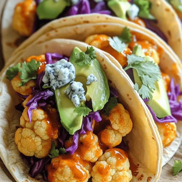 - 1 medium head of cauliflower - 1 cup all-purpose flour - 1 cup water Buffalo cauliflower tacos start with fresh cauliflower. I like to choose a medium head. This size gives you enough florets for a good meal. Next, you need flour and water to make the batter. The flour adds a nice crunch when baked. - 1 teaspoon garlic powder - 1 teaspoon onion powder - 1 teaspoon smoked paprika - Salt and pepper to taste - 1 cup buffalo sauce Flavor is key in these tacos. I add garlic powder, onion powder, and smoked paprika to the batter. These spices give it a rich taste. Don't forget the salt and pepper! Next, you’ll want some buffalo sauce. This sauce gives the cauliflower its signature kick. You can use store-bought or make your own. - 8 small corn or flour tortillas - 1 ripe avocado, sliced - 1 cup shredded red cabbage - 1/2 cup crumbled blue cheese (optional) - Fresh cilantro, chopped for garnish For the tacos, you need small tortillas. I like corn or flour ones, depending on your taste. Avocado adds creaminess, while shredded cabbage adds crunch. You can sprinkle blue cheese on top if you like it. Finally, finish with fresh cilantro for a pop of color and flavor. For the full recipe, check out the detailed instructions to make these tasty tacos. - Start by preheating your oven to 450°F (230°C). This high heat gives the cauliflower a crispy texture. - Line a baking sheet with parchment paper. This helps the cauliflower not stick. - In a medium bowl, mix one cup of all-purpose flour with one cup of water, garlic powder, onion powder, smoked paprika, and a pinch of salt and pepper. Whisk until smooth. - Take each cauliflower floret and dip it into the batter. Make sure each piece is coated well. Shake off the extra batter. - Place the coated florets in a single layer on the lined baking sheet. - Bake the cauliflower for 20 minutes. They should be tender and golden brown at this point. - After 20 minutes, take the baking sheet out of the oven. Toss the baked cauliflower in one cup of buffalo sauce. Make sure every piece is covered. - Put the sauced cauliflower back in the oven and bake for another 10 minutes. This step helps the sauce stick and adds great flavor. - While waiting, warm your tortillas. Heat a dry skillet over medium heat. Warm each tortilla for about 30 seconds on each side. - To assemble your tacos, take a warm tortilla and fill it with a generous amount of the buffalo cauliflower. - Add a few slices of creamy avocado, a handful of shredded red cabbage, and sprinkle crumbled blue cheese if you like. - Finish with fresh chopped cilantro and drizzle some extra buffalo sauce for those who enjoy more heat. For the complete recipe, check out the Full Recipe section. To get that perfect cauliflower texture, focus on the batter. You want it smooth and thick. If it's too thin, add more flour. If it's too thick, add a bit more water. This balance is key for a good coating. When baking, adjust your time based on your oven. Every oven is different. Start with 20 minutes, but check for a golden color. If it looks pale, give it a few extra minutes. Spice up your tacos with different sauces. Try ranch or garlic aioli for a twist. You can even mix buffalo sauce with honey for a sweet touch. Experiment to find your favorite blend. Toppings can change your dish too. Add sliced jalapeños for heat or pickled onions for tang. You can also use diced tomatoes or corn for extra crunch. Pair these tacos with simple sides. A fresh salad or crispy fries work well. You could also serve them with a side of guacamole for a creamy dip. For drinks, consider a cold beer or a fruity soda. A light lemonade can also balance the spice. Make your meal fun and complete with these pairings. For the full recipe, check out the instructions above! {{image_4}} You can swap out cauliflower for tempeh or tofu. These options add great protein. Tempeh has a nutty flavor. Tofu is soft but will soak up all the flavors. Both choices fit perfectly in tacos. For a vegan-friendly meal, just skip the blue cheese. You can use avocado or a vegan cheese instead. This keeps your tacos tasty and plant-based. If you need gluten-free options, use almond flour or chickpea flour instead of all-purpose flour. These will create a great batter. Make sure your tortillas are gluten-free as well. For those on a low-carb diet, try lettuce wraps instead of tortillas. This will keep the meal light and fresh. You won’t miss the carbs, trust me! Don’t be afraid to experiment with spices! Adding cumin or chili powder can boost the flavor. You can also try smoked paprika for a deeper taste. Seasonal vegetables like bell peppers or zucchini can add crunch and color. Toss them in with the cauliflower for a colorful taco. This keeps the dish exciting and full of surprises. For the complete recipe, check out the Full Recipe. To store leftovers, let the tacos cool first. Place them in an airtight container. This helps keep the flavors fresh. Use a glass or plastic container with a tight lid. It prevents moisture from getting in. You can keep them in the fridge for up to three days. When reheating, I recommend using an oven or toaster oven. This keeps the cauliflower crunchy. Preheat your oven to 350°F (175°C). Place the tacos on a baking sheet. Heat them for about 10 minutes. Check to see if they are warm throughout. You can also use a skillet. Heat it on medium-low and warm the tacos for about five minutes. Yes, you can freeze buffalo cauliflower! However, I suggest freezing the cauliflower and tortillas separately. This keeps the texture nice. To freeze, let the cauliflower cool completely. Place it in a freezer bag, squeezing out the air. For the tortillas, stack them and wrap in foil. They can last up to three months in the freezer. When ready to eat, thaw both in the fridge overnight before reheating. To achieve a crispy batter on your cauliflower, start with a great batter mix. Use a mix of flour and water, and whisk until smooth. The key is to coat each floret evenly. Here are some techniques to help: - Use Cold Water: Cold water helps keep the batter light and crispy. - Don't Overcrowd: Bake the florets in a single layer. This allows hot air to circulate around them. - Bake at High Heat: Preheat your oven to 450°F (230°C). High heat crisps the outside while keeping the inside tender. Yes, you can use other vegetables! Some great substitutes include: - Broccoli: It has a similar texture and holds up well with the batter. - Zucchini: Cut into strips and coated, it can add a nice twist. - Mushrooms: They soak up the buffalo sauce well and give a meaty texture. Feel free to experiment with your favorites! For the best flavor, I love using Frank's RedHot sauce. It has a great balance of heat and flavor. If you want to try making your own, here’s a simple recipe: - Combine 1 cup of hot sauce, 1/2 cup of melted butter, and a splash of vinegar. - Adjust to taste by adding more butter for richness or more hot sauce for extra heat. If you want to tone down the heat, here are some easy tips: - Use Less Sauce: Coat the cauliflower lightly with buffalo sauce. - Add Creamy Elements: Include avocado or sour cream as toppings. These will help cool the spice. - Choose Milder Sauce: Try a milder hot sauce or mix your buffalo sauce with ketchup or honey to sweeten it up. Now, you're ready to enjoy your buffalo cauliflower tacos! For the full recipe, check the detailed cooking instructions above. Buffalo cauliflower tacos offer a tasty and fun meal. You learned how to prepare crispy cauliflower, mix flavors, and assemble your tacos. Feel free to customize your toppings and sauces to fit your taste. These tacos are easy to store and reheat, making them perfect for any meal. Whether you're feeding friends or enjoying a solo dinner, this recipe brings joy to your table. Dive into your kitchen and enjoy making these delicious tacos!