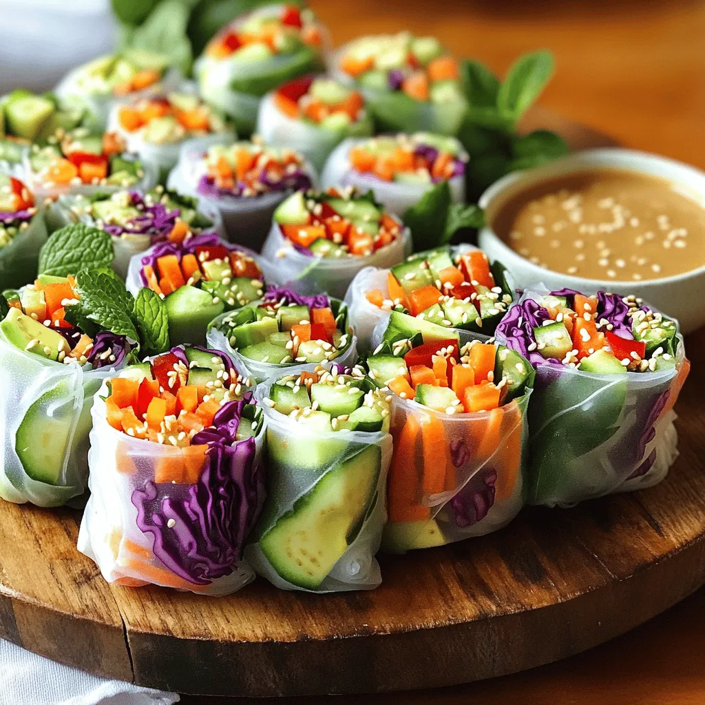 - Red cabbage - Carrots - Cucumber - Red bell pepper - Avocado - Rice paper wrappers - Fresh mint and cilantro leaves - Peanut butter - Soy sauce - Lime juice - Honey or agave syrup - Sesame seeds for garnish To start, prepare the vegetable filling. Take a large bowl and add all your fresh veggies. Use one cup of red cabbage, one cup of julienned carrots, one cup of julienned cucumber, and one cup of thinly sliced red bell pepper. Finally, add one ripe avocado, sliced. Gently toss these vibrant veggies together. This step mixes the colors and keeps your filling fresh and crunchy. For cutting veggies, use a sharp knife. Thin and even cuts make for a better roll. Now, let’s make the dipping sauce. In a small bowl, whisk together a quarter cup of smooth peanut butter, two tablespoons of low-sodium soy sauce, and one tablespoon of fresh lime juice. If you want sweetness, add one tablespoon of honey or agave syrup. Mix until the sauce is smooth and creamy. Taste it. If you want more kick, add extra lime or soy sauce. Next, we will soften the rice paper. Fill a shallow dish with warm water. Dip one rice paper wrapper into the water for about 10-15 seconds. You want it soft and pliable. Take it out and lay it flat on a clean cutting board. Near the bottom of the wrapper, add 2-3 tablespoons of the vegetable filling. Don’t forget to add a few fresh mint and cilantro leaves on top. To roll it up, fold the bottom of the wrapper over the filling. Tuck it in, then fold the sides to secure everything. Roll it up tightly, like a burrito. Repeat with the remaining wrappers and filling. Each roll should look colorful and inviting. To roll spring rolls well, you need tight seals. Start by placing the filling close to the bottom edge. Tuck the filling in and fold the bottom over it. Fold in the sides, then roll up firmly. This keeps everything inside. For size, aim for rolls about 1-1.5 inches wide. This size is easy to eat and looks nice. When you arrange spring rolls, use a nice platter. Place them in a line or a circle for a neat look. You can also serve them standing up in a cup. This adds height and makes them fun to grab. For garnish, sprinkle sesame seeds on top. Fresh herbs like mint or cilantro can also add color and charm. To store leftover dipping sauce, put it in a clean jar with a lid. It will stay fresh in the fridge for about one week. Always check for bad smells or changes in color before using it again. If it looks good and smells fine, it’s safe to eat! You can add shrimp or tofu to your spring rolls for a protein boost. Shrimp cooks quickly. Just boil or sauté it lightly. Tofu is a great plant-based choice. Use firm tofu, cut into strips, and sauté until golden. Both options make the rolls more filling and satisfying. For extra protein, consider chickpeas or edamame. These are tasty and packed with nutrients. You can mix them into your veggie filling or use them alone. Think outside the box with your veggie choices! You can swap in different vegetables like bell peppers or zucchini. Try radishes for a crunchy twist. Herbs and spices add extra flavor. Consider using basil or dill for a fresh taste. A sprinkle of chili flakes can add a nice kick. You can even add fruits like mango or pineapple for sweetness. If you need to avoid common allergens, there are easy swaps. Use tamari instead of soy sauce for gluten-free needs. There are also many brands that offer gluten-free rice paper wrappers. For vegan options, ensure your honey is replaced with agave syrup. This keeps the recipe plant-based and sweet. You can also experiment with nut butters like almond or cashew for your dipping sauce. {{image_4}} To enhance your rainbow veggie spring rolls, consider these pairings: - Complementary side dishes: - Serve with a light salad of mixed greens. - Pair with a refreshing fruit salad. - Offer a bowl of edamame for a nutty crunch. - Beverage pairings: - Enjoy with chilled green tea for a refreshing sip. - Try coconut water for a tropical twist. - A light, sparkling lemonade adds zest to your meal. Rainbow veggie spring rolls fit many occasions: - Ideal settings for serving: - Perfect for casual gatherings with friends. - Great as a starter for dinner parties. - Ideal for picnic lunches in the park. - Seasonal or festive ideas: - Serve during summer barbecues for a colorful touch. - Great for spring celebrations or holidays. - Ideal for a new year’s gathering to symbolize new beginnings. You can easily turn spring rolls into a full meal: - Ideas for combining with main dishes: - Serve alongside grilled chicken or tofu for protein. - Pair with a warm bowl of pho for a comforting combo. - Add a rice bowl topped with veggies for a hearty meal. - Portion suggestions for gatherings: - Offer 2-3 rolls per person for appetizers. - Serve 4-5 rolls for a light meal. - Prepare extra for guests who may want seconds. To keep your leftover spring rolls fresh, use an airtight container. This helps to prevent them from drying out. Place a damp paper towel inside the container. It adds moisture and keeps the rolls soft. Your spring rolls should last about 2 to 3 days in the fridge. You can freeze spring rolls before or after you make them. If you freeze them before assembly, place the cut veggies and rice paper wrappers in separate bags. For frozen assembled rolls, wrap them tightly in plastic wrap and then in foil. When you're ready to eat, thaw them in the fridge overnight. To reheat, use a warm pan or oven. Avoid microwaving, as it can make them soggy. Fresh spring rolls last about 2 to 3 days in the fridge. Keep them in a sealed container to maintain freshness. Yes, you can make spring rolls ahead of time. Just store them in the fridge. This works well for meal prep and saves time. If you don't have rice paper, you can use lettuce leaves. They add a nice crunch and are a great low-carb option. Other wrappers include nori sheets or thin tortillas. We covered how to make fresh spring rolls with vibrant veggies and tasty dips. You learned about key ingredients like rice paper, fresh herbs, and protein options. Also, we explored rolling techniques, presentation ideas, and storing tips. In the end, spring rolls are fun and simple to customize. They can be a healthy meal or snack for any occasion. Try different flavors and presentations to make them your own! Enjoy your cooking journey!