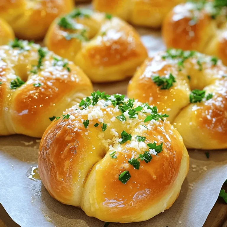 - 1 package (1.5 lbs) refrigerated pizza dough - ½ cup unsalted butter, melted - 4 cloves garlic, finely minced - 2 tablespoons fresh parsley, finely chopped - 1 teaspoon garlic powder - ½ teaspoon salt - ½ teaspoon freshly ground black pepper - ½ cup freshly grated Parmesan cheese For the best flavor in your garlic butter knots, stick to these specific amounts: - Use 1.5 lbs of refrigerated pizza dough. This amount makes about 12 knots. - Melt ½ cup of unsalted butter for a rich taste. - Finely mince 4 cloves of fresh garlic. Fresh garlic adds a strong, tasty kick. - Measure 2 tablespoons of fresh parsley. This herb brightens the dish. - Use 1 teaspoon of garlic powder to enhance the garlic flavor. - Add ½ teaspoon of salt and black pepper for balance. - Grate ½ cup of fresh Parmesan cheese for a savory finish. These measurements ensure every bite is packed with flavor. Adjust them based on your taste. If you love garlic, feel free to add more! 1. Preheat the Oven: Start by preheating your oven to 375°F (190°C). Line a baking sheet with parchment paper. This helps prevent sticking and makes cleanup easy. 2. Roll Out the Dough: On a lightly floured surface, roll out the pizza dough. Aim for a flat rectangle about 1/4-inch thick. This thickness makes it easier to cut and form knots. 3. Cut the Dough: Use a sharp knife or pizza cutter to slice the dough into strips. Each strip should be about 1 inch wide. This size is perfect for making knots. 1. How to Tie the Dough into Knots: Take each strip of dough and tie it into a knot. Make sure to tuck the ends underneath. This makes the knots look neat and keeps them together while baking. Place the knots on the prepared baking sheet, leaving space between them. 1. Making the Garlic Butter Mixture: In a small saucepan over medium heat, combine the melted butter, minced garlic, garlic powder, salt, and black pepper. Stir the mixture for 2-3 minutes. You want the garlic to become fragrant. This step is key for adding flavor. 1. Brushing Knots and Adding Cheese: Use a pastry brush to generously coat each knot with the garlic butter mixture. Save a little butter for later. Then, sprinkle grated Parmesan cheese and chopped parsley on top of the knots. This adds extra flavor. 2. Baking Time and Temperature: Place the baking sheet in the oven and bake for 15-20 minutes. Watch for a golden brown color. Once they look perfect, take them out. Immediately brush the remaining garlic butter on top for added flavor. To tie perfect knots, start with strips of dough. Each strip should be about one inch wide. Grab a strip and make a loop. Then, take one end and tuck it through the loop. Pull to tighten. This keeps the knot neat. For an even bake, space the knots apart on the baking sheet. This allows hot air to flow around them. Rotate the baking sheet halfway through baking. This also helps them brown evenly. You can adjust the garlic levels to your taste. If you love garlic, add more minced garlic. For a milder flavor, use less. You can also try garlic powder for a different taste. If you need to swap butter, use olive oil or vegan butter. This can change the flavor, but it works well too. These garlic butter knots shine when served warm. Pair them with marinara sauce for dipping. You can also serve them with a side of olive oil or balsamic vinegar. For a beautiful presentation, lay the knots on a rustic wooden board. Garnish with fresh parsley for a pop of color. A cloth napkin in a bread basket adds charm and warmth. {{image_4}} You can make garlic butter knots even better by adding herbs. Rosemary and thyme are great choices. Simply chop them finely and mix them into your garlic butter. This adds a fresh taste and aroma. You can try other herbs too, like oregano or basil. Each herb gives a unique flavor. Experiment until you find your favorite mix! While Parmesan is delicious, you can switch it up with other cheeses. Mozzarella melts well and adds creaminess. Cheddar brings a sharp flavor that's equally tasty. Try a mix of cheeses for a fun twist. Just remember to adjust the amount based on your cheese choice. You might discover a new favorite combination! Need gluten-free or vegan options? You can easily adapt this recipe. For gluten-free knots, use gluten-free pizza dough. Many stores sell good options. If you want vegan knots, swap the butter for vegan butter. You can also skip the cheese or use a dairy-free alternative. These adjustments let everyone enjoy this tasty treat! Once you finish enjoying your garlic butter knots, cool them down. Place them on a wire rack to let air circulate. This helps them stay crisp. After they cool completely, wrap them tightly in plastic wrap or foil. You can also use an airtight container. This keeps them fresh for a few days. When you want to eat the leftover knots, reheating them is easy. You can use an oven or a microwave. For the oven, preheat it to 350°F (175°C). Place the knots on a baking sheet and cover them with foil. Heat for about 10-15 minutes. This keeps them warm and crispy. If you choose the microwave, heat them for 15-20 seconds. Check to see if they are warm enough, then enjoy! If you want to save garlic butter knots for later, freezing is a great option. After cooling, place the knots in a single layer on a baking sheet. Freeze them for about an hour. Once they are firm, transfer them to a freezer-safe bag. Label the bag with the date. You can freeze them for up to three months. To thaw, just leave them in the fridge overnight. Then, reheat them as described above. Garlic butter knots are best eaten fresh. If you store them right, they can last 2-3 days. Keep them in an airtight container at room temperature. For longer storage, refrigerate them for up to a week. Just be sure to reheat them well before serving. Yes, you can make garlic butter knots ahead of time! Prepare the knots but don’t bake them. Place them on a baking sheet and cover with plastic wrap. You can store them in the fridge for up to 24 hours. When ready, simply bake them for 15-20 minutes. Garlic butter knots pair well with many dishes. Some popular options include: - Marinara sauce for dipping - Creamy ranch dressing - Fresh salad - Pasta dishes - Soup, especially minestrone or tomato There are many fun ways to change up garlic butter knots. Here are some ideas: - Add rosemary or thyme for an herbal twist - Swap Parmesan for mozzarella or feta cheese - Mix in crushed red pepper for a spicy kick - Use different types of bread dough for a unique taste Making garlic butter is simple. Here’s how to do it: 1. In a small saucepan, melt ½ cup of unsalted butter over medium heat. 2. Add 4 cloves of finely minced garlic. 3. Stir for 2-3 minutes until fragrant. 4. Optionally, add herbs like parsley or thyme for extra flavor. 5. Let it cool slightly before using. Garlic butter knots are simple to make and taste great. We covered all the ingredients, step-by-step instructions, and helpful tips. You learned how to tie dough knots and create the perfect garlic butter. Variations and storage methods will keep your knots fresh and exciting. Explore new flavors and enjoy sharing these tasty bites. Now, gather your ingredients and start making your own garlic butter knots today! They’ll be a hit with everyone.