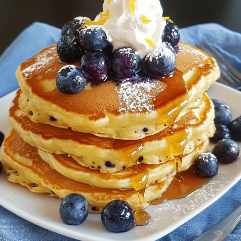 To make Lemon Blueberry Greek Yogurt Pancakes, you need the following: - 1 cup all-purpose flour - 1/2 cup plain Greek yogurt - 1/2 cup milk (regular or almond) - 2 large eggs - 1/4 cup granulated sugar - Zest of 1 lemon - 2 tablespoons freshly squeezed lemon juice - 1 teaspoon baking powder - 1/2 teaspoon baking soda - 1/4 teaspoon salt - 1 cup fresh blueberries (you can use frozen, thawed) - Butter or oil for cooking You can easily make some swaps for healthier options: - Use whole wheat flour instead of all-purpose for added fiber. - Swap Greek yogurt for low-fat or non-fat versions to cut calories. - Replace granulated sugar with honey or maple syrup for a natural sweetener. - Use almond milk or oat milk for a dairy-free option. When selecting blueberries, look for these signs of quality: - Choose berries that are plump, firm, and smooth. - Check for a deep blue color; a hint of purple is okay. - Avoid berries that are shriveled or have green spots. - Smell the blueberries; they should have a sweet, fresh aroma. - If buying frozen, ensure they are individually quick-frozen for better texture. These tips help you pick the best blueberries for your pancakes, ensuring a tasty experience! First, we need to gather our dry ingredients. Grab a medium bowl and sift together: - 1 cup all-purpose flour - 1 teaspoon baking powder - 1/2 teaspoon baking soda - 1/4 teaspoon salt Sifting helps mix these ingredients well. It also adds air, making our pancakes light and fluffy. After sifting, set the bowl aside for now. Next, we turn to our wet ingredients. In a larger bowl, mix together: - 1/2 cup plain Greek yogurt - 1/2 cup milk (regular or almond) - 2 large eggs - 1/4 cup granulated sugar - Zest of 1 lemon - 2 tablespoons freshly squeezed lemon juice Whisk these ingredients together until smooth. The Greek yogurt gives our pancakes a rich flavor and nice texture. Now, let’s combine everything. Gradually add the dry ingredients to the wet mix. Use a spatula or spoon to gently fold the batter. It’s okay if a few lumps remain; don’t over-mix. Once mixed, carefully fold in: - 1 cup fresh blueberries Make sure to distribute them evenly without crushing them. Next, heat a non-stick skillet or griddle over medium heat. Add a small pat of butter or a splash of oil. For each pancake, pour about 1/4 cup of batter onto the skillet. Cook until bubbles appear, about 2-3 minutes. Then, flip the pancake and cook for another 2-3 minutes until golden brown. When done, transfer the pancakes to a warm plate. Cover them with a clean kitchen towel to keep them warm. Repeat with the remaining batter. Enjoy your delicious Lemon Blueberry Greek Yogurt Pancakes! To make fluffy pancakes, always use fresh baking powder. It helps the pancakes rise well. Mix the dry ingredients first. This step ensures even distribution of leavening agents. When you add the wet mix to the dry, do not over-mix. A few lumps are okay. Over-mixing can lead to tough pancakes. You want light and airy bites. When mixing the batter, use a gentle touch. Start by whisking the wet ingredients in a large bowl. Then, add the dry mixture slowly. This method helps keep the batter light. Fold in the blueberries last. This way, you avoid crushing them. Remember, the batter should be slightly lumpy. It’s a sign that your pancakes will be fluffy. One common mistake is cooking on too high heat. This can burn the outside while leaving the inside raw. Keep your skillet at medium heat. Always grease the pan lightly with butter or oil. Another mistake is pouring too much batter. Use about 1/4 cup for each pancake. This size will cook evenly. Lastly, don't flip too soon. Wait for bubbles to form on the surface. This trick ensures perfectly cooked pancakes every time. {{image_4}} You can add nuts or seeds to your pancakes. Chopped walnuts or pecans work great. You can also use chia seeds or flaxseeds for health benefits. Mix in about 1/4 cup of your chosen nuts or seeds into the batter. This gives your pancakes a nice crunch and makes them even more filling. Plus, it adds a fun texture! Want to jazz up your pancakes? Try adding a splash of vanilla extract. Just a teaspoon can boost the flavor. You can also sprinkle in some ground cinnamon. About 1/2 teaspoon gives a warm, cozy taste. If you love lemon, add more lemon zest for a stronger lemon flavor. Get creative and find your favorite mix! You can easily make these pancakes vegan. Swap the eggs for flax eggs. Mix one tablespoon of ground flaxseed with three tablespoons of water and let it sit for a few minutes. For a gluten-free option, use a gluten-free flour blend instead of all-purpose flour. Both versions taste great and keep the same fluffy texture! Store leftover pancakes in an airtight container. Make sure they cool completely first. This keeps them fresh and tasty. They will last for about three days in the fridge. When ready to eat, just take out the number you need. To freeze pancakes, stack them with parchment paper between each layer. This prevents them from sticking together. Place the stack in a freezer bag or airtight container. They can be frozen for up to two months. This way, you can enjoy them anytime! Reheat pancakes in a microwave for about 30 seconds. You can also use the stovetop. Just warm them in a non-stick skillet over low heat. For a crispy edge, try this method! Serve hot with your favorite toppings. Enjoy the fresh taste! Yes, you can use different types of yogurt. Greek yogurt gives a nice thickness. If you want a lighter pancake, try regular yogurt. You can also use flavored yogurt for extra taste. Keep in mind that flavored yogurt may add sweetness. If you change the yogurt, adjust the sugar in the recipe. To make these pancakes dairy-free, use plant-based yogurt and milk. Almond milk or oat milk works great. Choose a dairy-free yogurt that is thick, like coconut yogurt. This will keep the pancakes fluffy. You can also add a bit of lemon juice to enhance the flavor. To prevent pancakes from sticking, use a non-stick skillet or griddle. Preheat it well before adding the batter. A small bit of butter or oil will help. Make sure to spread it evenly. If you notice sticking, check the heat. Too high heat can cause sticking. Adjust as needed for perfect pancakes. This blog covered how to make delicious pancakes with fresh blueberries. We explored key ingredients, healthy substitutes, and tips for choosing quality blueberries. You learned step-by-step instructions, from preparing the dry ingredients to cooking techniques. We shared tips to ensure fluffy pancakes and avoid common mistakes. Variations included adding nuts, seeds, or making gluten-free options. Lastly, we discussed proper storage and reheating methods. Use these tips to enjoy tasty pancakes anytime. Happy cooking!