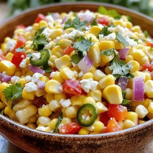 - 4 ears of fresh corn, husked - 1 red bell pepper, finely diced - 1 jalapeño, minced (seeds removed for milder flavor) - 1/2 cup red onion, finely chopped - 1/2 cup crumbled feta cheese - 1/4 cup fresh cilantro, chopped Fresh ingredients are key for flavor. Use ripe corn to get the best taste. Choose a red bell pepper that is firm and shiny. For a spicy kick, pick a fresh jalapeño. If you want a milder taste, remove the seeds before mincing. Red onion adds a nice crunch and sweetness. Feta cheese brings creaminess, while cilantro adds a fresh touch. - 1/4 cup mayonnaise - 2 tablespoons fresh lime juice - 1 teaspoon chili powder - Salt and pepper to taste Mayonnaise gives the salad a rich texture. Fresh lime juice adds brightness. Chili powder brings a warm spice. Adjust salt and pepper to make it perfect for your taste. If you need alternatives, there are many options. For a vegan version, swap mayonnaise for a plant-based option. Use avocado instead of feta for creaminess without dairy. If you're allergic to corn, try quinoa or rice as a base. These swaps will still keep your salad tasty and fun. Start by boiling the corn. Fill a large pot with water and bring it to a rolling boil. Carefully add the husked corn and set a timer for 5 to 7 minutes. You want the kernels to be tender but not mushy. After boiling, remove the corn and let it cool. Once cool, take a sharp knife and slice the kernels off the cob. Cut close to the cob to get the most corn. Place the kernels into a large mixing bowl. Now that your corn is ready, it’s time to add the veggies. Add the finely diced red bell pepper, minced jalapeño, and finely chopped red onion to the bowl with the corn. Mix everything gently. This adds color and crunch to your salad. Make sure all the veggies are well combined. Let's whip up a tasty dressing. In a small bowl, whisk together mayonnaise, fresh lime juice, chili powder, salt, and pepper. Mix until smooth. This dressing is creamy with a zesty kick. It's the secret to making your salad pop with flavor. Pour the dressing over the corn and vegetable mix. Toss gently to coat all the ingredients. Next, fold in the crumbled feta cheese and chopped cilantro. These add creaminess and fresh flavor. Finally, taste your salad. If you want it tangier, add a bit more lime juice or a sprinkle of chili powder. Cover the bowl and chill it in the fridge for at least 30 minutes. This helps the flavors blend together. Serve it in a big bowl or individual portions, garnished with extra cilantro and a lime wedge. Enjoy your Fiesta Corn Delight! To make great Mexican street corn salad, start with fresh corn. Look for bright yellow kernels. They should be firm and moist. When boiling, bring water to a strong boil before adding the corn. Cook for 5-7 minutes. This keeps the corn sweet and tender. After cooking, cool the corn before cutting. This step is key for easy handling. To make the salad pop, try adding lime juice. It adds brightness and tang. If you want more heat, keep some jalapeño seeds. For a creamier texture, use more mayonnaise. Adjust salt and pepper to suit your taste. If you like it smoky, add a dash of smoked paprika. Always taste as you go to find your perfect flavor. Serve the salad in a large bowl for sharing. You can also use individual cups for a fun twist. Garnish with extra cilantro and lime wedges. This adds color and freshness. For a festive touch, sprinkle some chili powder on top. Chill the salad before serving. This helps the flavors blend well and makes it extra refreshing. {{image_4}} In this salad, cheese adds creaminess and flavor. Feta cheese is great, but you can try others. Cotija cheese is a popular choice. It gives a salty kick. You can also use queso fresco for a lighter touch. Both options bring a different taste to the dish. Mixing cheeses can be fun too. You can adjust the heat to fit your taste. If you like spice, add more jalapeño or even some hot sauce. For a milder salad, remove the jalapeño seeds. You can also skip the jalapeño altogether. This way, the dish stays fresh and sweet. Feel free to get creative with your salad! Toss in ingredients like diced avocado or cherry tomatoes. They add color and flavor. You can also add proteins for extra heartiness. Grilled chicken or shrimp work well. Adding black beans can make it more filling too. To keep your Mexican Street Corn Salad fresh, place it in an airtight container. This helps stop air from spoiling the taste. If you don’t have a container, cover the bowl tightly with plastic wrap. Store it in the fridge right after making it. It tastes best when chilled for at least 30 minutes before serving. If you want to save leftovers, freezing is an option. However, this salad has fresh veggies that may not freeze well. If you freeze it, keep in mind the texture might change. To freeze, place the salad in a freezer-safe bag or container. Remove as much air as possible. It can last up to three months in the freezer. Thaw it in the fridge before eating again. In the fridge, your salad will stay fresh for about three to five days. Keep an eye on the ingredients. If you notice any changes in smell or color, it’s best to toss it. Always trust your senses. If it doesn’t seem right, don’t eat it. For the best flavor, enjoy your salad within the first few days. Mexican Street Corn Salad is a fresh dish inspired by elote, a popular Mexican street food. It features juicy corn, peppers, and a creamy dressing. The flavors mix well, making it a vibrant side dish. This salad is perfect for summer gatherings or barbecues. Yes, you can make this salad ahead of time. It tastes even better after chilling. Prepare it a few hours or a day in advance. Just keep it covered in the fridge. The flavors will blend nicely, giving you a delicious dish. If you want to avoid mayonnaise, you have options. Use Greek yogurt for a creamy texture. You can also try sour cream or a vegan mayo. These substitutes keep the salad rich and tasty without losing flavor. Yes, this salad is gluten-free. All the ingredients, like fresh corn and vegetables, contain no gluten. It's safe for those with gluten sensitivities. Always check labels on any packaged ingredients to be sure. To make this salad vegan, simply swap the mayonnaise for a vegan version. You can use avocado or cashew cream for creaminess. Replace feta cheese with a vegan alternative or omit it altogether. This keeps the dish plant-based and delicious. You now have a complete guide to making Mexican Street Corn Salad. We covered fresh ingredients, spices, and optional swaps for your diet. You learned step-by-step how to prepare it, from cooking the corn to mixing in flavors. Tips on enhancing taste and serving ideas help make this dish shine. Don't forget the variations, like adding different cheeses or making it spicy. Finally, we discussed storage tips to keep your salad fresh. Enjoy creating your delicious salad, and feel free to customize it to your taste!