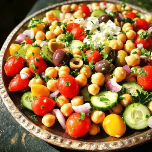 To create a vibrant Mediterranean Chickpea Salad, gather the following ingredients: - 1 can (15 oz) chickpeas, thoroughly rinsed and drained - 1 cup cherry tomatoes, halved - 1 cucumber, diced into bite-sized pieces - 1/4 red onion, finely chopped - 1/2 cup Kalamata olives, pitted and sliced - 1/2 cup feta cheese, crumbled (omit for a vegan version) - 2 tablespoons fresh parsley, finely chopped - 2 tablespoons extra virgin olive oil - 1 tablespoon freshly squeezed lemon juice - 1 teaspoon dried oregano - Sea salt and freshly cracked black pepper to taste I often use canned chickpeas for ease and speed. They save time and still taste great. Rinsing them well removes extra salt and improves the flavor. Fresh chickpeas offer a different texture. If you choose fresh, soak them overnight. Cook them until tender. This adds a lovely bite to your salad. For the best flavor in your salad, I recommend these brands: - Chickpeas: Goya or Eden Foods for canned options. They offer great taste and quality. - Olive Oil: Colavita or California Olive Ranch. They provide a rich, fruity flavor. - Feta Cheese: Athenos or Dodoni. Both brands have creamy textures and a nice tang. Using high-quality ingredients elevates your dish. It makes it not only tasty but also visually appealing. Start by gathering your ingredients. You will need: - 1 can (15 oz) chickpeas, thoroughly rinsed and drained - 1 cup cherry tomatoes, halved - 1 cucumber, diced into bite-sized pieces - 1/4 red onion, finely chopped - 1/2 cup Kalamata olives, pitted and sliced - 1/2 cup feta cheese, crumbled (omit for a vegan version) - 2 tablespoons fresh parsley, finely chopped - 2 tablespoons extra virgin olive oil - 1 tablespoon freshly squeezed lemon juice - 1 teaspoon dried oregano - Sea salt and freshly cracked black pepper to taste First, rinse the chickpeas well. Drain them completely. Next, chop the cherry tomatoes and cucumber. Finely chop the red onion. Slice the Kalamata olives. If you use feta cheese, crumble it now. Lastly, chop the fresh parsley. In a large mixing bowl, add the rinsed chickpeas. Next, incorporate the halved cherry tomatoes, diced cucumber, chopped red onion, and sliced Kalamata olives into the bowl. If you are using feta cheese, sprinkle it over the mixture. This adds a creamy texture and boosts the flavor. Now, prepare the dressing. In a small bowl, whisk together the olive oil, lemon juice, oregano, sea salt, and black pepper. Drizzle this dressing over the salad mixture. Gently toss everything together. You want all the ingredients to be evenly coated. Finally, add the chopped parsley to the salad. Toss it lightly again. This adds a beautiful green touch to the dish. For the best flavor, let the salad rest for about 10 minutes. This resting time helps the flavors blend well. To make the dressing shine, use high-quality extra virgin olive oil. Fresh lemon juice makes a big difference. If you don’t have fresh lemons, bottled juice works but lacks the same bright taste. Add your dried oregano and salt with care. You can always taste and adjust. If you want a bit more zing, add more lemon juice or a dash of vinegar. This will brighten the salad even more. To make your Mediterranean Chickpea Salad shine, focus on fresh ingredients. Use ripe cherry tomatoes for sweetness. Choose a crisp cucumber for crunch. The red onion adds a nice bite, while Kalamata olives bring depth. If you want a creamier taste, add feta cheese. The tangy dressing is key: mix olive oil and lemon juice. This combination brightens the dish. A sprinkle of oregano offers a warm, aromatic touch that ties everything together. You can prepare this salad ahead of time. Chop your veggies and store them in the fridge. Mix the dressing separately and keep it in a jar. When you are ready to serve, combine everything. This method keeps your salad fresh and crunchy. Letting the salad sit for about 10 minutes before serving helps the flavors blend. This resting time makes each bite tasty. Serve the salad on a colorful platter to attract attention. You can use individual bowls for a nice touch. Garnish with extra parsley and feta for a pop of color. This not only looks great but also adds freshness. Pair the salad with pita bread or grilled chicken for a complete meal. Enjoy it as a light lunch or a side dish at dinner. {{image_4}} Making this salad vegan is easy. Just leave out the feta cheese. You can add extra olives or use avocado for creaminess instead. This keeps the dish rich and tasty. You still get a great blend of flavors. You can switch up the veggies in this salad. Try bell peppers or zucchini for a new taste. You can also use different herbs like basil or mint. If you want a spicy kick, add diced jalapeños. These swaps make the salad fun and exciting. For a heartier meal, add some protein or grains. Grilled chicken or shrimp works well. If you prefer plant-based options, try quinoa or farro. These additions keep you full and satisfied. You can easily turn this salad into a main dish. Store your Mediterranean Chickpea Salad in an airtight container. This keeps it fresh. Make sure to refrigerate it right after serving. The cool temperature helps the flavors stay bright. I do not recommend freezing this salad. Freezing can change the texture. The veggies may become mushy, which is not tasty. If you want to save some, try to store only the dressing separately. This way, you can mix it fresh later. When stored properly, the salad lasts about 3 to 5 days in the fridge. Check for freshness each time you eat. If it smells off or looks soggy, it's best to toss it. Enjoy the salad while it's still crisp and vibrant! Mediterranean Chickpea Salad is packed with nutrients. One serving has about: - 200 calories - 10 grams of protein - 8 grams of healthy fats - 30 grams of carbs - High fiber content Chickpeas offer protein and fiber. Tomatoes, cucumbers, and parsley add vitamins. Feta cheese provides calcium. This salad supports heart health and digestion. Yes, you can meal prep this salad. It holds well in the fridge. Store it in an airtight container. It stays fresh for 3 to 5 days. The flavors even improve over time. Prepare it on the weekend for easy lunches. Just toss it again before serving. To adjust the spice level, you have a few options. If you like it mild, skip the olives. For more heat, add a pinch of red pepper flakes. You can also use a dash of hot sauce in the dressing. Taste as you go to find your perfect balance. In this blog post, we explored how to make a delicious Mediterranean Chickpea Salad. We covered key ingredients, preparation steps, and tips for enhancing flavors. You learned about fresh versus canned chickpeas and the best brands to use. We also discussed how to store the salad and answered common questions. Making this salad is easy and fun, with many ways to adapt it to your taste. I hope you feel inspired to try different variations and enjoy this healthy dish!