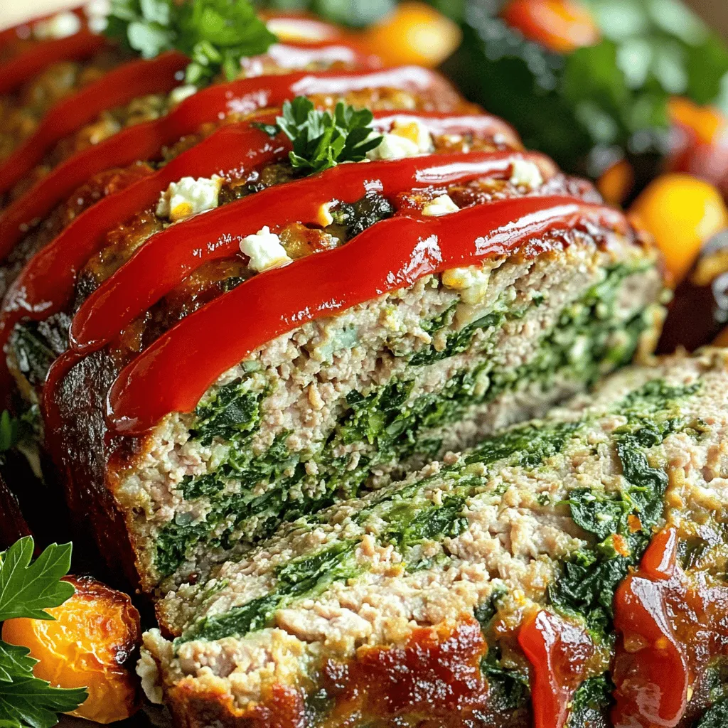 - 1 lb ground turkey breast - 1 cup fresh spinach, finely chopped - 1/2 cup feta cheese, crumbled - 1/2 cup whole wheat breadcrumbs - 1 small onion, diced small - 2 cloves garlic, minced - 1 teaspoon dried oregano - 1 teaspoon dried basil - 1/4 cup ketchup - Salt and pepper, to taste - 1 tablespoon olive oil - 1 large egg, beaten In my kitchen, I love using fresh ingredients for my Spinach Feta Turkey Meatloaf. Ground turkey is lean and full of protein. The fresh spinach adds color and nutrients. Feta cheese gives it a creamy, tangy taste that makes the meatloaf special. Whole wheat breadcrumbs help bind everything together while keeping it healthy. For added flavor, I use diced onion and minced garlic. These two ingredients create a wonderful aroma. Dried oregano and dried basil bring warmth and depth to the dish. I always top the meatloaf with ketchup for a sweet and tangy finish. You can also play with seasonings. Salt and pepper enhance the flavors. A splash of olive oil keeps the meatloaf moist. Adding a beaten egg helps hold the mixture together. Each ingredient works together to create a tasty meal that my family loves. 1. Preheating the oven: Start by preheating your oven to 350°F (175°C). This step is key. It ensures your meatloaf cooks evenly and thoroughly. 2. Sautéing onion and garlic: In a medium skillet, heat a tablespoon of olive oil over medium heat. Add the diced onion and minced garlic. Stir them for about 3-4 minutes. You want the onion to turn translucent and fragrant. Remove the skillet from heat and let it cool. This process builds a great flavor base for your meatloaf. 1. Combining turkey, spinach, and seasonings: In a large bowl, combine 1 pound of ground turkey breast, the cooled onion and garlic, 1 cup of finely chopped spinach, and 1/2 cup of crumbled feta cheese. Also, add 1/2 cup of whole wheat breadcrumbs, 1 beaten egg, 1 teaspoon of dried oregano, 1 teaspoon of dried basil, and salt and pepper to taste. 2. Importance of mixing technique to avoid density: Gently mix the ingredients using your hands or a spatula. Be careful not to overmix. Overmixing can make the meatloaf dense and tough. You want a tender, juicy loaf, so mix just until everything is combined. 1. Shaping the meatloaf and spreading ketchup: Transfer the mixture to a loaf pan. Shape it into a nice, even loaf. This shapes the meatloaf and helps it cook evenly. Spread 1/4 cup of ketchup on top. This adds moisture and flavor. 2. Baking time and temperature checks: Place the loaf pan in your preheated oven. Bake for 45-50 minutes. Use a meat thermometer to check the center. It should read 165°F (74°C) when done. This ensures your meatloaf is safe to eat. After baking, let it rest for about 10 minutes before slicing. This helps keep it juicy and easy to serve. To make the best spinach feta turkey meatloaf, avoid overmixing. When combining the turkey, spinach, and other ingredients, mix just until they come together. Overmixing can lead to a tough texture. Use ground turkey breast for a leaner dish. It keeps the meatloaf moist and flavorful. Serve your meatloaf with sides like roasted vegetables or a fresh salad. These add color and nutrition to your meal. For a festive look, slice the meatloaf thick and arrange it on a platter. Garnish with chopped parsley to brighten the dish. Store leftovers properly to keep them fresh. Place the meatloaf in an airtight container in the fridge. For freezing, wrap it well in plastic wrap and then in foil. Always check the cooking temperature; use a meat thermometer. The meatloaf should reach 165°F (74°C) for safe eating. {{image_4}} You can switch the ground turkey for different proteins. Ground chicken or beef works well. These options can change the flavor and texture of your meatloaf. For cheese, feta is great, but you can try others. Goat cheese adds a tangy taste. Cheddar gives a sharp flavor. Experiment with your favorites! Want to spice things up? Add red pepper flakes for heat. A little can go a long way. You can also mix in other veggies. Bell peppers or zucchini add color and nutrients. Chop them finely so they blend well. If you need a gluten-free meatloaf, use gluten-free breadcrumbs. They are easy to find in stores. You can also use crushed oats or ground nuts. These add texture and flavor without gluten. To keep your meatloaf fresh, store it in the fridge. Use an airtight container or wrap it tightly in foil. This helps keep moisture in and prevents it from drying out. You can also slice the meatloaf before storing. This makes it easier to grab portions later. If you want to save meatloaf for later, freezing is a great option. Wrap it in plastic wrap, then place it in a freezer bag. This provides a double layer of protection. Meatloaf can be frozen for up to three months. Just remember to label the bag with the date. To reheat meatloaf without losing moisture, try using the oven. Preheat the oven to 350°F (175°C). Place the meatloaf in a baking dish and cover it with foil. Heat for about 20 minutes. This method keeps it juicy and flavorful. You can also use a microwave. Place a slice on a microwave-safe plate. Add a splash of water to keep it moist. Cover it with a damp paper towel. Heat for one minute, checking every 30 seconds. Microwaving is quick, but it can dry out meatloaf if you're not careful. In the fridge, your meatloaf lasts about three to four days. Always check for freshness before eating. If it smells off or has a strange color, it’s best to toss it. Signs of spoilage include a slimy texture or mold. If you see any of these signs, throw it away. It's better to be safe than sorry when it comes to food safety. To know if the meatloaf is ready, use a meat thermometer. Insert it into the center. The safe temperature is 165°F (74°C). This ensures the turkey is cooked through and safe to eat. Look for visual and texture cues too. The meatloaf should be brown on the outside. It should not be pink inside. If the juices run clear, it’s also a good sign. Letting it rest helps the juices settle, making it moist. Yes, you can make this meatloaf ahead of time. Prepare it in the morning or night before. Just follow the recipe until it’s ready to bake. Cover it and store it in the fridge. For optimal freshness, wrap the meatloaf well. Use plastic wrap or foil. You can also freeze it for later. Just defrost it in the fridge overnight before baking. This meatloaf pairs well with many side dishes. Try roasted vegetables like carrots or broccoli. A fresh salad with mixed greens also works great. For sauces or garnishes, consider a dollop of yogurt or a drizzle of balsamic glaze. You can also sprinkle fresh herbs on top for added flavor and color. This spinach feta turkey meatloaf is easy to make and full of flavor. You learned about the key ingredients, preparation steps, and cooking tips. I highlighted common mistakes and variations to keep your meals exciting. Remember to check cooking temps for safety and flavor. I hope you feel ready to impress your family with this tasty dish! Enjoy your cooking adventure!
