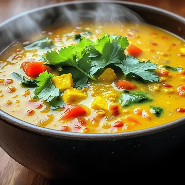 - 1 cup red lentils - 1 can (400ml) creamy coconut milk - 4 cups vegetable broth - 1 medium onion, finely chopped - 2 cloves garlic, minced - 1-inch piece of fresh ginger, grated - 1 tablespoon curry powder - 1 teaspoon ground turmeric - 1 teaspoon ground cumin - 1 red bell pepper, diced - 1 cup fresh spinach, roughly chopped - Fresh cilantro leaves (optional) To create a flavorful Coconut Curry Lentil Soup, you need key ingredients. First, red lentils form the heart of this dish. They cook quickly and turn soft, adding a lovely texture. Next, the creamy coconut milk adds richness. It balances the spices beautifully. The vegetable broth provides depth and enhances the soup's flavor. Onion is crucial for a solid base. It adds sweetness as it cooks down. Aromatics like garlic and ginger bring warmth and zest. Together, they make your kitchen smell amazing. The spices—curry powder, turmeric, and cumin—bring the magic. Curry powder adds warmth. Turmeric gives a vibrant color and health benefits. Cumin adds a nutty flavor, making the soup more complex. The red bell pepper adds sweetness and crunch. Fresh spinach not only boosts nutrition but also adds color. Finally, cilantro leaves are an optional garnish. They give a fresh finish and a pop of green. With these ingredients, you create a nourishing bowl of Coconut Curry Lentil Soup. Each component adds to the overall experience, making every spoonful delightful. - Warm 2 tablespoons of extra virgin olive oil in a large pot over medium heat. - Add 1 medium finely chopped onion and sauté for 5 minutes. - The onion should become soft and translucent. - Next, add 2 minced cloves of garlic and 1-inch grated piece of fresh ginger. - Stir for 1 minute until you smell the fragrant aroma. - Sprinkle in 1 tablespoon of curry powder, 1 teaspoon of ground turmeric, and 1 teaspoon of ground cumin. - Stir for 1 minute to coat the onions with the spices. - Now, add 1 diced red bell pepper and 1 cup of thoroughly rinsed red lentils. - Mix everything well to combine the flavors. - Gradually pour in 4 cups of rich vegetable broth and 1 can of creamy coconut milk. - Raise the heat to bring the mixture to a gentle boil. - Once boiling, reduce the heat to let it simmer. - Cover the pot and cook for 20 to 25 minutes. - Stir occasionally to prevent sticking. - After 25 minutes, check if the lentils are tender. - Stir in 1 cup of roughly chopped fresh spinach and cook for 2 more minutes. - Taste the soup and add salt and freshly ground black pepper to your liking. - For a creamier texture, gently mash some lentils against the pot's side. - Serve the soup hot, and if you like, garnish with fresh cilantro leaves for a bright finish. To make your lentils cook perfectly, rinse them well. This step removes dust and dirt. Use red lentils for a quick cook time. They soften in about 20-25 minutes. Stir them often, so they don’t stick to the pot. Check for doneness by tasting a few. Layering flavors is key to a great soup. Start with onions, garlic, and ginger. Sauté them until soft and fragrant. Then, add spices like curry powder, turmeric, and cumin. This releases their wonderful aromas. Add the vegetables and lentils next. The broth and coconut milk will blend the flavors as they simmer. For a complete meal, serve Coconut Curry Lentil Soup with bread or rice. A warm naan or crusty baguette pairs well. You can also serve it over fluffy rice to soak up the soup. Both options add texture and comfort. Garnish your soup with fresh cilantro. It adds a pop of color and flavor. You can also offer lime wedges on the side. A squeeze of lime brightens the dish and balances the richness of coconut. Want to add protein? Try adding cooked chicken, shrimp, or tofu. These options boost the nutrition and make the soup heartier. You can also add extra vegetables like carrots or zucchini. They add color and crunch. Adjust the spice level to your taste. If you like it spicy, add chopped chili peppers or a dash of hot sauce. For a milder flavor, skip the heat and enjoy the creamy coconut taste. {{image_4}} You can switch out lentils for other legumes. Chickpeas or black beans work well. They add protein and texture. You can also use green or brown lentils if you prefer. For the broth, vegetable broth is great, but you can try chicken broth too. This will change the taste slightly. You can replace coconut milk with almond milk for a lighter soup. To add some heat, include chili peppers or a splash of hot sauce. This gives your soup a spicy kick. You can also try adding fresh herbs like basil or cilantro. They will brighten up the flavors nicely. You might want to mix in spices like paprika or coriander. They bring new layers of taste to the soup. A squeeze of lime can add a refreshing twist too. This soup is naturally vegan and gluten-free. It fits many diets, making it a great choice for gatherings. If you want low-carb options, skip the lentils and add more veggies. Spinach and zucchini are excellent choices. If you're looking for high-protein variations, add cooked chicken or tofu. This will make your meal heartier while keeping it delicious. To store leftovers of your Coconut Curry Lentil Soup, let it cool first. Place it in an airtight container. This keeps it fresh and delicious. You can store it in the fridge for up to five days. Always check for any signs of spoilage before eating. If you want to keep your soup longer, freezing is a great option. Pour the cooled soup into freezer-safe bags or containers. Leave some space at the top for expansion. This will help prevent spills. Your soup can last up to three months in the freezer. When you are ready to enjoy it, thaw the soup in the fridge overnight. You can also use the microwave for quicker thawing. To reheat, warm it on the stove over low heat. Stir often to ensure it heats evenly. Adjust the seasoning if needed before serving. How do I thicken Coconut Curry Lentil Soup? To thicken your soup, you can mash some lentils. Use a fork or a potato masher and gently press them against the pot's side. This helps create a creamy texture without adding extra ingredients. Can I use dried lentils instead of canned? Yes, you can use dried lentils. However, you must rinse and soak them beforehand. Adjust your cooking time to about 30-35 minutes until they become tender. Is this soup spicy? This soup has a mild spice level. The curry powder offers warmth but not too much heat. If you like it spicier, add some chili flakes or fresh peppers during cooking. What is the calorie count per serving? Each serving of Coconut Curry Lentil Soup contains about 300 calories. This makes it a hearty yet healthy option for your meals. Nutritional benefits of lentils and spinach Lentils are rich in protein, fiber, and iron. They help keep you full and support digestion. Spinach adds vitamins A, C, and K, along with minerals like magnesium. Together, they make this soup both nutritious and satisfying. Can I prepare this soup in advance? Absolutely! You can make the soup a day ahead. Just store it in the fridge. The flavors will deepen overnight, making it even more delicious. What kitchen tools do I need to make this recipe? You'll need a large pot for cooking. A wooden spoon helps stir the ingredients. Additionally, a cutting board and knife will be useful for chopping vegetables. This blog post covered the essential ingredients, step-by-step instructions, and helpful tips for making Coconut Curry Lentil Soup. I shared how to create layers of flavor, enhance the dish, and even adapt it for different diets. In the end, cooking should be fun and rewarding. You now have all the tools to craft a delicious meal. Enjoy every bite of your tasty soup. Happy cooking!