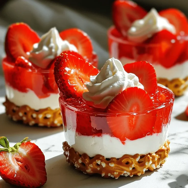 - 1 cup crushed pretzels - 1/2 cup unsalted butter, melted - 1/4 cup granulated sugar - 8 oz cream cheese, softened - 1 cup powdered sugar - 1 cup whipped topping (such as Cool Whip) - 2 cups fresh strawberries, hulled and sliced - 1 cup strawberry gelatin powder - 2 cups boiling water - 1 cup cold water To make Strawberry Pretzel Salad Cups, you need simple ingredients. First, crushed pretzels form the base. They give a salty crunch. You mix them with melted butter and sugar. This mixture makes a tasty crust. Next, you need cream cheese. It gives a rich and creamy layer. Powdered sugar sweetens this mix. Whipped topping adds lightness. Together, they create a smooth filling. The star of the show is fresh strawberries. They add bright flavor and color. Strawberry gelatin powder helps set the dessert. You mix it with boiling water, then cold water. This mixture becomes a sweet layer over the cream cheese. Gather your ingredients. They come together to make a fun and tasty treat. Enjoy the mix of salty pretzels and sweet strawberry goodness! First, preheat your oven to 350°F (175°C). This helps the crust bake perfectly. In a medium bowl, mix 1 cup of crushed pretzels, 1/2 cup of melted butter, and 1/4 cup of granulated sugar. Stir until the pretzels are well-coated. Next, press this mixture firmly into the bottom of a greased muffin tin. Bake for about 10 minutes until it's slightly golden. Let the crust cool completely before adding the filling. While the crust cools, grab another bowl. Beat 8 oz of softened cream cheese with 1 cup of powdered sugar. Mix until smooth and creamy. Now, gently fold in 1 cup of whipped topping, like Cool Whip. This will make your mixture light and fluffy. Now it’s time to prepare the strawberry layer. In a medium bowl, dissolve 1 cup of strawberry gelatin powder in 2 cups of boiling water. Stir until fully dissolved. Then, add 1 cup of cold water and mix well. Allow this mixture to cool slightly, then fold in 2 cups of hulled and sliced strawberries. Next, spoon a layer of the cream cheese mixture into each muffin cup. Smooth the tops with a spatula. Carefully pour the strawberry mixture over the cream cheese layer in each cup, ensuring it’s evenly distributed. Cover the muffin tin with plastic wrap and refrigerate for at least 4 hours. This allows the gelatin to set and hold its shape. Once set, gently run a knife around the edges to loosen the cups. Place them on a nice serving platter to impress your guests. - How to avoid a soggy crust To keep the crust crispy, bake it until golden brown. Let the crust cool before adding the cream cheese layer. This step keeps moisture from making the crust soggy. - Ensuring even distribution of layers When adding the cream cheese mixture, use a spatula to spread it evenly. For the strawberry layer, pour gently to cover the cream cheese. This way, each cup has a balanced taste. - Creative garnish ideas for serving Top each cup with extra strawberry slices or a dollop of whipped topping. A sprinkle of crushed pretzels adds a nice crunch, making each cup pop. - Choosing the right serving platter Use a colorful or decorative platter to display your cups. A fun serving dish draws attention and makes your dessert look even more inviting. {{image_4}} You can switch out the cream cheese if you want. Try using Greek yogurt for a lighter option. Silken tofu is a great vegan choice too. For whipped topping, you can use coconut cream. It adds a nice flavor and is dairy-free. If you want to change the fruit, strawberries are not the only option. Blueberries, raspberries, or peaches can also work well. Each fruit brings a different taste and color. You can mix and match fruits for fun flavors. Get creative with the gelatin! Instead of strawberry, you can try raspberry or peach gelatin. Each one brings a unique twist. You can also use sugar-free gelatin if you're looking to cut calories. Want to add a little more fun? Sprinkle some chocolate chips on top. Drizzling melted chocolate can also be tasty. It adds a sweet touch and looks great too! You can even mix in nuts for crunch. To keep your Strawberry Pretzel Salad Cups fresh, place them in a sealed container. This helps keep moisture out. Store them in the fridge for up to three days. If you don't plan to eat them soon, avoid adding fresh strawberries on top. This will help keep them from getting soggy. Can you freeze Strawberry Pretzel Salad Cups? Yes, you can freeze them. However, the texture will change a bit. To freeze, wrap each cup tightly in plastic wrap. Then, place them in a freezer bag. This way, they stay safe from freezer burn. When you’re ready to eat, take them out and thaw them in the fridge overnight. Do not refreeze them after thawing. Enjoy your sweet treat! Strawberry Pretzel Salad Cups are sweet and salty. They have three main layers. The bottom layer is a crunchy pretzel crust. The middle layer is a creamy mix of cream cheese and whipped topping. The top layer is a vibrant strawberry gelatin filled with fresh strawberries. Each cup is a delightful bite of flavor and texture. Yes, you can make these cups a day or two ahead. Just prepare the cups and store them in the fridge. Cover them well with plastic wrap. This keeps them fresh and tasty. Making them ahead saves time for parties or gatherings. These cups need about four hours in the fridge to set. I recommend making them in the morning for an evening event. The gelatin layer should feel firm when ready to serve. You can also check by gently touching the top. You can easily double the recipe for larger gatherings. Use two muffin tins instead of one. Just remember to adjust your cooking times if needed. Keep an eye on your crusts while baking. They should still be golden and crisp. Strawberry Pretzel Salad Cups are a fun and tasty treat. We covered ingredients, step-by-step instructions, and helpful tips. You learned how to assemble and store these delicious dessert cups. Experiment with flavors and ingredients to make them your own. These cups are perfect for parties or a sweet snack. Enjoy creating and sharing this delightful dessert!