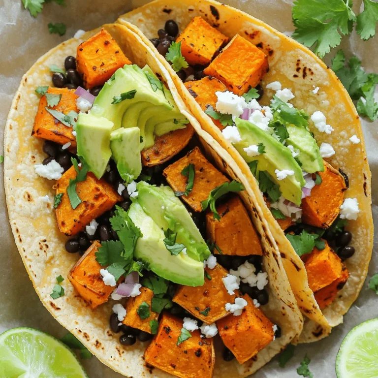- 2 large sweet potatoes, peeled and cut into ½-inch cubes - 1 can (15 oz) black beans, thoroughly rinsed and drained - 8 small corn tortillas Sweet potatoes add sweetness and texture. Black beans give protein and fiber. Corn tortillas wrap everything nicely. This trio forms a tasty base for your tacos. - 1 tablespoon extra virgin olive oil - 1 teaspoon ground cumin - 1 teaspoon smoked paprika - ½ teaspoon garlic powder - Salt and freshly cracked black pepper, to taste Olive oil helps crisp the sweet potatoes. Cumin and smoked paprika deepen the flavor. Garlic powder adds a savory kick. Salt and pepper enhance all the tastes. - 1 ripe avocado, sliced into thin wedges - ¼ cup fresh cilantro, roughly chopped - 1 lime, cut into wedges - Additional toppings: diced red onion, crumbled feta cheese, hot sauce Avocado adds creaminess. Fresh cilantro gives a burst of freshness. Lime juice brightens the flavors. Extra toppings let you customize each taco. Start by preheating your oven to 400°F (200°C). This step is key to getting the sweet potatoes nice and crispy. Next, take your two large sweet potatoes, peel them, and cut them into ½-inch cubes. Place them on a large baking sheet. Drizzle the sweet potatoes with one tablespoon of extra virgin olive oil. Sprinkle on one teaspoon of ground cumin, one teaspoon of smoked paprika, and half a teaspoon of garlic powder. Add salt and freshly cracked black pepper to taste. Toss the sweet potatoes well to coat them evenly with the oil and seasonings. Roast the sweet potatoes in the preheated oven for 25 to 30 minutes. Stir them halfway through to ensure they cook evenly. They should be golden brown and soft when done. While the sweet potatoes roast, grab a can of black beans. Rinse them thoroughly under cold water and drain them well. Place the black beans in a small saucepan over medium heat. Stir gently and cook until warmed through, which should take about five minutes. You can add a pinch of salt and pepper to enhance their flavor. Once warmed, set them aside until you are ready to assemble your tacos. Next, take your corn tortillas and heat a dry skillet over medium-high heat. Toast each tortilla for about 30 seconds on each side. This adds flavor and makes them soft and warm. Make sure not to burn them. You want them to be pliable for easy assembly. Now it’s time to build your tacos! Take a warm tortilla and add a layer of roasted sweet potatoes. Follow this with a generous spoonful of your warmed black beans. Top each taco with slices of creamy avocado and a sprinkle of fresh cilantro. Optionally, add diced red onion or crumbled feta cheese for extra flavor. Finally, squeeze fresh lime juice over the tacos just before serving. This brightens up all the flavors and makes each bite delicious! To get crispy sweet potatoes, coat them well with oil and seasoning. I like to use one tablespoon of olive oil and a mix of spices. This helps them roast evenly. Make sure the sweet potatoes are in a single layer on the baking sheet. Stir them halfway through roasting. This lets all sides get that perfect crunch. You’ll know they’re done when they turn golden brown and feel tender. These tacos shine with fresh salsa or creamy guacamole. Both add flavor and color. Sprinkle some diced red onion or crumbled feta cheese on top. This makes the tacos look more appealing. Don't forget to arrange them on a colorful platter with lime wedges. It’s all about the presentation! These tacos are vegan and gluten-free, making them a great choice for many diets. Sweet potatoes are packed with vitamins. They offer fiber and antioxidants. Black beans add protein and even more fiber. Together, they create a meal that is both tasty and healthy. Enjoy these tacos without worry! {{image_4}} If you want to switch things up, try different beans. Pinto beans or chickpeas work well. They add a nice texture and flavor. For veggies, consider bell peppers or zucchini. These add crunch and color to your tacos. Spice lovers can experiment with chili powder or cayenne. These spices will add some heat. You can also add a pinch of oregano for a fresh twist. As for tortillas, corn tortillas are classic. But flour tortillas or whole wheat ones can be tasty too. They give a different texture and flavor. Want to take it up a notch? Try a taco salad. Just layer the sweet potatoes and beans on a bed of greens. Top it with avocado and cilantro for a fresh crunch. Another idea is to use wrap-style tortillas. Fill them up and roll them tight. This makes for a fun, easy-to-eat option! To keep your crispy sweet potato black bean tacos fresh, follow these tips: - Refrigeration tips: Store leftovers in the fridge within two hours. This keeps them safe to eat. - Container recommendations: Use airtight containers to prevent moisture loss. This helps maintain texture. To enjoy your tacos again, reheat them properly: - Best ways to reheat sweet potatoes and beans: Use the oven or a skillet. This keeps the sweet potatoes crispy and beans warm. - Maintaining taco texture: Reheat tortillas briefly in a skillet. This helps them stay soft and tasty. If you want to save your tacos for later, consider these tips: - Freezing tacos separately: Freeze sweet potatoes and beans apart from tortillas. This keeps everything fresh. - Recommended storage duration: Store them in the freezer for up to three months. Be sure to label them for easy access. You can prepare the sweet potatoes and beans in advance. Roast the sweet potatoes and warm the black beans a day before. Store them in separate airtight containers in the fridge. When you are ready to eat, simply warm them in the oven or microwave. This way, you save time and enjoy a quick meal. Just remember to toast the tortillas fresh for the best taste. Yes, you can use different beans! Pinto beans, kidney beans, or chickpeas work great too. Each type adds a unique flavor and texture. Just make sure to rinse and drain them well. For a twist, you could even try lentils. They offer a nice bite and blend well with sweet potatoes. These tacos pair well with fresh salsa or guacamole. A side of rice or quinoa adds heartiness too. For drinks, try serving them with a refreshing limeade or a light beer. You can also offer a simple salad on the side to round out the meal. Absolutely! These tacos are great for meal prep. You can prepare all the components ahead of time. Store them separately and assemble before eating. This makes it easy to grab a tasty meal during the week. Plus, they stay fresh in the fridge for several days. These sweet potato black bean tacos are tasty and easy to make. We covered the key ingredients and steps, from roasting sweet potatoes to toasting tortillas. Remember, use fresh toppings for even more flavor. You can also switch ingredients to fit your taste or diet. Storing and reheating properly keeps them delicious. Enjoy experimenting with this simple dish, and make it your own!