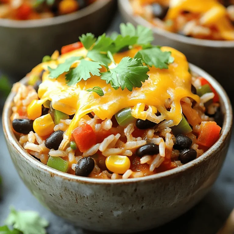 - Rice Type I prefer long-grain rice for this dish. It cooks evenly and stays fluffy. - Canned Goods You will need: - 1 can (15 oz) black beans, drained and rinsed - 1 can (14.5 oz) diced tomatoes with green chilies - Fresh Produce For fresh flavors, include: - 1 bell pepper, any color, diced - 1 small onion, finely chopped - 2 cloves garlic, minced - 1 cup corn kernels (fresh, frozen, or canned) - Essential Spices Key spices are: - 1 teaspoon ground cumin - 1 teaspoon chili powder - 1/2 teaspoon smoked paprika - Salt and Pepper Use salt and freshly ground black pepper to taste. They enhance the flavors. - Cheese Options For a rich finish, use: - 1 cup shredded cheese (cheddar or Mexican blend) - Garnishing Choices Fresh cilantro adds a burst of color and flavor. You can also add sour cream or avocado slices. Chopping Vegetables Start by washing your bell pepper and onion. Dice the bell pepper into small pieces. Finely chop the onion. This step adds a fresh taste to our dish. Measuring Rice and Beans Next, measure 1 cup of long-grain rice. Rinse it under cold water to remove extra starch. Open a can of black beans, drain it well, and rinse to remove excess salt. Initial Sautéing In a large pot or Dutch oven, heat 1 tablespoon of olive oil. Once it shimmers, add the chopped onion and bell pepper. Sauté these for about 5 minutes. Stir them often until they soften and smell great. Toasting Rice Now, add the rinsed rice to the pot. Stir well to coat it with the oil and veggies. Let the rice toast for about 2 minutes. This step helps to deepen the flavor. Simmering the Dish Carefully pour in 2 cups of vegetable broth. Add the can of diced tomatoes with their juices, the black beans, and corn. Season with salt and black pepper to taste. Stir everything until well mixed. Bring the mixture to a boil. Once boiling, reduce the heat to low. Cover the pot and let it simmer for 20-25 minutes. Check that the rice is tender and has absorbed most of the liquid. Adding Cheese After cooking, remove the pot from heat. Sprinkle 1 cup of shredded cheese over the top. Cover the pot again for about 5 minutes. This allows the cheese to melt nicely. Mixing and Serving Once the cheese is melted, gently stir the casserole to mix it all together. Just before serving, add fresh cilantro on top for a burst of flavor and color. Enjoy your One-Pot Mexican Rice Casserole! Avoiding Sticky Rice To prevent sticky rice, rinse your long-grain rice before cooking. This removes excess starch. You can also toast the rice in olive oil for 2 minutes. This adds flavor and keeps grains separate. Adjusting Spices Taste is key when it comes to spices. Start with the suggested amounts. If you love heat, add more chili powder. For a milder dish, cut back on spices. Always taste as you go to find your perfect balance. Garnishing Ideas Add flavor and color with fresh cilantro. You can also top each bowl with sour cream. Slices of avocado add a creamy touch. For a little crunch, try tortilla chips on top. Accompanying Dishes This casserole pairs well with a fresh salad. A zesty lime vinaigrette can brighten your meal. You can also serve it with warm corn tortillas for a complete experience. Low-Sodium Broth To make a healthier dish, use low-sodium vegetable broth. This cuts down on salt without losing flavor. It helps keep your meal balanced and tasty. Vegetarian/Vegan Adjustments This dish can easily become vegan. Simply skip the cheese or use a dairy-free alternative. You can add more veggies like zucchini or spinach for extra nutrition. {{image_4}} Alternative Proteins You can change up the protein in this dish. Instead of black beans, try using chickpeas or lentils. For meat lovers, ground turkey or chicken works well, too. Just cook the meat before adding it to the pot. This adds flavor and texture to your meal. Different Vegetables Feel free to mix in your favorite veggies. Zucchini, carrots, or spinach all add great taste and nutrition. You can also use frozen veggies for convenience. Just toss them in with the rice. This makes it easy to customize your casserole. Slow Cooker Version To make this in a slow cooker, sauté the onion, bell pepper, and garlic first. Then, add the rice, beans, tomatoes, corn, and spices into the slow cooker. Pour in the broth and cook on low for 4-6 hours. This method gives a warm, cozy flavor. Instant Pot Method If you’re short on time, use an Instant Pot. Sauté the veggies as usual, then add the rice and other ingredients. Close the lid and cook on high for 10 minutes. Quick and easy, the Instant Pot makes this dish a breeze. Spicy Additions Want to kick up the heat? Add jalapeños or a dash of hot sauce. You can also use spicy diced tomatoes for more flavor. Adjust the spice to your liking for a warming dish. Herb Combinations Fresh herbs can change the taste completely. Try adding chopped cilantro or parsley for freshness. You can also mix in dried herbs like oregano or thyme. This adds depth and makes your casserole sing with flavor. To store leftovers, place the casserole in an airtight container. Let it cool to room temperature first. You can keep it in the fridge for up to four days. For reheating, you can use the microwave or the stove. If using the microwave, heat it in 30-second intervals. Stir between intervals for even warming. On the stove, add a splash of broth to prevent sticking. Heat on low until warm. If you want to freeze the casserole, use a freezer-safe container. Allow it to cool completely, then cover tightly. You can freeze it for up to three months. For thawing, move it to the fridge overnight before reheating. This way, it thaws slowly and safely. If you're in a hurry, you can use the microwave on defrost mode. In the fridge, the casserole lasts about four days. In the freezer, it keeps well for three months. Always check for signs of spoilage, like off smells or changes in texture. Enjoy your meal safely! Yes, you can use brown rice, but cooking time changes. Brown rice takes longer to cook than white rice. You will need to add about 10-15 more minutes to the cooking time. Make sure to check the rice for doneness. If it’s still firm, let it simmer longer with a bit more broth. Yes, this recipe can be gluten-free. Check your canned goods for gluten-free labels. The black beans, tomatoes, and corn should be gluten-free. Use gluten-free vegetable broth to ensure the whole dish is safe for those avoiding gluten. Yes, you can prep this casserole ahead. Cook the rice mixture as directed and let it cool. Store it in the fridge for up to 2 days. When ready to eat, reheat it on the stove or in the oven. Add cheese before reheating for that gooey melted texture. This article explored how to create a delicious casserole. We covered key ingredients like rice, fresh produce, and spices. I shared step-by-step instructions for prepping, cooking, and adding final touches. Helpful tips offered ways to avoid sticky rice and serve with style. We discussed variations, storage methods, and answered common questions. Casseroles are versatile and easy, making them a great choice. Try different flavors and ingredients to make it your own. Enjoy cooking and sharing your tasty creations with others!