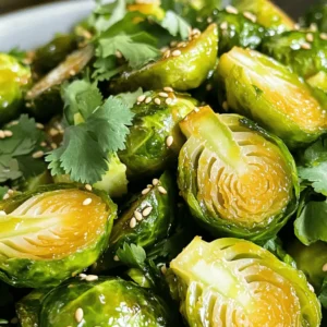 - 1 pound Brussels sprouts, trimmed and halved - 2 tablespoons fresh ginger, finely minced - 3 tablespoons low-sodium soy sauce - 2 tablespoons honey or maple syrup - 1 tablespoon sesame oil - 1 tablespoon rice vinegar - 2 cloves garlic, minced - 1 teaspoon red pepper flakes (optional) - 2 tablespoons toasted sesame seeds (for garnish) - Fresh cilantro leaves or sliced green onions (for garnish) Gathering the right ingredients is key to making Ginger Soy Glazed Brussels Sprouts. You need fresh Brussels sprouts. Select ones that are firm and bright green. Fresh ginger adds a warm spice. Its flavor lifts the dish. Low-sodium soy sauce gives a savory touch. It balances well with honey or maple syrup. This sweetness complements the savory notes. Sesame oil brings a nutty flavor. Rice vinegar adds a nice acidity. Garlic boosts the overall taste. If you like a kick, add red pepper flakes. For the final touch, toasted sesame seeds add a crunch. Fresh cilantro leaves or green onions can brighten the dish. They add color and freshness. With these ingredients, you create a delicious side dish. Each bite offers a blend of flavors. It’s a great way to enjoy Brussels sprouts! Set your oven to 400°F (200°C). This high heat helps the Brussels sprouts get nice and crispy. In a large bowl, combine the following: - 2 tablespoons fresh ginger, finely minced - 2 cloves garlic, minced - 3 tablespoons low-sodium soy sauce - 2 tablespoons honey or maple syrup - 1 tablespoon sesame oil - 1 tablespoon rice vinegar - 1 teaspoon red pepper flakes (optional) Mix well to create a flavorful sauce. This marinade adds depth to your Brussels sprouts. Take 1 pound of Brussels sprouts, trimmed and halved. Add them to the bowl with the marinade. Stir until every piece is coated. This ensures each sprout is packed with flavor. Spread the coated Brussels sprouts on a baking sheet. Keep them in a single layer; this helps them roast evenly. Place the baking sheet in the oven and roast for 20-25 minutes. Toss them halfway through to achieve a golden color and caramelized edges. Once roasted, take the Brussels sprouts out of the oven. Drizzle with a little extra soy sauce for an added kick. Transfer them to a serving dish and garnish with: - 2 tablespoons toasted sesame seeds - Fresh cilantro leaves or sliced green onions This adds a nice crunch and color. Enjoy your flavorful side dish! To get your Brussels sprouts nice and crispy, avoid overcrowding the baking sheet. If they are too close together, they will steam instead of roast. This means less crunch! Make sure each sprout has room to breathe. You can boost the flavor by drizzling on extra soy sauce before serving. If you want more spice, add a pinch of red pepper flakes or a splash of hot sauce. These small tweaks can really elevate the dish! For a beautiful display, serve the Brussels sprouts in a nice bowl. Sprinkle extra sesame seeds and fresh herbs on top. This adds color and makes the dish pop. Everyone will appreciate the effort! {{image_4}} You can switch honey for maple syrup or agave nectar. Each sweetener gives a unique flavor. Maple syrup offers a rich, earthy taste. Agave nectar is milder and sweeter. Choose what suits your taste! Want to make this dish a full meal? Add tofu, chicken, or shrimp. Tofu absorbs the sauce well and adds a nice texture. Chicken brings heartiness, while shrimp adds a fresh, ocean flavor. Each option works great with the ginger soy glaze! If you like heat, adjust the red pepper flakes. You can add more for a bolder kick. For even more spice, try sriracha! This sauce adds depth and warmth. Play with spice to match your taste buds! To store your Ginger Soy Glazed Brussels sprouts, first let them cool. After they cool, place them in an airtight container. Store in the refrigerator for up to four days. This keeps them fresh and ready for you. When reheating, you want to keep that crispiness. The best way is to use your oven or an air fryer. Preheat your oven to 350°F (175°C). Spread the Brussels sprouts on a baking sheet. Heat for about 10 to 15 minutes. If using an air fryer, set it to 350°F (175°C) and cook for about 5 to 8 minutes. This way, they remain crunchy and delicious. Yes, you can freeze Brussels sprouts! However, it's best to blanch them first. Boil them for 2-3 minutes, then plunge them into ice water. Drain and dry them well. Store in a freezer-safe bag for up to three months. When ready to use, thaw them in the fridge overnight before cooking. This helps keep their flavor and texture. Yes, you can use frozen Brussels sprouts. However, fresh sprouts give better taste and texture. Frozen sprouts may be softer after cooking. If using frozen, do not thaw them before roasting. Just add a few extra minutes to the cooking time. Roast Brussels sprouts for 20-25 minutes at 400°F (200°C). You’ll know they are done when they turn golden brown and are tender on the inside. Toss them halfway through for even roasting. This helps them get crispy and caramelized. These Brussels sprouts pair well with many dishes. Try them alongside grilled chicken or salmon for protein. They also complement rice or quinoa nicely. Add a side salad for freshness. Enjoying them with a light soy sauce dipping sauce can also enhance their flavor. You now have a tasty recipe for Ginger Soy Glazed Brussels sprouts. We covered the ingredients, step-by-step instructions, and tips for perfect results. You can even mix in proteins or change sweeteners to fit your taste. Remember to store any leftovers properly for later enjoyment. Enjoy the blend of flavors and textures in this dish. It’s great for any meal or gathering!