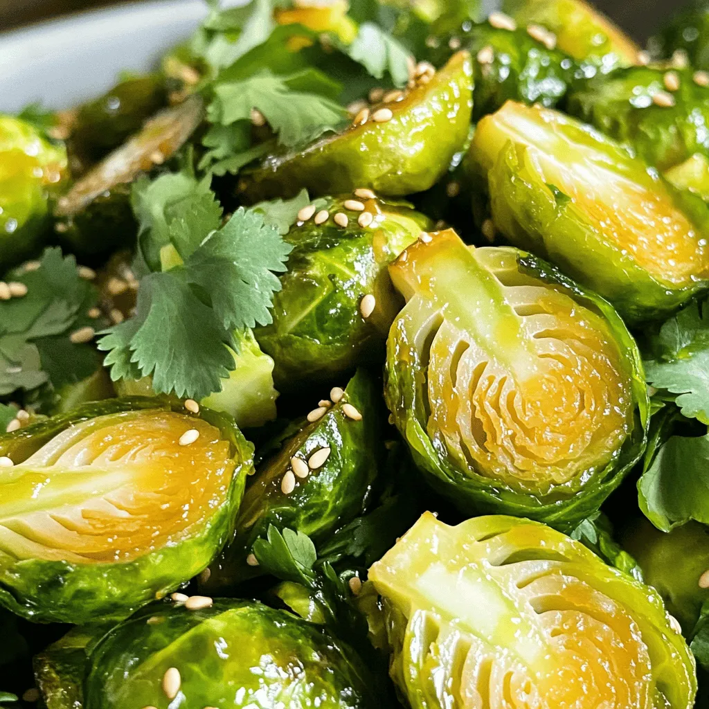- 1 pound Brussels sprouts, trimmed and halved - 2 tablespoons fresh ginger, finely minced - 3 tablespoons low-sodium soy sauce - 2 tablespoons honey or maple syrup - 1 tablespoon sesame oil - 1 tablespoon rice vinegar - 2 cloves garlic, minced - 1 teaspoon red pepper flakes (optional) - 2 tablespoons toasted sesame seeds (for garnish) - Fresh cilantro leaves or sliced green onions (for garnish) Gathering the right ingredients is key to making Ginger Soy Glazed Brussels Sprouts. You need fresh Brussels sprouts. Select ones that are firm and bright green. Fresh ginger adds a warm spice. Its flavor lifts the dish. Low-sodium soy sauce gives a savory touch. It balances well with honey or maple syrup. This sweetness complements the savory notes. Sesame oil brings a nutty flavor. Rice vinegar adds a nice acidity. Garlic boosts the overall taste. If you like a kick, add red pepper flakes. For the final touch, toasted sesame seeds add a crunch. Fresh cilantro leaves or green onions can brighten the dish. They add color and freshness. With these ingredients, you create a delicious side dish. Each bite offers a blend of flavors. It’s a great way to enjoy Brussels sprouts! Set your oven to 400°F (200°C). This high heat helps the Brussels sprouts get nice and crispy. In a large bowl, combine the following: - 2 tablespoons fresh ginger, finely minced - 2 cloves garlic, minced - 3 tablespoons low-sodium soy sauce - 2 tablespoons honey or maple syrup - 1 tablespoon sesame oil - 1 tablespoon rice vinegar - 1 teaspoon red pepper flakes (optional) Mix well to create a flavorful sauce. This marinade adds depth to your Brussels sprouts. Take 1 pound of Brussels sprouts, trimmed and halved. Add them to the bowl with the marinade. Stir until every piece is coated. This ensures each sprout is packed with flavor. Spread the coated Brussels sprouts on a baking sheet. Keep them in a single layer; this helps them roast evenly. Place the baking sheet in the oven and roast for 20-25 minutes. Toss them halfway through to achieve a golden color and caramelized edges. Once roasted, take the Brussels sprouts out of the oven. Drizzle with a little extra soy sauce for an added kick. Transfer them to a serving dish and garnish with: - 2 tablespoons toasted sesame seeds - Fresh cilantro leaves or sliced green onions This adds a nice crunch and color. Enjoy your flavorful side dish! To get your Brussels sprouts nice and crispy, avoid overcrowding the baking sheet. If they are too close together, they will steam instead of roast. This means less crunch! Make sure each sprout has room to breathe. You can boost the flavor by drizzling on extra soy sauce before serving. If you want more spice, add a pinch of red pepper flakes or a splash of hot sauce. These small tweaks can really elevate the dish! For a beautiful display, serve the Brussels sprouts in a nice bowl. Sprinkle extra sesame seeds and fresh herbs on top. This adds color and makes the dish pop. Everyone will appreciate the effort! {{image_4}} You can switch honey for maple syrup or agave nectar. Each sweetener gives a unique flavor. Maple syrup offers a rich, earthy taste. Agave nectar is milder and sweeter. Choose what suits your taste! Want to make this dish a full meal? Add tofu, chicken, or shrimp. Tofu absorbs the sauce well and adds a nice texture. Chicken brings heartiness, while shrimp adds a fresh, ocean flavor. Each option works great with the ginger soy glaze! If you like heat, adjust the red pepper flakes. You can add more for a bolder kick. For even more spice, try sriracha! This sauce adds depth and warmth. Play with spice to match your taste buds! To store your Ginger Soy Glazed Brussels sprouts, first let them cool. After they cool, place them in an airtight container. Store in the refrigerator for up to four days. This keeps them fresh and ready for you. When reheating, you want to keep that crispiness. The best way is to use your oven or an air fryer. Preheat your oven to 350°F (175°C). Spread the Brussels sprouts on a baking sheet. Heat for about 10 to 15 minutes. If using an air fryer, set it to 350°F (175°C) and cook for about 5 to 8 minutes. This way, they remain crunchy and delicious. Yes, you can freeze Brussels sprouts! However, it's best to blanch them first. Boil them for 2-3 minutes, then plunge them into ice water. Drain and dry them well. Store in a freezer-safe bag for up to three months. When ready to use, thaw them in the fridge overnight before cooking. This helps keep their flavor and texture. Yes, you can use frozen Brussels sprouts. However, fresh sprouts give better taste and texture. Frozen sprouts may be softer after cooking. If using frozen, do not thaw them before roasting. Just add a few extra minutes to the cooking time. Roast Brussels sprouts for 20-25 minutes at 400°F (200°C). You’ll know they are done when they turn golden brown and are tender on the inside. Toss them halfway through for even roasting. This helps them get crispy and caramelized. These Brussels sprouts pair well with many dishes. Try them alongside grilled chicken or salmon for protein. They also complement rice or quinoa nicely. Add a side salad for freshness. Enjoying them with a light soy sauce dipping sauce can also enhance their flavor. You now have a tasty recipe for Ginger Soy Glazed Brussels sprouts. We covered the ingredients, step-by-step instructions, and tips for perfect results. You can even mix in proteins or change sweeteners to fit your taste. Remember to store any leftovers properly for later enjoyment. Enjoy the blend of flavors and textures in this dish. It’s great for any meal or gathering!