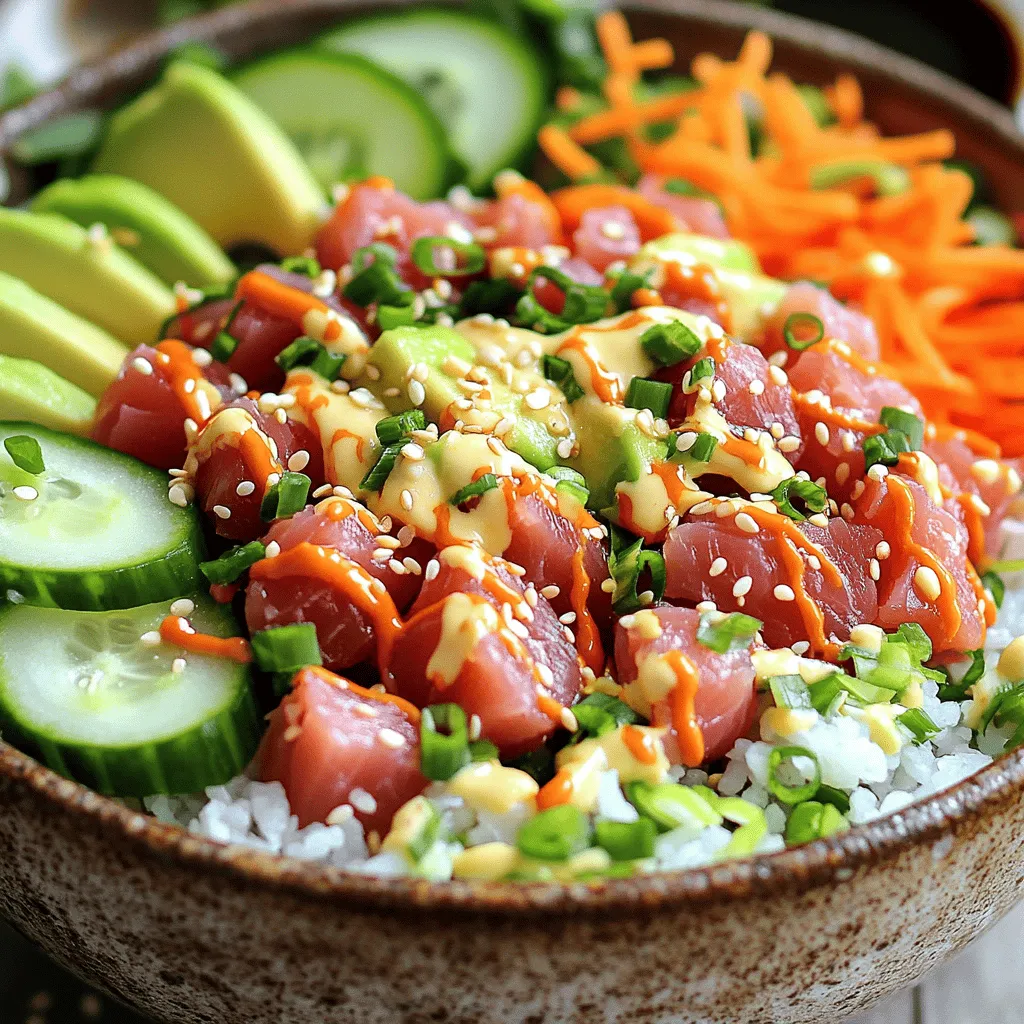 - 1 cup sushi rice - 8 ounces sushi-grade tuna - 1 ripe avocado - Soy sauce for drizzling - Rice vinegar, sugar, and salt - Mayonnaise (preferably Kewpie) - Sriracha - Toasted sesame seeds and nori - Cucumber - Carrot - Green onions When I create spicy tuna sushi bowls, I keep the ingredients simple yet full of flavor. I always choose sushi-grade tuna for the best taste and safety. This tuna should be bright and fresh, as it is the star of the dish. For the rice, sushi rice is a must. It has the right texture and stickiness that holds everything together. The avocado adds a creamy texture that balances the spice. I also love to drizzle soy sauce on top. It enhances the umami flavor of the dish. To season the rice, I mix rice vinegar, sugar, and salt. This blend gives the rice a tangy taste. I prefer using Kewpie mayonnaise for its rich flavor. Sriracha brings the heat. You can adjust the amount based on how spicy you like it. I often add toasted sesame seeds and nori as toppings. They provide a nice crunch and visual appeal. For extra freshness, I like to include optional add-ins like cucumber, carrot, and green onions. They add color and a crisp bite to the bowls. This combination makes each bowl a delightful experience. Start by rinsing the sushi rice under cold water. This helps remove excess starch. Rinse until the water runs clear. Next, place the rinsed rice in a medium saucepan with 1 ¼ cups of water. Turn the heat to medium and bring it to a boil. Once it boils, cover the pot and lower the heat. Let it simmer for about 18-20 minutes. When done, remove it from the heat and let it sit for 10 more minutes. This steaming time is key for fluffy rice. While the rice steams, prepare the seasoning. In a small bowl, mix rice vinegar, sugar, and salt. Stir until the sugar and salt dissolve completely. After the rice has steamed, transfer it to a large mixing bowl. Gently fold in the vinegar mixture with a spatula. Be careful not to mash the rice. Let it cool to room temperature for the best flavor. In a separate bowl, combine the diced sushi-grade tuna with mayonnaise and sriracha. Mix gently until every piece of tuna is coated well. If you like your dish spicier, feel free to add more sriracha. Taste it and adjust the spice to your liking. To make the bowls, start with the seasoned sushi rice. Divide it evenly among your serving bowls. Next, top each bowl with the spicy tuna mixture. Then, arrange sliced avocado, cucumber rounds, and julienned carrot on top. This layering makes the dish colorful and fun. For the final touches, sprinkle sliced green onions and toasted sesame seeds over each bowl. Add a few nori squares for extra flair. Finally, drizzle soy sauce over the top. Serve with a small dish of soy sauce on the side for extra dipping. Enjoy your spicy tuna sushi bowls! To make the best sushi rice, start with rinsing it well. Rinse the rice under cold water until the water runs clear. This step removes excess starch and helps the rice cook evenly. After rinsing, combine 1 cup of rice with 1 ¼ cups of water in a pot. Bring it to a rolling boil over medium heat. When it boils, cover the pot with a lid and lower the heat. Let it simmer for about 18-20 minutes. After cooking, let it sit, still covered, for 10 more minutes. This extra time makes the rice fluffy. Using quality ingredients is key for great flavor. Always choose sushi-grade tuna for the best taste and safety. When mixing the tuna, use Kewpie mayonnaise for a creamy texture. Adjust the amount of sriracha based on your spice preference. If you like it spicy, add more sriracha. If you prefer mild, use less. Taste as you mix to find your perfect balance. For a stunning presentation, arrange your toppings with care. Start with the sushi rice as a base. Then, add the spicy tuna on top. Use colorful vegetables like avocado, cucumber, and carrot for a bright look. Sprinkle green onions and sesame seeds on top for extra flair. Serve in beautiful bowls, and add a small dish of soy sauce on the side. This makes it feel like a restaurant experience at home. {{image_4}} You can change the main protein in your spicy tuna bowls. If you can't find sushi-grade tuna, use salmon or cooked shrimp. Both options give great flavor. For a vegetarian twist, try tofu or tempeh. Press and marinate them to add taste. You can even sauté them for a crispy finish. Adding seasonal vegetables can enhance your bowl. In spring, try fresh peas or radishes. In summer, add juicy tomatoes or bell peppers. For fall, consider roasted squash or sweet potatoes. Pair these veggies with toppings like cilantro or lime zest. They add a bright kick to your dish. You don't have to stick to sushi rice. Brown rice is a healthy choice and adds nuttiness. Quinoa is another great option; it's full of protein. Both give a different texture. When seasoning, consider using apple cider vinegar or rice wine vinegar. They change the flavor and make it unique. To store your spicy tuna sushi bowls properly, follow these steps: - Cool Down: Let the sushi rice cool to room temperature first. - Containers: Use airtight containers to keep the rice and toppings fresh. - Separate Storage: Store the rice and toppings separately to maintain texture. - Refrigeration: Place them in the fridge right after cooling. When it comes to reheating sushi rice, do it gently: - Microwave Method: Place the rice in a microwave-safe bowl. Add a splash of water to keep it moist. - Cover: Cover with a damp paper towel to prevent it from drying out. - Heat: Microwave in short bursts, checking often until warm. For toppings, avoid reheating them if possible. Enjoy them fresh for the best taste. If needed, eat cold from the fridge. Homemade spicy tuna bowls stay fresh for about 1-2 days in the fridge. - Check for Spoilage: Look for any off smells or changes in texture. - Tuna Quality: If the tuna looks dull or slimy, it’s time to toss it. - Rice Texture: If the rice has dried out or feels hard, it may not be safe to eat. I recommend using sushi-grade tuna. This type of tuna is safe to eat raw. It comes from a reliable source, ensuring freshness and quality. Regular tuna does not have the same standards. It may not be safe for raw dishes. Yes, you can prep components ahead of time. Cook the sushi rice and let it cool. Store it in an airtight container. You can mix the spicy tuna just before serving. Keep sliced veggies in the fridge. This way, they stay fresh and crisp. If you can’t find sushi rice, use short-grain rice. It has a similar sticky texture. You could also try jasmine rice. Another option is quinoa for a healthier twist. Just remember to adjust the water and cooking times. Yes, but you should choose sushi-grade fish. It undergoes freezing to kill parasites. Buy from trusted sources to ensure safety. Always check for freshness and smell. If it seems off, do not eat it. You can adjust the spice level easily. Start with a small amount of sriracha. Mix it with the tuna and taste. If you want more heat, add more sriracha. Remember, it’s easier to add spice than to remove it! In this blog post, we explored how to create delicious spicy tuna sushi bowls. We covered the key ingredients, including sushi rice, fresh tuna, and optional add-ins like cucumber and avocado. I provided detailed step-by-step instructions for cooking and assembling your dish. Tips for perfect rice and enhancing flavor rounded out the guide. Making these bowls lets you personalize your meal to match your taste. Enjoy the process, and remember, practice makes perfect. Your homemade sushi bowl will impress anyone!