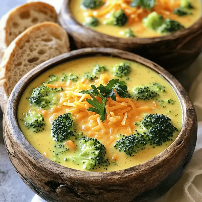 - 4 cups fresh broccoli florets - 1 cup carrots, diced - 1 medium onion, finely chopped - 3 cloves garlic, minced - 4 cups vegetable broth - 1 cup heavy cream - 2 cups sharp cheddar cheese, shredded - 1 tablespoon olive oil - 1 teaspoon salt - 1/2 teaspoon freshly ground black pepper - 1/2 teaspoon ground nutmeg (optional, for an aromatic touch) - 1/4 cup all-purpose flour (optional, for thickening) - Ground nutmeg adds a warm flavor. - All-purpose flour helps thicken the soup. - Fresh parsley gives a nice pop of color and freshness. When I gather these ingredients, I feel excited. Fresh broccoli brings bright color and nutrients. Carrots and onions add sweetness and depth. Garlic gives that perfect aroma. Vegetable broth serves as a great base. Heavy cream and cheddar cheese create a rich, creamy texture that comforts. The optional nutmeg adds warmth, while the flour thickens the soup to a delightful consistency. Finally, fresh parsley on top makes it look pretty and fresh. With these ingredients, you’re set for a cozy bowl of creamy broccoli cheddar soup. Start by heating olive oil in a large pot over medium heat. Add chopped onion and diced carrots. Stir them for about five minutes. Look for the onions to turn soft and see-through. This step is key. It brings out their sweet flavor. After five minutes, add minced garlic. Cook for one more minute. The garlic will smell great! Next, add the fresh broccoli florets to the pot. Pour in the vegetable broth. Turn up the heat until it boils. Once boiling, lower the heat and let it simmer. You want to cook it for about ten to fifteen minutes. The goal is fork-tender broccoli. To check, poke a floret with a fork. If it goes in easily, you're good! Now it's time to blend the soup. You can use an immersion blender right in the pot. This makes it simple. If you choose a countertop blender, be careful. Let the soup cool a bit first. Blend in small batches. Hot soup can splash, so take your time! Once blended, stir in the heavy cream and shredded cheddar cheese. Keep stirring until the cheese melts. This adds a rich, creamy feel. If you want it thicker, mix some flour with a little soup liquid first. Whisk it back into the pot for a smoother texture. Now, it’s time to season. Add salt and freshly ground black pepper. If you like, sprinkle in ground nutmeg. This adds a warm flavor. Let the soup simmer for another five minutes. This helps the flavors blend well together. Finally, ladle the creamy soup into rustic bowls. For a lovely touch, top with chopped parsley. You can also add more cheddar for a cheesy finish. Serve with a slice of crusty bread on the side. It makes for a fun dipping experience! To get a creamy and thick soup, start by blending it well. Use an immersion blender for a smooth finish. If you prefer, blend in batches with a countertop blender. Just let it cool a bit first. If you want it even thicker, mix a bit of flour with water to make a slurry. Stir this into the soup while it simmers. This helps create that rich mouthfeel we all love. To make your soup more exciting, try adding spices. A pinch of cayenne pepper gives a nice kick. You can also add a dash of lemon juice for brightness. If you love herbs, consider adding thyme or basil. Fresh herbs can add depth and freshness. Don't forget to taste as you go. Adjust the salt and pepper to your liking. To save time, prepare your veggies in advance. Chop the onions and carrots the night before. Store them in the fridge until you're ready to cook. When sautéing, keep the heat medium, so they cook evenly. Also, use pre-shredded cheese to cut down on prep time. This helps the cheese melt faster in your soup. Remember, cooking can be quick and fun! {{image_4}} If you want a vegetarian or vegan soup, you can make easy swaps. For cheese, try using nutritional yeast. It gives a cheesy flavor without dairy. For cream, coconut milk works great. It adds a nice richness. Just pick a plant-based broth to keep it vegan. These changes make the soup tasty for everyone. You can add proteins to make the soup heartier. Shredded chicken is a great choice. It pairs well with the cheese and broccoli. If you love bacon, add crispy bits for a smoky flavor. Just cook the bacon first, then add it to the pot. These additions boost the soup's taste and nutrition. Cheese makes this soup creamy and rich. While sharp cheddar is classic, other cheeses can change the flavor. Gouda adds a smoky taste, while Monterey Jack gives a mild creaminess. You can mix different cheeses to find your favorite blend. Experimenting with cheese will make your soup unique and delightful. To store leftover soup, let it cool first. Then, transfer it to an airtight container. You can keep it in the fridge for up to three days. When you're ready to enjoy it again, just reheat it on the stove or in the microwave. For freezing, use a freezer-safe container. Leave some space at the top, as the soup will expand when frozen. Creamy Broccoli Cheddar Soup keeps well in the freezer for up to three months. To reheat, thaw it in the fridge overnight. Warm it on low heat until it's hot throughout. Stir often to keep it smooth. Creamy Broccoli Cheddar Soup lasts about three days in the fridge. If you freeze it, it can last up to three months. Always check for signs of spoilage, like an off smell or unusual texture, before eating. Enjoy your delicious soup while it’s fresh! Yes, you can use frozen broccoli. Frozen broccoli is convenient and saves time. It’s often blanched before freezing, which helps preserve nutrients. However, it may have a softer texture after cooking. If you prefer crunchier broccoli, fresh is the way to go. This soup pairs well with many sides. Try serving it with crusty bread for dipping. A fresh garden salad adds nice crunch and color. Grilled cheese sandwiches also complement the rich flavors. These sides enhance the meal experience. You can thicken the soup using several methods. One option is to blend some of the broccoli to create a creamy base. Another method is to add mashed potatoes. Pureed beans or lentils can also work well for a thicker texture. Yes, this soup is great for meal prep. You can make it ahead of time and store it in the fridge. It keeps well for up to three days. Just reheat it on the stove or in the microwave. For longer storage, freeze portions in airtight containers. Definitely! You can use half-and-half for a lighter option. Coconut milk adds a nice flavor for dairy-free needs. Greek yogurt can also work, but add it after cooking to avoid curdling. Choose what fits your dietary preferences best. This blog post gave you all the details to make Creamy Broccoli Cheddar Soup. You learned about key ingredients, cooking steps, and tips for a great texture. We also covered variations and storage methods to keep your soup fresh. Remember, cooking should be fun and easy. Use fresh ingredients and experiment with flavors. Enjoy making this soup that warms the heart and fills the belly!