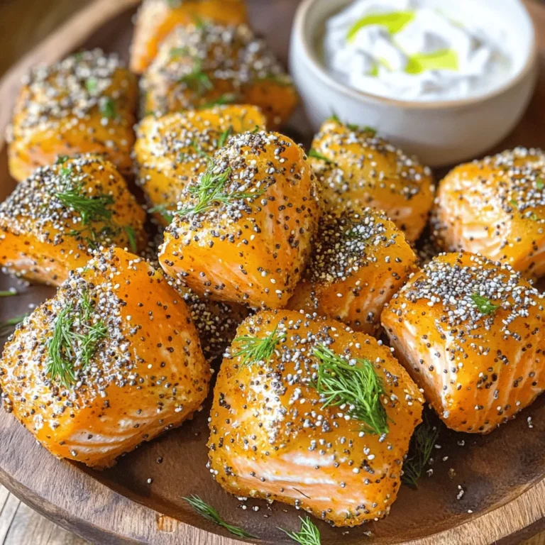 I use 1 pound of fresh salmon fillet. Make sure to remove the skin first. Cut the salmon into bite-sized pieces. This makes it easy to eat and cook evenly. Fresh salmon gives the best taste and texture. For flavor, I use 2 tablespoons of olive oil. This helps the seasoning stick. I add 2 tablespoons of everything bagel seasoning. This mix has sesame seeds, poppy seeds, garlic, and onion. It gives a great crunch and taste. I also add 1 tablespoon of fresh lemon juice. This brightens the flavors. Finally, I include 1 tablespoon of chopped fresh dill. If you don't have fresh dill, dried dill works too. Don't forget to season with salt and pepper to taste. For an extra treat, I suggest cream cheese. It pairs well with the salmon bites. The creamy dip balances the savory flavors. You can serve it on the side for dipping. It adds a nice touch to every bite. Start by cutting your fresh salmon fillet into bite-sized pieces. I find this makes them easy to eat. In a large bowl, mix the salmon with olive oil, everything bagel seasoning, lemon juice, and chopped dill. Sprinkle in a bit of salt and pepper, too. Toss gently until every piece is nicely coated. This step brings out the rich flavors in the salmon. Preheat your air fryer to 400°F (200°C) for about 5 minutes. This is key to getting a nice, crispy texture. A hot air fryer cooks the salmon evenly and quickly. Don’t skip this step; it ensures the best results. After preheating, arrange the salmon bites in a single layer in the air fryer basket. Be sure to leave space between each piece. This helps the hot air circulate, giving you that perfect crisp. Cook the salmon bites for 8 to 10 minutes. I recommend checking them at the 8-minute mark. They should be just cooked through and slightly crispy outside. Once done, take them out and let them rest for a minute. This helps them firm up a bit. Serve them beautifully on a platter and offer cream cheese on the side for dipping if you like. Enjoy! To get the best texture, cook the salmon bites at 400°F. This high heat gives a nice crisp outside while keeping the inside moist. Check them at 8 minutes. They should flake easily with a fork. If they need more time, add one or two minutes. Letting them rest for a minute after cooking helps them firm up nicely. If you want to change things up, you can use other seasonings. Try a mix of garlic powder and onion powder. You can also use sesame seeds and poppy seeds for a different twist. If you like heat, add some red pepper flakes. The aim is to find flavors you love. For serving, arrange the salmon bites on a colorful platter. You can add a few lemon wedges for a pop of color. If you want a creamy dip, serve with cream cheese. A sprinkle of fresh dill on top can make it look fancy. You can also add some fresh veggies on the side for a crunchy contrast. {{image_4}} You can swap salmon with other fish types. Try using trout, tilapia, or cod. These fish also cook well in the air fryer. Make sure to cut them into bite-sized pieces. Each fish brings its own taste. This way, you can enjoy various flavors while keeping the same method. Adding different flavors can make your salmon bites unique. Try adding garlic powder or onion powder for extra depth. You can also mix in some capers for a briny touch. If you like herbs, consider fresh parsley or chives. Experimenting with ingredients helps you create your favorite version. For a spicy kick, top your salmon bites with salsa before cooking. You can use store-bought salsa or make your own. Just mix diced tomatoes, jalapeños, and onions. This adds heat and freshness. Serve extra salsa on the side for dipping. This twist makes the dish exciting and full of flavor. To keep your salmon bites fresh, place them in an airtight container. Make sure to let them cool down first. This helps prevent moisture buildup. Store them in the fridge for up to three days. If you want to keep them longer, freezing is a great option! When you’re ready to enjoy leftovers, reheating is simple. Preheat your air fryer to 350°F (175°C). Place the salmon bites in a single layer in the basket. Heat for about 5 minutes or until warm. This keeps them crispy on the outside and tender inside. You can also use a microwave, but it may make them a bit soggy. If you want to freeze your salmon bites, do it right after cooking. Allow them to cool, then arrange them on a baking sheet. Place them in the freezer for about an hour until they are firm. After that, transfer them to a freezer bag. Be sure to remove as much air as possible. They can last for up to two months. When ready to eat, thaw them overnight in the fridge before reheating. Yes, you can use frozen salmon. Just thaw it first. Place it in the fridge overnight. If you're short on time, you can use the microwave. Make sure to dry it well before cutting. This step helps the seasoning stick better. You can use many seasonings! Try lemon pepper for a zesty taste. Cajun seasoning adds a nice kick. Herbs like thyme or rosemary work well too. You can even use garlic powder for extra flavor. Mix and match to find your favorite blend. Check the salmon at the 8-minute mark. It should be opaque and flake easily with a fork. The outside should look slightly crispy. If needed, cook for another minute or two. Always trust your senses and check to avoid overcooking. This blog post guides you through making tasty salmon bites in an air fryer. You learned how to prep the salmon, choose seasonings, and create a flavorful dipping sauce. We discussed essential steps for cooking, along with tips for texture and serving. I also shared fun variations and storage tips to keep leftovers fresh. With these easy steps, you can make delicious salmon bites that everyone will love. Now, it’s time to cook and enjoy your new favorite dish!