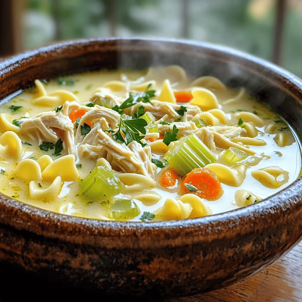 - 2 cups cooked chicken, shredded - 1 cup egg noodles - 4 cups low-sodium chicken broth - 1 cup heavy cream - 1 medium onion, finely diced - 2 cloves garlic, minced - 2 medium carrots, sliced into rounds - 2 celery stalks, finely diced - 1 teaspoon dried thyme - 1 teaspoon dried parsley - Salt and freshly ground pepper to taste - Fresh parsley, chopped (for garnish) - 1 tablespoon extra virgin olive oil Gather these ingredients before you start. Using fresh veggies makes the soup taste better. The chicken can be from a rotisserie or leftover from another meal. Heavy cream adds a rich taste, but you can use milk if you prefer a lighter soup. Don’t skip the herbs; they brighten the flavor of your dish. Make sure to have everything ready. This way, you can make your soup smoothly. The warm broth, tender chicken, and creamy finish create a cozy and delightful dish. Perfect for chilly days, this soup fills your kitchen with warmth. - Heat 1 tablespoon of olive oil in a large pot over medium heat. - Add 1 medium onion, finely diced, and sauté for about 3-5 minutes. The onion should be soft and clear. - Next, stir in 2 minced garlic cloves, 2 medium carrots sliced into rounds, and 2 diced celery stalks. Cook for 5 more minutes. The veggies should start to soften and smell great. - Carefully pour in 4 cups of low-sodium chicken broth. Bring the mix to a boil over high heat. - Once it boils, add 1 cup of egg noodles, 2 cups of shredded cooked chicken, 1 teaspoon dried thyme, and 1 teaspoon dried parsley. - Lower the heat to a simmer. Cover the pot slightly with a lid and let it cook for about 10 minutes. The noodles should be tender and cooked through. - Stir in 1 cup of heavy cream. This makes the soup rich and creamy. Let it simmer for another 5 minutes. - Taste the soup and add salt and freshly ground pepper as needed. - Ladle the soup into warm bowls. Garnish with chopped fresh parsley for color and flavor. Enjoy your cozy bowl of goodness! To make your soup extra cozy, add warm spices like a pinch of nutmeg or cayenne. A sprinkle of paprika can also boost the flavor. For toppings, try crunchy croutons or a swirl of olive oil. They add nice texture and taste. Pair the soup with warm, crusty bread or fresh rolls. A slice of sourdough or a warm baguette works great. One common mistake is overcooking the egg noodles. They can turn mushy if left too long. Cook them just until tender, then finish the soup. Another mistake is not seasoning enough. Always taste as you cook. A little salt and pepper can make a big difference. Adjust to your liking for the best flavor. For leftovers, store your soup in an airtight container in the fridge. It will stay fresh for about three days. When reheating, do it slowly on the stove for even warmth. If you microwave it, stir well to avoid hot spots. To keep the creaminess, add a splash of cream while reheating. This helps restore its rich texture. {{image_4}} You can make small swaps for a lighter soup. - Use low-fat milk instead of heavy cream. - Try whole wheat or gluten-free noodles for a different texture. These changes keep the soup creamy without the extra calories. They also cater to dietary needs, making the dish more inclusive. Boost the soup's health benefits with fresh ingredients. - Toss in leafy greens like spinach or kale. - Consider adding other vegetables like peas or bell peppers. - For protein swaps, use turkey or even tofu for a plant-based option. These additions not only enhance flavor but also provide more vitamins and minerals. You’ll enjoy a heartier bowl that feels good and tastes good. Make your soup stand out with spices and herbs. - Add a pinch of cayenne for a kick. - Sprinkle in paprika for a rich, smoky flavor. - Fresh herbs like dill or basil can elevate the taste. Experimenting with spices and herbs can transform your cozy soup into a unique dish every time you make it. Each bowl can be a new adventure, tailored to your taste buds. To keep your Cozy Creamy Chicken Noodle Soup fresh, use airtight containers. Glass or plastic containers work well. Make sure they are clean and dry before filling. Store the soup in the refrigerator for up to four days. If you want to keep it longer, freeze it. Soup can last in the freezer for up to three months. When ready to enjoy your frozen soup, thaw it safely. The best method is to place it in the fridge overnight. If you're short on time, you can also use the microwave. Set it to defrost and check every few minutes. To reheat, pour the soup into a pot over low heat. Stir often to avoid sticking. If the soup is too thick, add a splash of broth or water to restore its creamy texture. Always check your soup for signs of spoilage. If it smells sour or looks discolored, it's best to toss it out. Also, if there are any bubbles or a strange film on top, do not eat it. To extend shelf life, store it properly and avoid leaving it out too long. Always cool the soup before sealing it in containers to prevent condensation. Cozy Creamy Chicken Noodle Soup lasts about 3 to 4 days in the fridge. To store it, let the soup cool first. Then, transfer it to an airtight container. This helps keep it fresh. Always label the container with the date. You can easily see how long it has been stored. Yes, you can freeze this soup. However, the texture may change after freezing. The cream can separate, making the soup grainy. To freeze, use a freezer-safe container. Leave some space at the top, as the soup expands when frozen. It’s best to eat it within 3 months for the best taste. You can make the soup more filling by adding grains or proteins. Try adding cooked rice or quinoa for extra texture. You can also toss in beans for added protein and fiber. For more heartiness, add extra chicken or even tofu for a plant-based option. Yes, you can make this soup in advance! It tastes even better the next day. Just prepare it as usual and let it cool. Store it in an airtight container in the fridge. When ready to serve, reheat it on the stove. This makes meal prep easy and saves time during busy days. You now have a solid recipe for Cozy Creamy Chicken Noodle Soup. From the main ingredients to cooking tips, this soup brings comfort to any meal. Remember to personalize it with your favorite add-ins and spices. Don’t forget to store leftovers properly to keep them fresh. With these easy steps, you can whip up a warm bowl any time. Enjoy making this comforting dish and share it with loved ones. Happy cooking!