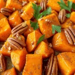- 4 medium sweet potatoes, peeled and diced into 1-inch cubes - 3 tablespoons extra virgin olive oil - 1/4 cup pure maple syrup - 1 teaspoon ground cinnamon - 1/2 teaspoon freshly grated nutmeg - Sea salt and freshly cracked black pepper to taste - 1/4 cup toasted pecans, chopped (optional) - Fresh parsley leaves, finely chopped for garnish (optional) You can swap maple syrup for honey or agave syrup. These sweeteners add a different taste but still work well. If you prefer, use walnuts or almonds instead of pecans. Seeds like sunflower seeds can also add a nice crunch. Fresh sweet potatoes are key for this dish. They should be firm with smooth skin. If you pick ones with blemishes or soft spots, they won’t taste as good. Using pure maple syrup is vital too. It gives a rich flavor that fake syrups can’t match. Real syrup comes from maple trees and has more nutrients. This small choice makes a big difference in taste. - Preheat your oven to 400°F (200°C). - Line a rimmed baking sheet with parchment paper. This helps avoid sticking. - In a large bowl, combine the diced sweet potatoes with olive oil, maple syrup, ground cinnamon, nutmeg, sea salt, and black pepper. - Toss everything well. Make sure each sweet potato cube is coated evenly. - Spread the coated sweet potatoes in a single layer on the baking sheet. This helps them roast well. - Halfway through cooking, flip the sweet potatoes. This ensures they cook evenly. - If using pecans, sprinkle them over the sweet potatoes in the last 5 minutes. This adds a nice crunch. - To check for doneness, poke a sweet potato cube with a fork. It should be soft. - For optimal roasting, keep the sweet potatoes in a single layer. This helps them brown. Flip them halfway through cooking for even roasting. - These sweet potatoes pair well with grilled chicken or pork. They add a sweet touch to savory meals. - For a creative presentation, use a rustic bowl. Drizzle extra maple syrup on top. Add some toasted pecans for crunch and beauty. - Consider adding spices like ginger or allspice for a warm flavor boost. - Just before serving, drizzle a little more maple syrup over the sweet potatoes. This will enhance the sweetness and shine. {{image_4}} If you want a lighter option, try air-frying the sweet potatoes. Air-frying gives them a crispy texture with less oil. This method cuts down on fat while keeping the taste delicious. You can also reduce the sugar and fat content. Use less maple syrup and olive oil. Sweet potatoes are naturally sweet, so you might not need as much added sugar. You can spice things up by adding cayenne pepper to the mix. Just a pinch will add a nice kick. If you want a fresh burst of flavor, try adding citrus zest. Lemon or orange zest brightens up the dish. It balances the sweetness of the maple syrup. Fall flavors can make this dish even better. Adding diced apples or pumpkin gives it a harvest vibe. You can also create fun holiday variations. Try mixing in cranberries or pecans for a festive touch. These twists will impress your guests and keep the dish exciting. To keep your maple cinnamon roasted sweet potatoes fresh, place them in an airtight container. Make sure to cool them to room temperature before sealing. Store the container in the fridge for best results. You can enjoy your leftovers for up to four days. For longer storage, you can freeze them. Spread the sweet potatoes on a baking sheet and freeze for a few hours. Once frozen, transfer them to a freezer bag. This method helps prevent clumping. Reheating roasted sweet potatoes can be simple. The best way is to use the oven. Preheat your oven to 350°F (175°C). Spread the sweet potatoes on a baking sheet. Heat them for about 10-15 minutes, or until warm. If you want a quicker method, you can use the microwave. Place them in a microwave-safe dish and cover loosely. Heat in 30-second intervals until warm. To avoid sogginess, do not cover tightly. In the fridge, maple cinnamon roasted sweet potatoes last about four days. If you freeze them, they can last for up to three months. To check for spoilage, look for any strange smells or changes in color. If the sweet potatoes feel mushy or slimy, it’s best to throw them away. Always trust your senses when it comes to food safety. Sweet potatoes typically take about 25 to 30 minutes to roast at 400°F (200°C). This time allows them to become tender and develop a nice caramelization. Be sure to flip them halfway through for even cooking. You can use frozen sweet potatoes, but they may have a different texture. Frozen sweet potatoes often become mushy when cooked. If you use them, you may need to adjust cooking times. Start with an extra 5 to 10 minutes to ensure they cook through. Maple cinnamon roasted sweet potatoes pair well with many dishes. Try serving them with grilled chicken or roasted pork. They also go great with a fresh spinach salad or a quinoa bowl. The sweet flavor works nicely with savory proteins. Yes, you can prep these sweet potatoes ahead of time. Just dice and coat them in the maple mixture. Store in the fridge for up to 24 hours. When ready to cook, spread them on a baking sheet and roast. If reheating, add a splash of olive oil to keep them moist. This blog post covered how to make maple cinnamon roasted sweet potatoes. We looked at the ingredients, their quality, and ways to substitute. I shared preparation steps, roasting tips, and serving ideas. You learned about variations and how to store leftovers. In summary, using fresh ingredients makes a big difference. Enjoy experimenting with flavors. The joy of cooking comes from trying new things. You will love the results!