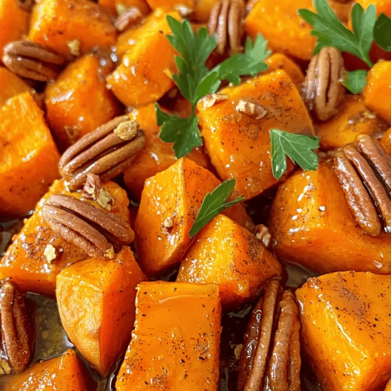 - 4 medium sweet potatoes, peeled and diced into 1-inch cubes - 3 tablespoons extra virgin olive oil - 1/4 cup pure maple syrup - 1 teaspoon ground cinnamon - 1/2 teaspoon freshly grated nutmeg - Sea salt and freshly cracked black pepper to taste - 1/4 cup toasted pecans, chopped (optional) - Fresh parsley leaves, finely chopped for garnish (optional) You can swap maple syrup for honey or agave syrup. These sweeteners add a different taste but still work well. If you prefer, use walnuts or almonds instead of pecans. Seeds like sunflower seeds can also add a nice crunch. Fresh sweet potatoes are key for this dish. They should be firm with smooth skin. If you pick ones with blemishes or soft spots, they won’t taste as good. Using pure maple syrup is vital too. It gives a rich flavor that fake syrups can’t match. Real syrup comes from maple trees and has more nutrients. This small choice makes a big difference in taste. - Preheat your oven to 400°F (200°C). - Line a rimmed baking sheet with parchment paper. This helps avoid sticking. - In a large bowl, combine the diced sweet potatoes with olive oil, maple syrup, ground cinnamon, nutmeg, sea salt, and black pepper. - Toss everything well. Make sure each sweet potato cube is coated evenly. - Spread the coated sweet potatoes in a single layer on the baking sheet. This helps them roast well. - Halfway through cooking, flip the sweet potatoes. This ensures they cook evenly. - If using pecans, sprinkle them over the sweet potatoes in the last 5 minutes. This adds a nice crunch. - To check for doneness, poke a sweet potato cube with a fork. It should be soft. - For optimal roasting, keep the sweet potatoes in a single layer. This helps them brown. Flip them halfway through cooking for even roasting. - These sweet potatoes pair well with grilled chicken or pork. They add a sweet touch to savory meals. - For a creative presentation, use a rustic bowl. Drizzle extra maple syrup on top. Add some toasted pecans for crunch and beauty. - Consider adding spices like ginger or allspice for a warm flavor boost. - Just before serving, drizzle a little more maple syrup over the sweet potatoes. This will enhance the sweetness and shine. {{image_4}} If you want a lighter option, try air-frying the sweet potatoes. Air-frying gives them a crispy texture with less oil. This method cuts down on fat while keeping the taste delicious. You can also reduce the sugar and fat content. Use less maple syrup and olive oil. Sweet potatoes are naturally sweet, so you might not need as much added sugar. You can spice things up by adding cayenne pepper to the mix. Just a pinch will add a nice kick. If you want a fresh burst of flavor, try adding citrus zest. Lemon or orange zest brightens up the dish. It balances the sweetness of the maple syrup. Fall flavors can make this dish even better. Adding diced apples or pumpkin gives it a harvest vibe. You can also create fun holiday variations. Try mixing in cranberries or pecans for a festive touch. These twists will impress your guests and keep the dish exciting. To keep your maple cinnamon roasted sweet potatoes fresh, place them in an airtight container. Make sure to cool them to room temperature before sealing. Store the container in the fridge for best results. You can enjoy your leftovers for up to four days. For longer storage, you can freeze them. Spread the sweet potatoes on a baking sheet and freeze for a few hours. Once frozen, transfer them to a freezer bag. This method helps prevent clumping. Reheating roasted sweet potatoes can be simple. The best way is to use the oven. Preheat your oven to 350°F (175°C). Spread the sweet potatoes on a baking sheet. Heat them for about 10-15 minutes, or until warm. If you want a quicker method, you can use the microwave. Place them in a microwave-safe dish and cover loosely. Heat in 30-second intervals until warm. To avoid sogginess, do not cover tightly. In the fridge, maple cinnamon roasted sweet potatoes last about four days. If you freeze them, they can last for up to three months. To check for spoilage, look for any strange smells or changes in color. If the sweet potatoes feel mushy or slimy, it’s best to throw them away. Always trust your senses when it comes to food safety. Sweet potatoes typically take about 25 to 30 minutes to roast at 400°F (200°C). This time allows them to become tender and develop a nice caramelization. Be sure to flip them halfway through for even cooking. You can use frozen sweet potatoes, but they may have a different texture. Frozen sweet potatoes often become mushy when cooked. If you use them, you may need to adjust cooking times. Start with an extra 5 to 10 minutes to ensure they cook through. Maple cinnamon roasted sweet potatoes pair well with many dishes. Try serving them with grilled chicken or roasted pork. They also go great with a fresh spinach salad or a quinoa bowl. The sweet flavor works nicely with savory proteins. Yes, you can prep these sweet potatoes ahead of time. Just dice and coat them in the maple mixture. Store in the fridge for up to 24 hours. When ready to cook, spread them on a baking sheet and roast. If reheating, add a splash of olive oil to keep them moist. This blog post covered how to make maple cinnamon roasted sweet potatoes. We looked at the ingredients, their quality, and ways to substitute. I shared preparation steps, roasting tips, and serving ideas. You learned about variations and how to store leftovers. In summary, using fresh ingredients makes a big difference. Enjoy experimenting with flavors. The joy of cooking comes from trying new things. You will love the results!