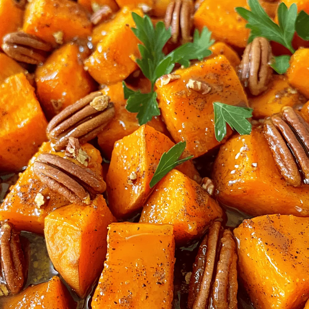 - 4 medium sweet potatoes, peeled and diced into 1-inch cubes - 3 tablespoons extra virgin olive oil - 1/4 cup pure maple syrup - 1 teaspoon ground cinnamon - 1/2 teaspoon freshly grated nutmeg - Sea salt and freshly cracked black pepper to taste - 1/4 cup toasted pecans, chopped (optional) - Fresh parsley leaves, finely chopped for garnish (optional) You can swap maple syrup for honey or agave syrup. These sweeteners add a different taste but still work well. If you prefer, use walnuts or almonds instead of pecans. Seeds like sunflower seeds can also add a nice crunch. Fresh sweet potatoes are key for this dish. They should be firm with smooth skin. If you pick ones with blemishes or soft spots, they won’t taste as good. Using pure maple syrup is vital too. It gives a rich flavor that fake syrups can’t match. Real syrup comes from maple trees and has more nutrients. This small choice makes a big difference in taste. - Preheat your oven to 400°F (200°C). - Line a rimmed baking sheet with parchment paper. This helps avoid sticking. - In a large bowl, combine the diced sweet potatoes with olive oil, maple syrup, ground cinnamon, nutmeg, sea salt, and black pepper. - Toss everything well. Make sure each sweet potato cube is coated evenly. - Spread the coated sweet potatoes in a single layer on the baking sheet. This helps them roast well. - Halfway through cooking, flip the sweet potatoes. This ensures they cook evenly. - If using pecans, sprinkle them over the sweet potatoes in the last 5 minutes. This adds a nice crunch. - To check for doneness, poke a sweet potato cube with a fork. It should be soft. - For optimal roasting, keep the sweet potatoes in a single layer. This helps them brown. Flip them halfway through cooking for even roasting. - These sweet potatoes pair well with grilled chicken or pork. They add a sweet touch to savory meals. - For a creative presentation, use a rustic bowl. Drizzle extra maple syrup on top. Add some toasted pecans for crunch and beauty. - Consider adding spices like ginger or allspice for a warm flavor boost. - Just before serving, drizzle a little more maple syrup over the sweet potatoes. This will enhance the sweetness and shine. {{image_4}} If you want a lighter option, try air-frying the sweet potatoes. Air-frying gives them a crispy texture with less oil. This method cuts down on fat while keeping the taste delicious. You can also reduce the sugar and fat content. Use less maple syrup and olive oil. Sweet potatoes are naturally sweet, so you might not need as much added sugar. You can spice things up by adding cayenne pepper to the mix. Just a pinch will add a nice kick. If you want a fresh burst of flavor, try adding citrus zest. Lemon or orange zest brightens up the dish. It balances the sweetness of the maple syrup. Fall flavors can make this dish even better. Adding diced apples or pumpkin gives it a harvest vibe. You can also create fun holiday variations. Try mixing in cranberries or pecans for a festive touch. These twists will impress your guests and keep the dish exciting. To keep your maple cinnamon roasted sweet potatoes fresh, place them in an airtight container. Make sure to cool them to room temperature before sealing. Store the container in the fridge for best results. You can enjoy your leftovers for up to four days. For longer storage, you can freeze them. Spread the sweet potatoes on a baking sheet and freeze for a few hours. Once frozen, transfer them to a freezer bag. This method helps prevent clumping. Reheating roasted sweet potatoes can be simple. The best way is to use the oven. Preheat your oven to 350°F (175°C). Spread the sweet potatoes on a baking sheet. Heat them for about 10-15 minutes, or until warm. If you want a quicker method, you can use the microwave. Place them in a microwave-safe dish and cover loosely. Heat in 30-second intervals until warm. To avoid sogginess, do not cover tightly. In the fridge, maple cinnamon roasted sweet potatoes last about four days. If you freeze them, they can last for up to three months. To check for spoilage, look for any strange smells or changes in color. If the sweet potatoes feel mushy or slimy, it’s best to throw them away. Always trust your senses when it comes to food safety. Sweet potatoes typically take about 25 to 30 minutes to roast at 400°F (200°C). This time allows them to become tender and develop a nice caramelization. Be sure to flip them halfway through for even cooking. You can use frozen sweet potatoes, but they may have a different texture. Frozen sweet potatoes often become mushy when cooked. If you use them, you may need to adjust cooking times. Start with an extra 5 to 10 minutes to ensure they cook through. Maple cinnamon roasted sweet potatoes pair well with many dishes. Try serving them with grilled chicken or roasted pork. They also go great with a fresh spinach salad or a quinoa bowl. The sweet flavor works nicely with savory proteins. Yes, you can prep these sweet potatoes ahead of time. Just dice and coat them in the maple mixture. Store in the fridge for up to 24 hours. When ready to cook, spread them on a baking sheet and roast. If reheating, add a splash of olive oil to keep them moist. This blog post covered how to make maple cinnamon roasted sweet potatoes. We looked at the ingredients, their quality, and ways to substitute. I shared preparation steps, roasting tips, and serving ideas. You learned about variations and how to store leftovers. In summary, using fresh ingredients makes a big difference. Enjoy experimenting with flavors. The joy of cooking comes from trying new things. You will love the results!