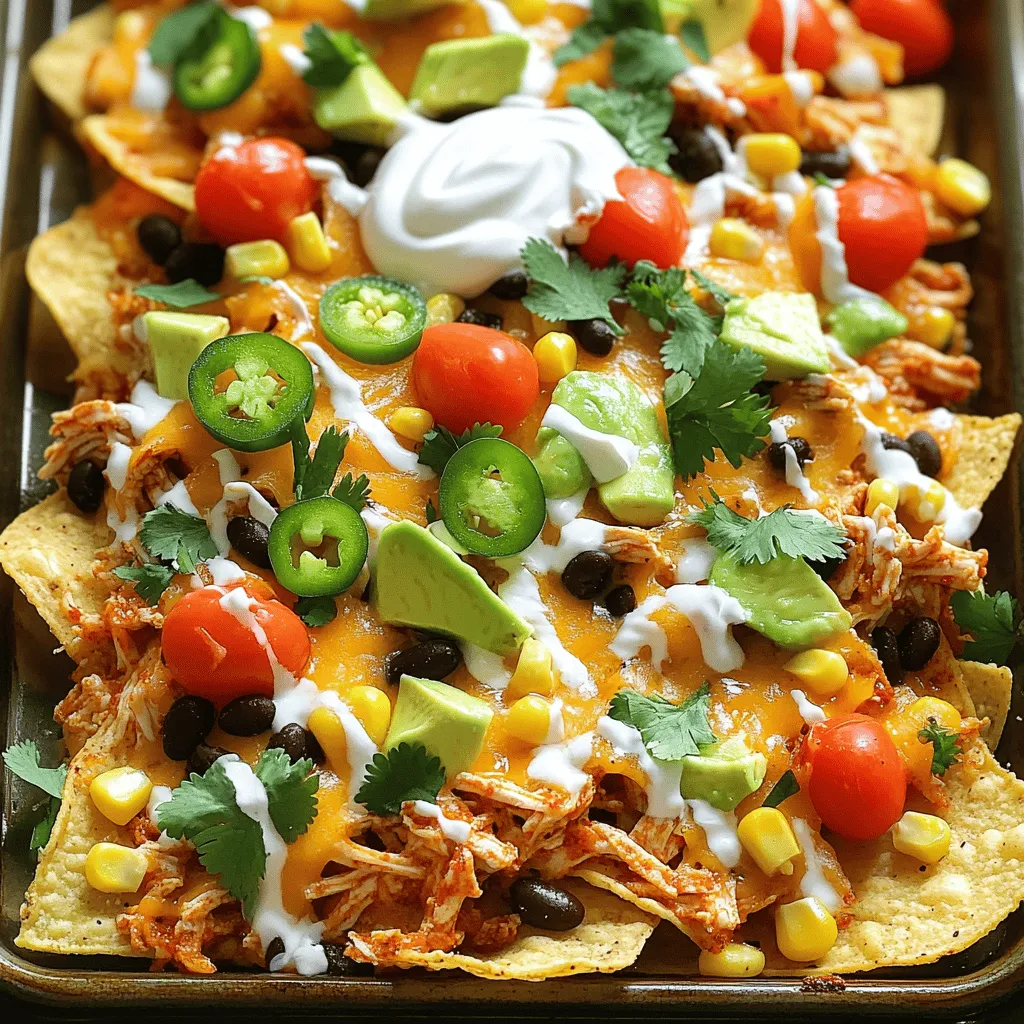 - 2 boneless, skinless chicken breasts - 1 tablespoon Cajun seasoning - 1 tablespoon olive oil - 1 bag (10 oz) tortilla chips - 1 cup shredded mozzarella cheese - 1 cup shredded cheddar cheese - 1 cup black beans, drained and rinsed - 1 cup corn (canned or frozen, thawed) - 1 jalapeño, thinly sliced - 1/2 cup cherry tomatoes, halved - 1 avocado, diced - Sour cream, for drizzling - Fresh cilantro, chopped, for garnish When choosing chicken, fresh is best. It stays juicy and tender. Use good-quality tortillas for great crunch. The Cajun seasoning gives a kick. Feel free to adjust the amount based on your taste. Fresh veggies add color and flavor. Make sure to rinse black beans to reduce sodium. For cheese, use a mix of mozzarella and cheddar for creaminess and flavor. If you can't find Cajun seasoning, use a mix of paprika, garlic powder, and black pepper. For a vegetarian option, replace chicken with grilled veggies or tofu. You can use different cheeses like pepper jack for more heat. Swap out black beans for pinto beans if you prefer. Add diced bell peppers or olives for extra flavor. Want more crunch? Top with crispy tortilla strips! First, we need to get things ready. Start by preheating your oven to 400°F (200°C). This heat will melt the cheese and make the nachos crisp. Next, take the chicken breasts and drizzle them with olive oil in a bowl. Make sure to coat them well. Then, sprinkle the Cajun seasoning all over the chicken. This spice mix gives the chicken its tasty kick! Now it’s time to cook the chicken. Place the seasoned chicken on a baking sheet. Bake it in the oven for 20-25 minutes. Check that the chicken is fully cooked. The juices should run clear, and there should be no pink inside. Once done, let it rest for a few minutes. After resting, shred the chicken into bite-sized pieces using two forks. Let’s build our nachos! On a clean baking sheet, spread out the tortilla chips in a single layer. Then, evenly distribute the shredded chicken on top. Next, add the black beans, corn, jalapeño slices, and halved cherry tomatoes. Don’t forget the cheese! Sprinkle the mozzarella and cheddar generously over the top. After layering, pop the nachos back in the oven for 10-15 minutes. Watch for the cheese to melt and bubble. Once it’s golden and delicious, take it out carefully. Drizzle sour cream on top, add diced avocado, and finish with chopped cilantro. Enjoy your tasty creation! To get the best flavor from your Cajun chicken sheet pan nachos, start with good seasoning. Use fresh Cajun seasoning for a bold taste. Mix it well with olive oil before coating the chicken. This helps the spices stick and boosts the flavor. When you bake the chicken, make sure it reaches 165°F (75°C) for safety. Shredding the chicken after baking makes it easier to spread over the nachos. Layer your nachos wisely. Start with tortilla chips as a base, then add the seasoned chicken, black beans, and corn. Make sure to distribute the toppings evenly. This way, every bite is packed with flavor. Top it off with plenty of cheese for a gooey finish. One common mistake is overcrowding the nachos. If you pile on too many toppings, the chips can get soggy. Keep a good balance between chips and toppings. Also, be mindful of the baking time. If you bake the nachos too long, they can burn. Watch for the cheese to melt and bubble but not brown too much. Another mistake is using low-quality cheese. Stick with good mozzarella and cheddar for the best melt and flavor. Lastly, don’t skip the fresh toppings. Adding diced avocado, cherry tomatoes, and cilantro right before serving makes the dish pop with color and taste. For a beautiful presentation, serve the nachos straight from the baking sheet. This gives a casual, fun vibe. Drizzle sour cream on top for a white contrast against the colors. Scatter diced avocado and cilantro to add freshness. Consider adding lime wedges on the side. This gives a zesty touch and looks appealing. You can also serve extra sour cream in a small bowl for dipping. These small touches make the dish feel special and inviting. {{image_4}} You can swap the chicken for your favorite veggies. Try using roasted bell peppers, zucchini, and mushrooms. Toss them in Cajun seasoning for that spicy kick. Use black beans and corn to add protein and flavor. Top with mozzarella and cheddar cheese as usual. These nachos will still pack a punch! If you love heat, add more jalapeños or use spicy cheese. You can also mix in diced green chilies for an extra kick. Try using pepper jack cheese instead of mozzarella. The spiciness will make each bite exciting. Serve with hot sauce for those who crave more heat. For a low-carb dish, skip the tortilla chips. Instead, use cauliflower florets or celery sticks as a base. Shred the chicken and layer it over the veggies. Add cheese, black beans, and corn for flavor. This version keeps the taste but reduces carbs. Enjoy all the flavors without the extra carbs! To keep your Cajun chicken sheet pan nachos fresh, first allow them to cool. Then, place any leftovers in an airtight container. Store them in the fridge for up to three days. Avoid stacking the nachos too high to prevent sogginess. When you want to enjoy the leftovers, preheat your oven to 350°F (175°C). Spread the nachos on a baking sheet in a single layer. Heat them for about 10 minutes, or until everything is warm and the cheese melts again. If you prefer a microwave, heat them in short bursts, checking often to avoid overcooking. Freezing nachos is tricky since the texture can change. If you want to freeze them, store the chicken, beans, and cheese separately from the chips. Wrap each item tightly in plastic wrap, then place them in a freezer bag. You can freeze them for up to three months. To eat, thaw them in the fridge overnight and reassemble before reheating. For nachos, I recommend using a mix of cheeses. Mozzarella melts well and gives a creamy texture. Cheddar adds a sharp flavor that makes the dish pop. You can also add Monterey Jack for extra creaminess. Mixing these cheeses creates a great balance of taste and texture. Yes, you can use pre-cooked chicken. This saves time and makes the recipe easier. Just shred the chicken and mix it with Cajun seasoning. You can heat it slightly before adding it to the nachos. This way, you still get that spicy flavor without cooking anew. To make nachos ahead, prep the chicken and toppings first. Cook the chicken and shred it, then store it in the fridge. You can also slice the jalapeños, chop the tomatoes, and dice the avocado. When you are ready to serve, layer the chips and toppings, then bake. This keeps everything fresh and tasty. This blog post covered the key ingredients for your recipe, along with important notes. It explained step-by-step how to prepare, cook, and assemble your dish. I shared tips to boost flavor and avoid mistakes. You learned about variations to suit different diets and how to store leftovers. Remember, great cooking is about joy and creativity. Use these steps to make your dish shine! Enjoy each bite and happy cooking!