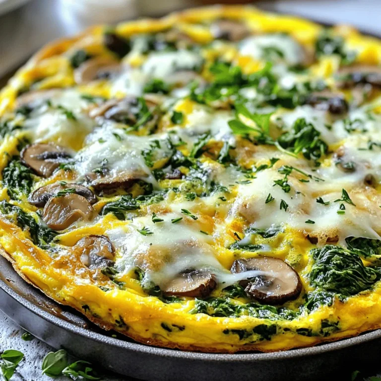 - 6 large eggs - 1 cup fresh spinach, finely chopped - 1 cup mushrooms, sliced - 1/2 cup bell pepper, diced - 1/4 cup onion, finely chopped - 1/2 cup shredded cheese - 2 tablespoons olive oil - Salt and pepper - 1 teaspoon garlic powder - Fresh herbs for garnish When I make a spinach mushroom frittata, I love using fresh ingredients. The eggs form a fluffy base. The spinach adds a vibrant green color. The mushrooms give rich flavor. Bell peppers and onions add sweetness and crunch. Don't forget the cheese for creaminess! - Types of mushrooms: Button mushrooms are mild. Cremini mushrooms have a deeper taste. I often choose cremini for a richer frittata. - Cheese options: Cheddar gives a sharp taste. Feta offers a creamy, tangy note. Both cheeses work well, but I lean toward feta for extra flavor. Using the right ingredients makes all the difference. Fresh herbs like parsley or basil add a touch of brightness. Pick your favorites and enjoy crafting this dish! 1. First, preheat your oven to 375°F (190°C). This helps the frittata cook evenly. 2. Next, crack 6 large eggs into a bowl. Whisk them well until the yolks and whites blend. Add a pinch of salt, pepper, and 1 teaspoon of garlic powder. Mix until combined. 1. Heat 2 tablespoons of olive oil in a large, oven-safe skillet over medium heat. 2. Add 1/4 cup of finely chopped onion and 1/2 cup of diced bell pepper. Sauté for 3-4 minutes. Stir often until the veggies are soft and fragrant. 3. Now, stir in 1 cup of sliced mushrooms. Cook for an additional 4-5 minutes until they turn golden brown. 4. Next, add 1 cup of finely chopped spinach. Stir it in for about 1-2 minutes. Cook just until it wilts. 5. Pour the whisked eggs over the cooked vegetables. Gently stir to mix everything together. 6. Top with 1/2 cup of shredded cheese, spreading it evenly for a nice cheesy crust. 1. Let the frittata cook on the stovetop for about 3-4 minutes. The edges should start to set, but the center will be a bit runny. 2. Carefully move the skillet to the preheated oven. Bake for 15-20 minutes. The frittata will puff up and set in the center when done. 3. After baking, remove the skillet from the oven. Let it cool a bit before slicing. Cut it into wedges for serving. 4. Garnish with fresh herbs like parsley or basil for a burst of flavor. Enjoy your delicious Spinach Mushroom Frittata! Sauté your vegetables well. This step enhances their flavors and gives the frittata a great taste. Cook the onion and bell pepper until soft. Add the mushrooms next and let them brown. This brings out their rich flavor. Adjust your seasonings to fit your taste. I often sprinkle more salt or pepper to make it pop. Add garlic powder for depth. You can also try different herbs for a unique twist. Serve the frittata warm. Cut it into wedges and place on individual plates. Pair it with a light salad or mixed greens. This makes for a full meal that looks appealing. Garnish with fresh herbs like parsley or basil. They add a burst of color and flavor. Just sprinkle them on top before serving. This small touch makes your frittata look gourmet! {{image_4}} You can switch up ingredients to fit your taste. If you don’t like spinach, try kale or Swiss chard. These greens add color and nutrition. For mushrooms, consider zucchini or bell peppers. Both bring a fresh taste to the dish. When it comes to cheese, the options are endless. Cheddar gives a sharp bite, while feta offers a creamy touch. You can also use mozzarella for a milder flavor. Goat cheese adds a tangy twist that is hard to resist. If you need a gluten-free meal, you are in luck! This frittata is naturally gluten-free. Just make sure all your ingredients are free from gluten. For a vegetarian option, this recipe is perfect as is. To make it vegan, replace the eggs with a chickpea flour mixture. Mix 1 cup of chickpea flour with 1 cup of water and season it well. This creates a great base for your frittata. To keep your frittata fresh, store it in the fridge. Place it in an airtight container. This way, it can last for up to three days. If you want to reheat the frittata, preheat your oven to 350°F (175°C). Place the frittata on a baking sheet. Heat it for about 10 to 15 minutes. You can also use a microwave. Just heat it for one minute at a time, checking often. If you want to save your frittata for later, freezing is a great option. First, let the frittata cool completely. Then, cut it into slices. Wrap each slice in plastic wrap. Place the wrapped slices in a freezer bag. Remove as much air as you can before sealing. Your frittata can last for up to three months in the freezer. When you're ready to eat, take out a slice. Thaw it in the fridge overnight for best results. To reheat, use the oven method mentioned earlier or microwave it. Just ensure it is heated all the way through. Enjoy your tasty frittata even after it's been frozen! How long does a frittata last in the fridge? A frittata can last about 3 to 4 days in the fridge. Make sure to store it in an airtight container. It keeps its flavor and texture well during this time. Can I make a frittata ahead of time? Yes, you can make a frittata ahead of time. Just cook it, cool it, and store it in the fridge. When you’re ready to eat, you can reheat it in the oven or microwave. What can I use instead of eggs? If you want a no-egg option, try using a mix of silken tofu or chickpea flour. Both can create a good texture and hold the ingredients together. How to know when the frittata is done baking? You can tell a frittata is done when it's puffed up and the center is firm. A knife inserted into the center should come out clean. Do I need a specific pan for frittatas? An oven-safe skillet works best for frittatas. Cast iron or non-stick pans are great choices. They help with even cooking and easy serving. Can I use frozen spinach instead of fresh? Yes, you can use frozen spinach. Just thaw it and squeeze out extra water before adding it to the mix. This keeps your frittata from getting soggy. You now have a clear guide to making a tasty spinach and mushroom frittata. We covered the key ingredients, step-by-step cooking methods, and helpful tips for perfect results. Remember, you can customize the frittata with different veggies and cheeses. Don’t forget to garnish for a nice touch. If you save leftovers, know how to store them well. With these tips, you'll impress everyone at your next meal. Now, go ahead and enjoy your homemade frittata!