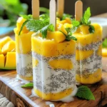 - Ripe mangoes: Use two ripe mangoes for a sweet and juicy base. Peel and dice them before blending. This fruit gives the popsicles their vibrant color and natural sweetness. - Coconut milk options: You can choose between canned coconut milk for a creamy treat or fresh coconut milk for a lighter taste. Canned coconut milk adds richness, while fresh coconut milk keeps it refreshing. - Sweetener choices: Honey or maple syrup can sweeten your popsicles. Use two tablespoons and adjust according to your taste. Honey gives a floral note, while maple syrup adds a unique flavor. - Chia seeds: A quarter cup of chia seeds adds texture and nutrition. These tiny seeds absorb liquid and create a fun, gel-like consistency. They also bring fiber and omega-3s to your popsicles. - Vanilla extract: Half a teaspoon of vanilla extract enhances the flavor. It adds depth and warmth to the mango and coconut mix, making each bite more flavorful. - Pinch of salt: A small pinch of salt balances the sweetness. It helps bring out the natural flavors of the mango and coconut, making the popsicles even more delicious. These ingredients combine to create a refreshing, healthy treat perfect for hot days. Each element plays a vital role in taste and texture, ensuring your Mango Coconut Chia Popsicles are a hit! Start by blending the diced mango and coconut milk. Use a high-speed blender for a smooth mix. Add honey or maple syrup to sweeten. Include a pinch of salt and vanilla extract for flavor. Blend until creamy and there are no chunks of mango left. Next, you need to separate the mixture. Pour half of the mango blend into a bowl. Stir in the chia seeds. Let this sit for about 10-15 minutes. The chia seeds will absorb liquid and expand. This step is key for a thick texture. While the chia seeds bloom, fill your popsicle molds halfway with the mango mixture. Then, gently spoon the chia mixture into each mold. Fill them until about 3/4 full. For a vibrant touch, add more mango blend on top. This will create a lovely layered effect. Now, insert popsicle sticks into the molds. Make sure they stand straight. Place the molds in the freezer. Let them freeze for at least 4-6 hours. Check if they are completely solid before serving. When you're ready to enjoy, run warm water over the molds. This helps release the popsicles. Gently pull them out to avoid breaking. Serve the popsicles on a rustic wooden board, garnished with fresh mango slices and mint leaves for a pop of color. You can change the sweetness in your popsicles. To do this, simply add more or less honey or maple syrup. Taste the mix as you go. You can also use fresh fruit to sweeten it naturally. Try adding a bit of banana or a few dates for a healthy twist. The creaminess of your popsicles depends on the coconut milk. For a rich texture, use canned coconut milk. If you want a lighter taste, go for fresh coconut milk. When blending, make sure to mix until smooth. This ensures no chunks remain in your popsicles, giving you a silky finish. How you serve your popsicles can make a big difference. I love to garnish them with fresh mango slices and mint leaves. This adds color and freshness. For a fun touch, try drizzling some coconut milk over them right before serving. You can also use rustic platters or wooden boards to make your popsicles pop. {{image_4}} You can mix other fruits with mango for fun flavors. Pineapple adds a tropical kick. Strawberries give a sweet twist. Blueberries add a pop of color and taste. Each fruit brings its own style. Try different combinations to find your favorite. You can create a fruity paradise in each bite. If you want a dairy-free treat, choose almond or oat milk. These milks blend well and keep it light. For a sweet touch, use agave or date syrup. Both add flavor without dairy. They match well with mango and coconut. You can enjoy these pops without any animal products. Want a crunch? Try adding nuts or seeds. Almonds or cashews can give a nice bite. You can also change the chia seeds. Blend them less for a chunkier texture. Blend more for a smooth finish. Adjusting blending times can help you find the perfect feel. Each choice makes your pops unique! To store your mango coconut chia popsicles, keep them in an airtight container. This helps prevent freezer burn. You can also wrap each popsicle in plastic wrap. This extra step helps keep them fresh and tasty. These popsicles can stay in the freezer for up to two months. After that, they may lose flavor and texture. To enjoy them at their best, try to eat them sooner. To quickly thaw your popsicles, run warm water over the outside of the molds. This makes it easier to pull them out. You can also let them sit at room temperature for a few minutes. The ideal serving temperature is slightly cold. This way, you can enjoy the flavors fully. If they are too frozen, let them sit for a minute before serving. If you need a non-dairy option, try almond milk or oat milk. These choices work well and keep the popsicles creamy. For a richer taste, use full-fat cow's milk or cream. Both options will change the flavor slightly but still taste great. These popsicles need at least 4 to 6 hours to freeze. For best results, freeze them overnight. This ensures they are solid and easy to remove from the molds. Yes, frozen mango works just as well as fresh mango. It can save time and still taste great. Frozen mango is often picked at peak ripeness, so it can be just as sweet. Just make sure to let it thaw slightly before blending. These popsicles are a healthy treat! They are full of good fats from coconut milk and fiber from chia seeds. Mango adds vitamins A and C, boosting your immune system. Using honey or maple syrup in small amounts keeps the sweetness natural. Enjoy guilt-free! You can make delicious mango popsicles using simple, fresh ingredients. Start with ripe mangoes and coconut milk. Blend them and adjust sweetness with honey or maple syrup. Add chia seeds for texture and let them bloom. Layer the mixtures in molds and freeze. Consider trying different fruits or sweeteners to fit your taste. Store your popsicles correctly to keep them fresh. Enjoy experimenting with flavors and presentation. These treats are not only fun to make but also healthy. Get creative, and dive into this tasty adventure. You’ll love the results!