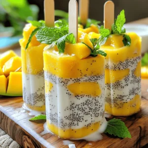 - Ripe mangoes: Use two ripe mangoes for a sweet and juicy base. Peel and dice them before blending. This fruit gives the popsicles their vibrant color and natural sweetness. - Coconut milk options: You can choose between canned coconut milk for a creamy treat or fresh coconut milk for a lighter taste. Canned coconut milk adds richness, while fresh coconut milk keeps it refreshing. - Sweetener choices: Honey or maple syrup can sweeten your popsicles. Use two tablespoons and adjust according to your taste. Honey gives a floral note, while maple syrup adds a unique flavor. - Chia seeds: A quarter cup of chia seeds adds texture and nutrition. These tiny seeds absorb liquid and create a fun, gel-like consistency. They also bring fiber and omega-3s to your popsicles. - Vanilla extract: Half a teaspoon of vanilla extract enhances the flavor. It adds depth and warmth to the mango and coconut mix, making each bite more flavorful. - Pinch of salt: A small pinch of salt balances the sweetness. It helps bring out the natural flavors of the mango and coconut, making the popsicles even more delicious. These ingredients combine to create a refreshing, healthy treat perfect for hot days. Each element plays a vital role in taste and texture, ensuring your Mango Coconut Chia Popsicles are a hit! Start by blending the diced mango and coconut milk. Use a high-speed blender for a smooth mix. Add honey or maple syrup to sweeten. Include a pinch of salt and vanilla extract for flavor. Blend until creamy and there are no chunks of mango left. Next, you need to separate the mixture. Pour half of the mango blend into a bowl. Stir in the chia seeds. Let this sit for about 10-15 minutes. The chia seeds will absorb liquid and expand. This step is key for a thick texture. While the chia seeds bloom, fill your popsicle molds halfway with the mango mixture. Then, gently spoon the chia mixture into each mold. Fill them until about 3/4 full. For a vibrant touch, add more mango blend on top. This will create a lovely layered effect. Now, insert popsicle sticks into the molds. Make sure they stand straight. Place the molds in the freezer. Let them freeze for at least 4-6 hours. Check if they are completely solid before serving. When you're ready to enjoy, run warm water over the molds. This helps release the popsicles. Gently pull them out to avoid breaking. Serve the popsicles on a rustic wooden board, garnished with fresh mango slices and mint leaves for a pop of color. You can change the sweetness in your popsicles. To do this, simply add more or less honey or maple syrup. Taste the mix as you go. You can also use fresh fruit to sweeten it naturally. Try adding a bit of banana or a few dates for a healthy twist. The creaminess of your popsicles depends on the coconut milk. For a rich texture, use canned coconut milk. If you want a lighter taste, go for fresh coconut milk. When blending, make sure to mix until smooth. This ensures no chunks remain in your popsicles, giving you a silky finish. How you serve your popsicles can make a big difference. I love to garnish them with fresh mango slices and mint leaves. This adds color and freshness. For a fun touch, try drizzling some coconut milk over them right before serving. You can also use rustic platters or wooden boards to make your popsicles pop. {{image_4}} You can mix other fruits with mango for fun flavors. Pineapple adds a tropical kick. Strawberries give a sweet twist. Blueberries add a pop of color and taste. Each fruit brings its own style. Try different combinations to find your favorite. You can create a fruity paradise in each bite. If you want a dairy-free treat, choose almond or oat milk. These milks blend well and keep it light. For a sweet touch, use agave or date syrup. Both add flavor without dairy. They match well with mango and coconut. You can enjoy these pops without any animal products. Want a crunch? Try adding nuts or seeds. Almonds or cashews can give a nice bite. You can also change the chia seeds. Blend them less for a chunkier texture. Blend more for a smooth finish. Adjusting blending times can help you find the perfect feel. Each choice makes your pops unique! To store your mango coconut chia popsicles, keep them in an airtight container. This helps prevent freezer burn. You can also wrap each popsicle in plastic wrap. This extra step helps keep them fresh and tasty. These popsicles can stay in the freezer for up to two months. After that, they may lose flavor and texture. To enjoy them at their best, try to eat them sooner. To quickly thaw your popsicles, run warm water over the outside of the molds. This makes it easier to pull them out. You can also let them sit at room temperature for a few minutes. The ideal serving temperature is slightly cold. This way, you can enjoy the flavors fully. If they are too frozen, let them sit for a minute before serving. If you need a non-dairy option, try almond milk or oat milk. These choices work well and keep the popsicles creamy. For a richer taste, use full-fat cow's milk or cream. Both options will change the flavor slightly but still taste great. These popsicles need at least 4 to 6 hours to freeze. For best results, freeze them overnight. This ensures they are solid and easy to remove from the molds. Yes, frozen mango works just as well as fresh mango. It can save time and still taste great. Frozen mango is often picked at peak ripeness, so it can be just as sweet. Just make sure to let it thaw slightly before blending. These popsicles are a healthy treat! They are full of good fats from coconut milk and fiber from chia seeds. Mango adds vitamins A and C, boosting your immune system. Using honey or maple syrup in small amounts keeps the sweetness natural. Enjoy guilt-free! You can make delicious mango popsicles using simple, fresh ingredients. Start with ripe mangoes and coconut milk. Blend them and adjust sweetness with honey or maple syrup. Add chia seeds for texture and let them bloom. Layer the mixtures in molds and freeze. Consider trying different fruits or sweeteners to fit your taste. Store your popsicles correctly to keep them fresh. Enjoy experimenting with flavors and presentation. These treats are not only fun to make but also healthy. Get creative, and dive into this tasty adventure. You’ll love the results!