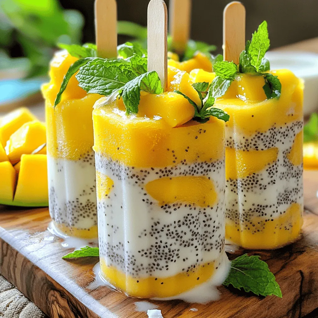 - Ripe mangoes: Use two ripe mangoes for a sweet and juicy base. Peel and dice them before blending. This fruit gives the popsicles their vibrant color and natural sweetness. - Coconut milk options: You can choose between canned coconut milk for a creamy treat or fresh coconut milk for a lighter taste. Canned coconut milk adds richness, while fresh coconut milk keeps it refreshing. - Sweetener choices: Honey or maple syrup can sweeten your popsicles. Use two tablespoons and adjust according to your taste. Honey gives a floral note, while maple syrup adds a unique flavor. - Chia seeds: A quarter cup of chia seeds adds texture and nutrition. These tiny seeds absorb liquid and create a fun, gel-like consistency. They also bring fiber and omega-3s to your popsicles. - Vanilla extract: Half a teaspoon of vanilla extract enhances the flavor. It adds depth and warmth to the mango and coconut mix, making each bite more flavorful. - Pinch of salt: A small pinch of salt balances the sweetness. It helps bring out the natural flavors of the mango and coconut, making the popsicles even more delicious. These ingredients combine to create a refreshing, healthy treat perfect for hot days. Each element plays a vital role in taste and texture, ensuring your Mango Coconut Chia Popsicles are a hit! Start by blending the diced mango and coconut milk. Use a high-speed blender for a smooth mix. Add honey or maple syrup to sweeten. Include a pinch of salt and vanilla extract for flavor. Blend until creamy and there are no chunks of mango left. Next, you need to separate the mixture. Pour half of the mango blend into a bowl. Stir in the chia seeds. Let this sit for about 10-15 minutes. The chia seeds will absorb liquid and expand. This step is key for a thick texture. While the chia seeds bloom, fill your popsicle molds halfway with the mango mixture. Then, gently spoon the chia mixture into each mold. Fill them until about 3/4 full. For a vibrant touch, add more mango blend on top. This will create a lovely layered effect. Now, insert popsicle sticks into the molds. Make sure they stand straight. Place the molds in the freezer. Let them freeze for at least 4-6 hours. Check if they are completely solid before serving. When you're ready to enjoy, run warm water over the molds. This helps release the popsicles. Gently pull them out to avoid breaking. Serve the popsicles on a rustic wooden board, garnished with fresh mango slices and mint leaves for a pop of color. You can change the sweetness in your popsicles. To do this, simply add more or less honey or maple syrup. Taste the mix as you go. You can also use fresh fruit to sweeten it naturally. Try adding a bit of banana or a few dates for a healthy twist. The creaminess of your popsicles depends on the coconut milk. For a rich texture, use canned coconut milk. If you want a lighter taste, go for fresh coconut milk. When blending, make sure to mix until smooth. This ensures no chunks remain in your popsicles, giving you a silky finish. How you serve your popsicles can make a big difference. I love to garnish them with fresh mango slices and mint leaves. This adds color and freshness. For a fun touch, try drizzling some coconut milk over them right before serving. You can also use rustic platters or wooden boards to make your popsicles pop. {{image_4}} You can mix other fruits with mango for fun flavors. Pineapple adds a tropical kick. Strawberries give a sweet twist. Blueberries add a pop of color and taste. Each fruit brings its own style. Try different combinations to find your favorite. You can create a fruity paradise in each bite. If you want a dairy-free treat, choose almond or oat milk. These milks blend well and keep it light. For a sweet touch, use agave or date syrup. Both add flavor without dairy. They match well with mango and coconut. You can enjoy these pops without any animal products. Want a crunch? Try adding nuts or seeds. Almonds or cashews can give a nice bite. You can also change the chia seeds. Blend them less for a chunkier texture. Blend more for a smooth finish. Adjusting blending times can help you find the perfect feel. Each choice makes your pops unique! To store your mango coconut chia popsicles, keep them in an airtight container. This helps prevent freezer burn. You can also wrap each popsicle in plastic wrap. This extra step helps keep them fresh and tasty. These popsicles can stay in the freezer for up to two months. After that, they may lose flavor and texture. To enjoy them at their best, try to eat them sooner. To quickly thaw your popsicles, run warm water over the outside of the molds. This makes it easier to pull them out. You can also let them sit at room temperature for a few minutes. The ideal serving temperature is slightly cold. This way, you can enjoy the flavors fully. If they are too frozen, let them sit for a minute before serving. If you need a non-dairy option, try almond milk or oat milk. These choices work well and keep the popsicles creamy. For a richer taste, use full-fat cow's milk or cream. Both options will change the flavor slightly but still taste great. These popsicles need at least 4 to 6 hours to freeze. For best results, freeze them overnight. This ensures they are solid and easy to remove from the molds. Yes, frozen mango works just as well as fresh mango. It can save time and still taste great. Frozen mango is often picked at peak ripeness, so it can be just as sweet. Just make sure to let it thaw slightly before blending. These popsicles are a healthy treat! They are full of good fats from coconut milk and fiber from chia seeds. Mango adds vitamins A and C, boosting your immune system. Using honey or maple syrup in small amounts keeps the sweetness natural. Enjoy guilt-free! You can make delicious mango popsicles using simple, fresh ingredients. Start with ripe mangoes and coconut milk. Blend them and adjust sweetness with honey or maple syrup. Add chia seeds for texture and let them bloom. Layer the mixtures in molds and freeze. Consider trying different fruits or sweeteners to fit your taste. Store your popsicles correctly to keep them fresh. Enjoy experimenting with flavors and presentation. These treats are not only fun to make but also healthy. Get creative, and dive into this tasty adventure. You’ll love the results!
