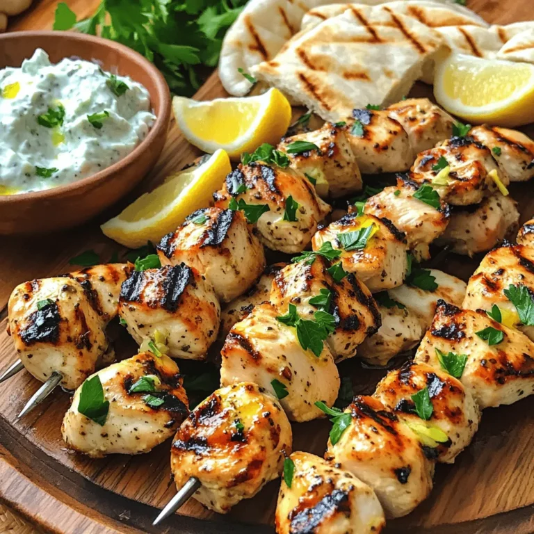 - 1 lb (450g) boneless, skinless chicken breast, cut into 1-inch cubes - 3 tablespoons high-quality olive oil - 3 tablespoons freshly squeezed lemon juice - 2 teaspoons dried oregano - 2 teaspoons garlic powder - 1 teaspoon onion powder - Salt and freshly cracked black pepper, to taste - Wooden or metal skewers (if using wooden skewers, soak them in water for at least 30 minutes to prevent burning during grilling) When making Greek chicken souvlaki, I start with the main ingredients. The chicken breast is my choice because it cooks well and stays juicy. The olive oil adds richness, while the lemon juice brings brightness. I also use dried oregano, garlic powder, and onion powder for that classic Greek taste. Don't forget the salt and black pepper. They enhance all the flavors. The skewers are key for grilling. If you pick wooden skewers, soak them first. This step helps prevent burning. Using metal skewers? You’re good to go right away! Start by gathering your ingredients. In a large bowl, add 3 tablespoons of olive oil and 3 tablespoons of lemon juice. Next, sprinkle in 2 teaspoons of dried oregano, 2 teaspoons of garlic powder, 1 teaspoon of onion powder, salt, and black pepper to taste. Whisk everything together until you see a smooth blend. This mix will be your marinade, giving the chicken a burst of flavor. Now, take 1 pound of boneless, skinless chicken breast cut into 1-inch cubes. Add these chicken cubes to your marinade. Use a spoon or your hands to stir and coat each piece well. Make sure every cube gets its share of that tasty marinade. Once your chicken is well-coated, cover the bowl tightly with plastic wrap. Place it in the fridge. Let it marinate for at least 30 minutes. For even better flavor, aim for 4 hours. This waiting time allows the chicken to soak up all those delicious flavors. When it’s time to cook, preheat your grill or grill pan over medium-high heat. You want it hot for a good sear. While the grill heats, take your marinated chicken and thread the cubes onto skewers. If you use wooden skewers, remember to soak them in water for 30 minutes first. This will stop them from burning. Leave a little space, about 1/4 inch, between each piece. This helps them cook evenly. Now, place the skewers on the grill. Grill the chicken for about 10 to 12 minutes. Turn them often to get nice grill marks and cook evenly. To check if they are done, use a meat thermometer. The chicken should reach an internal temperature of 165°F (75°C). Once cooked, take the skewers off the grill. Let them rest for about 5 minutes. This step helps keep the chicken juicy and tender. Enjoy your Greek Chicken Souvlaki! For the best flavor, marinate the chicken well. Use a mix of olive oil, lemon juice, oregano, garlic powder, onion powder, salt, and pepper. This blend creates a rich taste. Let the chicken soak in the marinade for at least 30 minutes. For a deeper flavor, aim for four hours. After grilling, it’s vital to let the chicken rest. Resting for five minutes keeps the meat juicy. It lets the juices settle, making each bite more flavorful. When threading chicken on skewers, leave a small gap. A space of about 1/4 inch between pieces helps heat circulate. This ensures even cooking and nice char marks. Control the heat on your grill. Aim for medium-high heat. This temperature cooks the chicken well without burning. To check if it’s done, use a meat thermometer. The chicken should reach 165°F (75°C) for safety. To serve, arrange skewers on a large platter. Add bright lemon wedges and fresh parsley for color. This makes the dish more inviting. Pair the souvlaki with tzatziki sauce, warm pita bread, and a crisp Greek salad. These sides complement the meal and enhance the flavors of the chicken. Enjoy a full Mediterranean feast! {{image_4}} You can change up the marinade for more flavor. A Greek yogurt-based marinade adds creaminess. Mix 1 cup of yogurt with lemon juice, garlic, and herbs. This makes the chicken tender and tangy. Another option is to use herb-infused oil. Blend olive oil with rosemary or thyme for a fresh taste. If you want to try different proteins, pork works great for skewers. It has a nice flavor and cooks well. Shrimp is another tasty choice. Marinate shrimp for just 15-20 minutes. For a vegetarian option, use grilled vegetables like bell peppers and zucchini. These add color and taste to your meal. You can serve souvlaki in different ways. Wrap the skewers in warm pita bread for a fun meal. Add veggies and tzatziki sauce for extra flavor. Another idea is to make a salad bowl. Layer greens, grilled chicken, and sauces for a healthy dish. This way, you can enjoy the flavors in a new form. To store leftovers properly, place the chicken souvlaki in an airtight container. This will keep it fresh and prevent any odors in the fridge. You can refrigerate the chicken souvlaki for up to three days. Make sure it cools down before sealing the container. This helps maintain the best taste and texture. You can freeze uncooked skewers for later use. Just prepare the chicken skewers as per the recipe and wrap them tightly in plastic wrap. Then, place them in a freezer-safe bag. They can stay frozen for up to three months. When you’re ready to cook, thaw the skewers in the fridge overnight. Reheat them on the grill or in the oven until they reach an internal temperature of 165°F (75°C). This ensures your chicken is safe to eat and still delicious. To marinate chicken for souvlaki, mix olive oil, lemon juice, and spices. This blend gives the chicken a bright, fresh taste. I recommend marinating the chicken for at least 30 minutes. For best results, let it sit for up to 4 hours. The longer it marinates, the more flavor it absorbs. Yes, you can use frozen chicken. Thaw it in the fridge overnight for safety. If short on time, place the chicken in a sealed bag and submerge it in cold water. This method takes about an hour. Once thawed, cut the chicken into 1-inch cubes and marinate as usual. Greek Chicken Souvlaki goes well with several sauces. Tzatziki sauce is a classic choice, adding creaminess and tang. You might also enjoy garlic sauce or a spicy yogurt dip. For sides, serve with warm pita bread and a Greek salad to complete the meal. In this post, we explored the key ingredients for chicken souvlaki, from the chicken to the spices. We covered step-by-step instructions for marinating and grilling, plus tips for great flavor and presentation. You can even try variations like different marinades or protein options. Proper storage information will help you keep any leftovers fresh. With the right techniques, you can make delicious souvlaki at home. Enjoy trying these ideas in your kitchen!