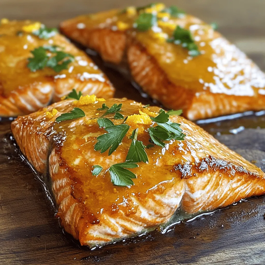 To create a tasty honey orange glazed salmon, you will need the following ingredients: - 4 salmon fillets (approximately 6 oz each) - 1/4 cup honey - 1/4 cup freshly squeezed orange juice - Zest of 1 orange (finely grated) - 2 tablespoons soy sauce (or tamari for a gluten-free option) - 1 tablespoon Dijon mustard - 1 clove garlic (minced) - 1 teaspoon fresh ginger (grated) - 2 tablespoons olive oil - Salt and pepper to taste - Fresh parsley or cilantro (chopped, for garnish) These ingredients combine to give the salmon a sweet and tangy flavor. The honey brings a natural sweetness, while the orange juice and zest add bright citrus notes. Soy sauce, garlic, and ginger complete the flavor profile, creating a delicious glaze that elevates the dish. When shopping for salmon, look for fresh fillets with bright color and firm texture. Fresh ingredients will always give you the best taste. Don't forget to have some parsley or cilantro ready for garnish. It adds a nice touch and flavor boost to your finished meal. Enjoy cooking! To make the glaze, start by gathering your ingredients. You need honey, orange juice, orange zest, soy sauce, Dijon mustard, minced garlic, and fresh ginger. - In a medium mixing bowl, whisk together: - 1/4 cup honey - 1/4 cup freshly squeezed orange juice - Zest of 1 orange - 2 tablespoons soy sauce - 1 tablespoon Dijon mustard - 1 clove garlic (minced) - 1 teaspoon fresh ginger (grated) Whisk until all ingredients blend smoothly. A smooth mixture is key for even coating on the salmon. Next, prepare your salmon fillets. This step is crucial for a crispy skin. - Use paper towels to gently pat the salmon fillets dry. - Season both sides with salt and pepper. This drying helps the skin crisp up when cooking. Now, let's cook the salmon. - Preheat your oven to 400°F (200°C). - In an oven-safe skillet, heat 2 tablespoons of olive oil over medium-high heat. - Once the oil is shimmering, carefully place the salmon fillets in the skillet, skin-side down. Sear the salmon for about 3-4 minutes. You want the skin golden and crispy. - When the skin gets crispy, carefully flip each fillet to the flesh side. - Pour the honey orange glaze over the salmon. Make sure each fillet gets coated well. Now, transfer the skillet to the oven. Bake for 8-10 minutes or until the salmon flakes easily with a fork. - For an extra touch, turn on the broiler for 1-2 minutes. This caramelizes the top. Watch closely to avoid burning, as broiling cooks fast. After cooking, remove the skillet from the oven. Let the salmon rest for about 1 minute. This step keeps it moist and flavorful. Serve the salmon warm, drizzled with any remaining glaze. Garnish with freshly chopped parsley or cilantro for color and freshness. To get a great glaze on your salmon, follow these steps: - Coat evenly: Use a brush to spread the glaze. This helps cover the salmon well. - Avoid burning: Broil the salmon for just 1-2 minutes at the end. Keep a close eye to prevent burning. To take your dish to the next level, consider these tips: - Try marinades: Experiment with ginger or garlic marinades. These add depth to the flavor. - Use fresh ingredients: Fresh oranges and herbs make a big difference. High-quality components boost your dish's taste. {{image_4}} You can make Honey Orange Glazed Salmon your own by using different ingredients. If you need a gluten-free option, swap soy sauce with tamari. Tamari has a similar taste but is safe for gluten-free diets. This small change keeps your dish tasty and accessible. You can also try different types of fish. Salmon is rich and flavorful, but you can use trout or even halibut. Both options work well with the glaze. Each fish offers a unique taste and texture, making your meal exciting. To boost the flavor, think about adding herbs and spices. Fresh herbs like thyme or rosemary can add depth. A sprinkle of chili flakes can give your dish a kick. Experiment with flavors to find what you like best. You can also play with other citrus options. Instead of just orange, think about adding lime or lemon juice. These fruits give a fresh twist to the glaze. Mixing citrus can enhance the taste and make the dish pop. To keep your honey orange glazed salmon fresh, store it in the fridge. Use an airtight container to prevent air exposure. This helps keep the salmon moist. It will last about 3 to 4 days in the fridge. For longer storage, you can freeze the salmon. Wrap each fillet tightly in plastic wrap. Then, place them in a freezer-safe bag. This helps prevent freezer burn. The salmon can stay frozen for up to 3 months. When you want to enjoy your salmon again, reheating is key. Use the oven for the best results. Preheat your oven to 350°F (175°C). Place the salmon on a baking sheet. Cover it with foil to keep it from drying out. Heat for about 10 minutes or until warmed through. You can also use the microwave. Place the salmon on a microwave-safe plate. Cover it with a damp paper towel. Heat in short bursts of 30 seconds. Check often to avoid drying it out. These methods keep the salmon juicy and tasty for your next meal. Yes, you can use frozen salmon fillets. Start by thawing them in the fridge overnight. If you need to thaw them faster, place the sealed fillets in cold water for about 30 minutes. Once thawed, pat them dry with paper towels. This step keeps the skin crispy. Keep in mind that you may need to increase the cooking time by 1-2 minutes. Always check that the fish flakes easily with a fork. Honey orange glazed salmon pairs well with several side dishes. Here are some great options: - Steamed broccoli - Roasted asparagus - Quinoa or rice - Mashed sweet potatoes - Mixed green salad These sides complement the sweet and savory flavors of the salmon. To add heat to your honey orange glaze, consider these options: - Mix in red pepper flakes for a mild kick. - Add a dash of cayenne pepper for more heat. - Include minced jalapeños or serrano peppers for a fresh, spicy touch. Adjust the spice level to your taste. Enjoy experimenting with flavors! This article walked you through making Honey Orange Glazed Salmon. We covered ingredients, preparation steps, cooking methods, and storage tips. You learned how to enhance the flavor and avoid common mistakes. Incorporating fresh ingredients is key for the best results. You can enjoy this dish with different sides or spice it up as desired. Now, you're ready to make a delicious meal that will impress anyone.