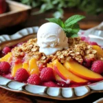 - 4 ripe peaches, peeled and thinly sliced - 1 cup fresh raspberries, rinsed - 1 cup rolled oats - 1/2 cup all-purpose flour - 1/2 cup packed brown sugar - 1/4 cup granulated sugar - 1 teaspoon ground cinnamon - 1/4 teaspoon salt - 1/2 cup cold unsalted butter, cut into small cubes - 1 teaspoon pure vanilla extract - Vanilla ice cream, for serving Each ingredient plays a key role in making this dessert shine. The ripe peaches bring a sweet, juicy flavor. Fresh raspberries add a nice tang that balances the dish. For the topping, rolled oats create a chewy texture, while brown sugar gives a rich taste. Granulated sugar adds sweetness, and cinnamon adds warmth. The cold butter helps form those perfect crumbs. Vanilla extract ties all the flavors together. If you want to elevate this dish, serve it with a scoop of vanilla ice cream. This adds creaminess and makes each bite feel special. 1. Preheat your oven to 350°F (175°C). This step helps your crisp cook evenly. 2. In a large bowl, combine the sliced peaches and fresh raspberries. Add 1/4 cup of granulated sugar to the fruit. Toss gently, so the sugar coats the fruit well. Set it aside for a few minutes. This allows the sweetness to deepen. 1. In a separate bowl, mix the rolled oats, all-purpose flour, packed brown sugar, ground cinnamon, and 1/4 teaspoon of salt. Stir until everything is combined. 2. Add the cold butter cubes into the dry mixture. Use your fingers or a pastry cutter to blend the butter in. You want it to look like coarse crumbs. This step is key for a crunchy topping. 1. Grease a 9x9-inch baking dish with butter or oil. Spread the fruit mixture evenly at the bottom of the dish. 2. Sprinkle the oat topping over the fruit layer. Make sure to cover all the fruit. This layer gives you that delicious crunch. 1. Place the baking dish in the preheated oven. Bake for 30-35 minutes. You want the topping to turn a nice golden brown and the fruit to bubble around the edges. 2. Once it's ready, take it out and let it cool for about 10 minutes. This will help the juices settle, making it easier to serve. To peel peaches easily, use a sharp knife to make a small "X" on the bottom. This will help the skin come off with less effort. Next, boil water in a pot. Once boiling, drop the peaches in for about 30 seconds. After that, place them in ice water. This method makes peeling quick and simple. For the best crumb texture, mix cold butter into the dry ingredients. Use your fingertips to work the butter in until it feels crumbly. You want small, pea-sized pieces of butter. This step is key for a crispy topping. When you sprinkle the topping, make sure it covers the fruit evenly. This ensures every bite is tasty and crunchy. To boost flavor, consider adding spices like nutmeg or ginger. These spices can add warmth and depth to your dish. You can also try using different sweeteners. For example, honey or maple syrup can replace sugar. This gives the crisp a unique twist. Don't hesitate to experiment until you find your perfect flavor. {{image_4}} You can change the berries in your crisp. Try adding blueberries or blackberries for a fun twist. Mixing berries gives a nice mix of flavors. You can also use just one type of berry. If you prefer, stick with only raspberries or peaches for a simpler taste. If you need a gluten-free option, it's easy! Substitute regular flour with almond or coconut flour. Both work well and add a nice flavor. When using gluten-free oats, make sure they are certified gluten-free. This helps avoid any cross-contamination for those with allergies. You can switch up the fruits based on the season. In fall, try adding sliced apples or plums. They provide a new taste and texture. Adjust your spices too! For example, add nutmeg in winter or a hint of lemon in spring for a fresh feel. This keeps your peach raspberry crisp exciting all year round! To keep your Peach Raspberry Crisp fresh, store it in an airtight container. Place it in the fridge. It will stay good for about 3 to 4 days. Make sure to let it cool completely before storing. This will help keep the topping crisp. When reheating, use the oven for the best results. Preheat the oven to 350°F (175°C). Place the crisp in a baking dish and cover it with foil. Heat for about 15 to 20 minutes. This will help keep the texture nice and crunchy. If you use a microwave, heat in short bursts. Be careful not to make it soggy. You can freeze Peach Raspberry Crisp before or after baking. If freezing before baking, wrap it tightly in plastic wrap. Then, place it in a freezer-safe bag. For best taste, use it within 3 months. If you freeze it after baking, let it cool first. Store it the same way. When you’re ready to eat, bake it straight from the freezer, adding a few extra minutes to the baking time. Yes, you can use frozen fruit. However, fresh peaches and raspberries have more flavor. Frozen fruit may release more juice while baking. This can make the crisp a bit soggier. If you use frozen fruit, you may want to increase the baking time. Keep an eye on it to ensure the topping stays crisp. To make the topping healthier, reduce the sugar. You can cut the brown sugar by half. Consider adding chopped nuts like almonds or walnuts. Nuts add crunch and healthy fats. You can also swap some butter for applesauce. This change lowers the fat content and adds moisture. Besides vanilla ice cream, you can serve it with whipped cream or yogurt. A drizzle of honey adds sweetness. You might also try a scoop of gelato. For a twist, serve with a scoop of lemon sorbet. Each pairing adds a unique flavor to the dish. Yes, you can make this recipe vegan. Use coconut oil or a vegan butter substitute instead of regular butter. For the sugar, ensure it is vegan-friendly. You can also try maple syrup as a sweetener. This keeps the recipe tasty while meeting vegan needs. In this article, we explored how to create a delicious Peach Raspberry Crisp. We covered fresh ingredients, topping options, and step-by-step baking instructions. I shared tips for perfecting your crisp and suggested variations to spice things up. Remember, you can customize this recipe to fit your taste. Enjoy the tasty results with friends and family. Happy baking!