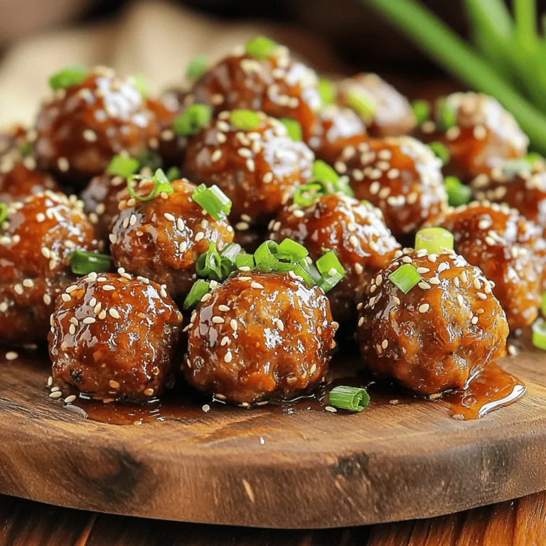 To make sticky honey garlic meatballs, gather these key items: - 1 pound ground chicken (or turkey) - 1/2 cup breadcrumbs - 1/4 cup freshly grated Parmesan cheese - 1/4 cup finely chopped green onions (plus more for garnish) - 1 garlic clove, minced - 1 large egg, lightly beaten - 1 teaspoon salt - 1/2 teaspoon freshly ground black pepper - 1/4 teaspoon red pepper flakes (optional for a bit of heat) - 1/3 cup honey - 1/4 cup low-sodium soy sauce - 2 tablespoons rice vinegar - 1 teaspoon sesame oil - Toasted sesame seeds for garnish You can play with flavors by adding these optional ingredients: - Fresh herbs like cilantro or basil for extra taste - Chopped nuts for added crunch - Different spices like ginger or garlic powder for more depth Choosing the right ingredients makes a big difference: - Ground Meat: Look for fresh ground chicken or turkey. Check the color; it should be pink with no brown spots. - Cheese: Freshly grated Parmesan melts better than pre-grated. - Honey: Use raw or local honey for the best flavor. - Soy Sauce: Opt for low-sodium to control salt levels. - Fresh Produce: Always choose bright green onions and firm garlic. They add the best flavor. Quality ingredients set the stage for your sticky honey garlic meatballs. Each bite will burst with flavor and delight! Start by preheating your oven to 400°F (200°C). This helps cook the meatballs well. Next, line a baking sheet with parchment paper. This makes cleanup easy later. In a large bowl, combine the following ingredients: - 1 pound ground chicken or turkey - 1/2 cup breadcrumbs - 1/4 cup grated Parmesan cheese - 1/4 cup finely chopped green onions - 1 minced garlic clove - 1 lightly beaten large egg - 1 teaspoon salt - 1/2 teaspoon ground black pepper - 1/4 teaspoon red pepper flakes (optional) Gently mix everything together. You can use your hands or a spatula. Be careful not to overmix. This keeps the meatballs soft and tasty. Now, scoop out some of the mixture. Roll it into balls about 1 inch wide. Place each meatball on the lined baking sheet. Make sure to leave space between them. This helps them cook evenly. Bake the meatballs in the preheated oven for 20 minutes. They should turn golden brown and be fully cooked. While the meatballs bake, let’s make the honey garlic sauce. In a small saucepan over medium heat, whisk together: - 1/3 cup honey - 1/4 cup low-sodium soy sauce - 2 tablespoons rice vinegar - 1 teaspoon sesame oil Let the mixture come to a gentle simmer. Cook for about 5 minutes, stirring often. This thickens the sauce a bit. When the meatballs are done baking, take them out of the oven. Transfer them to a large bowl. Pour the warm honey garlic sauce over the meatballs. Gently toss them so they are well coated. Serve the meatballs on a platter. For a nice touch, sprinkle toasted sesame seeds and extra chopped green onions on top. Enjoy these tasty bites! To make sure your meatballs stay tender, avoid overmixing. When you add the ground chicken, breadcrumbs, and other ingredients, mix gently. Use your hands or a spatula for this step. Overmixing can make your meatballs tough. Keep them about one inch in size for even cooking. The egg acts as a binder, so don’t skip it. For a perfect sauce, heat it slowly. Whisk the honey, soy sauce, rice vinegar, and sesame oil over medium heat. When it simmers, let it cook for about five minutes. This helps the sauce thicken nicely. If it gets too thick, add a tiny bit of water. You want it to coat the meatballs without being too runny. When serving your sticky honey garlic meatballs, think about pairing them with rice or a fresh salad. Rice soaks up the extra sauce well, making each bite even better. You can also sprinkle more green onions or sesame seeds on top for a nice touch. For an extra sweet kick, drizzle some honey sauce over your dish before serving. Enjoy your meal! {{image_4}} You can easily change the meat in this recipe. Ground turkey works well and keeps the dish light. If you want a plant-based option, try using ground veggie meat or lentils. Just make sure you mash the lentils well to form a nice meatball shape. Each protein will offer a unique taste and texture. While honey garlic sauce is a star, you can explore other sauces too. Try a sweet chili sauce for a different kick. Teriyaki sauce gives a nice Asian twist. You can even mix honey with mustard for a tangy flavor. Each sauce change can make your meatballs exciting and new. If you like heat, add more red pepper flakes. This gives the meatballs a spicy kick. For a milder version, skip the flakes altogether. You can also balance it with a touch of extra honey for sweetness. Adjusting the spice level helps you cater to everyone's taste buds at the table. After you enjoy your sticky honey garlic meatballs, store any leftovers in an airtight container. Make sure to let them cool down first. They will stay fresh in the fridge for about three to four days. If you want to keep them longer, freezing is a good option. To reheat meatballs, use your oven or microwave. For the oven, preheat it to 350°F (175°C). Place the meatballs on a baking sheet and cover them with foil. Bake for about 10-15 minutes until warm. If using the microwave, place them on a microwave-safe plate. Heat in short bursts of 30 seconds, checking often to avoid drying them out. If you want to freeze meatballs, do so before adding the sauce. Arrange the cooled meatballs on a baking sheet and freeze them for about an hour. Once frozen, transfer them to a freezer bag or container. They can last for up to three months in the freezer. When you’re ready to eat, thaw them in the fridge overnight before reheating. Enjoy your tasty meal whenever you like! Yes, you can make these meatballs ahead of time. Mix the meatball ingredients and form the balls. Place them on a tray and cover with plastic wrap. Store them in the fridge for up to a day. You can also freeze them for later. Just make sure to thaw them before cooking. If you need a substitute for breadcrumbs, try using oats or crushed crackers. You can even use ground nuts for a gluten-free option. Just adjust the amount to get the right texture. Each option gives a different flavor and crunch. If you want a less sweet sauce, reduce the honey amount. You can also add more soy sauce for a salty balance. Another option is to mix in a little vinegar for extra tang. Adjust it until it fits your taste. Yes, you can grill the meatballs! Just make sure to keep them on skewers or a grilling pan. This will help prevent them from falling through the grill. Cook them over medium heat until they're fully cooked. Grilling adds a nice smoky flavor. You can create tasty sticky honey garlic meatballs with basic ingredients and easy steps. Remember, quality matters; select fresh ingredients for the best flavor. Customize your meatballs and sauce to fit your taste. Storing and reheating them ensures you enjoy leftovers later. With these tips and variations, you can make each batch unique. Explore this dish and share your favorite tweaks. Enjoy cooking and making delicious memories!