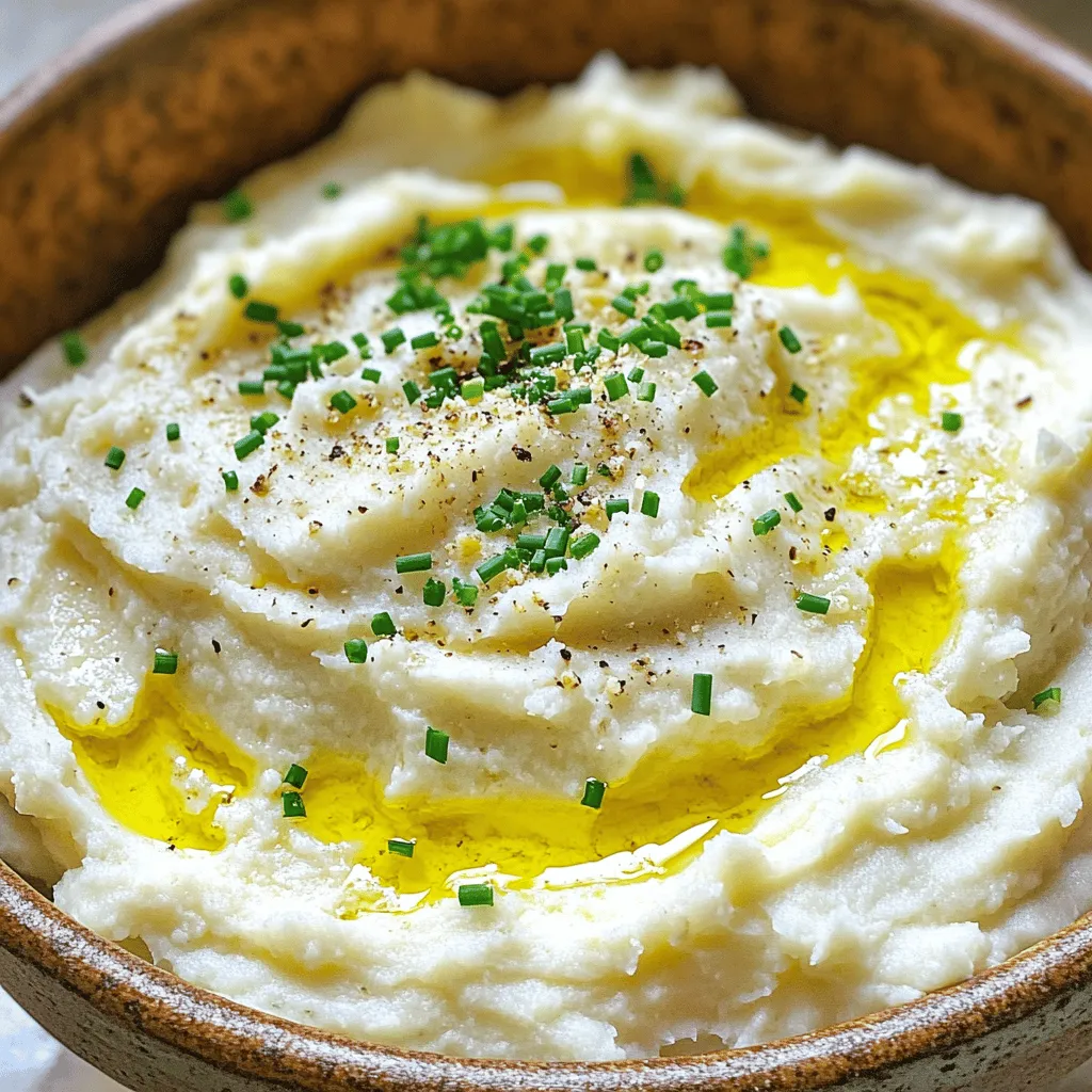 - 1 large head of cauliflower, broken into florets - 3 cloves of fresh garlic, minced - 1/2 cup cream cheese, at room temperature - 1/2 cup finely grated Parmesan cheese - 1/4 cup unsalted butter - 1/4 cup whole milk (adjust for preferred creaminess) - Salt and freshly ground black pepper to taste - Fresh chives or parsley, finely chopped, for garnish If you need swaps for dietary needs, here are some options: - Use dairy-free cream cheese and butter for a vegan version. - Substitute nutritional yeast for Parmesan cheese to keep it plant-based. - Swap whole milk with almond or oat milk for a lighter touch. - For a low-carb option, use riced cauliflower instead of florets. When buying cauliflower, look for these signs of freshness: - Choose a head that feels heavy for its size. - Look for tightly packed florets with no brown spots. - The leaves should be bright green and crisp. - Avoid heads with yellowing or wilting leaves. Fresh cauliflower adds flavor and nutrition to your mash. Enjoy the process! Start by filling a large pot with water. Add a good amount of salt to it. Bring the water to a vigorous boil. Once boiling, carefully add the cauliflower florets. Cook the cauliflower for about 10 to 12 minutes. You want it to be fork-tender. When it's soft enough, drain the cauliflower well. Return it to the pot to let it dry a bit. This step helps remove extra water. While the cauliflower cooks, grab a small skillet. Heat the butter over medium heat. Once melted, add the minced garlic. Sauté it for 1 to 2 minutes. You want the garlic to smell amazing but not turn golden. Keeping it light gives the mash a fresh taste. Now, it’s time to mix everything together. Add the sautéed garlic and melted butter to the drained cauliflower. Next, stir in the cream cheese and Parmesan cheese. Pour in the milk, too. Use a potato masher or immersion blender to mash it all up. Blend until you have a smooth, creamy texture. If you want it creamier, add more milk slowly. Finally, taste it and season with salt and pepper. Mix well, then serve it in a bowl. Top it with extra Parmesan and fresh chives or parsley for a nice finish. To get that smooth, creamy texture, start with fresh cauliflower. Steam it until fork-tender, about 10-12 minutes. After cooking, drain it well. Any extra water will make it watery. For added creaminess, mix in cream cheese and milk. Use a potato masher or an immersion blender for the best results. If you want it even smoother, just add more milk slowly until it feels right. Using the right tools can make your work easier. A large pot is key for boiling the cauliflower. A good potato masher gives you control over the texture. An immersion blender can help you achieve a silky purée without transferring to another bowl. A sharp knife makes chopping garlic fast. You may also want a measuring cup for the milk and cream cheese. Want to boost the flavor? Use fresh garlic instead of garlic powder. Fresh herbs like chives or parsley add a bright touch. For a kick, try adding a pinch of red pepper flakes. Taste as you mix, and adjust the salt and pepper. A sprinkle of extra Parmesan on top will impress your guests. You can even drizzle olive oil for extra richness. {{image_4}} To make this dish low-carb, skip the cream cheese. Use more butter and milk instead. You can also use riced cauliflower for a lighter version. This keeps the flavor rich while lowering carbs. You can enjoy this mash without worry on a keto diet. Herbs and spices can take this mash to new heights. Fresh chives or parsley add a nice touch. You might also try thyme or rosemary for a different taste. A pinch of paprika can add a bit of warmth. Experiment with flavors to match your meal. If you want a dairy-free version, you can use coconut cream. This keeps the mash creamy and rich. Use nutritional yeast in place of Parmesan for a cheesy flavor. Almond milk or oat milk works great too. These swaps let everyone enjoy this tasty mash. To keep your creamy garlic Parmesan cauliflower mash fresh, let it cool first. Then, place it in an airtight container. Make sure to store it in the fridge. It will stay good for about three to four days. If you want to save some for later, freezing is also an option. When you’re ready to enjoy your leftovers, reheat them gently. You can use a microwave or the stovetop. If using the microwave, heat in short bursts. Stir in between to avoid hot spots. If using the stovetop, add a splash of milk to help bring back its creaminess. Stir well and heat until warm. To freeze your cauliflower mash, scoop it into a freezer-safe container. Leave some space at the top for expansion. You can also use freezer bags for easy storage. When ready to eat, thaw in the fridge overnight. Heat it up, adding milk for that creamy texture. Enjoy your tasty mash anytime! Yes, you can use frozen cauliflower. Just remember to thaw it first. This will help it cook evenly. You may need to reduce the cooking time. After cooking, drain the excess water well. This keeps your mash creamy and not watery. To make this dish vegan, swap out the cream cheese and butter. Use vegan cream cheese and plant-based butter instead. You can also replace the milk with almond or oat milk. For a cheesy flavor, use nutritional yeast or vegan Parmesan. These changes keep the taste rich and satisfying. This creamy mash pairs well with many dishes. Try serving it with grilled chicken or steak for a hearty meal. It also goes great with roasted vegetables or fish. Use it as a base for a savory stew or braised meat. The options are endless, making it a versatile side dish. In this blog post, we explored how to make Garlic Parmesan Cauliflower Mash. We covered ingredients, tips for fresh choices, and step-by-step instructions. You learned how to blend flavors and achieve a creamy texture. I shared variations for dietary needs and storage options for leftovers. Remember, cooking is about fun and creativity. Use this recipe as a base, then make it your own. Enjoy your culinary journey with cauliflower mash!