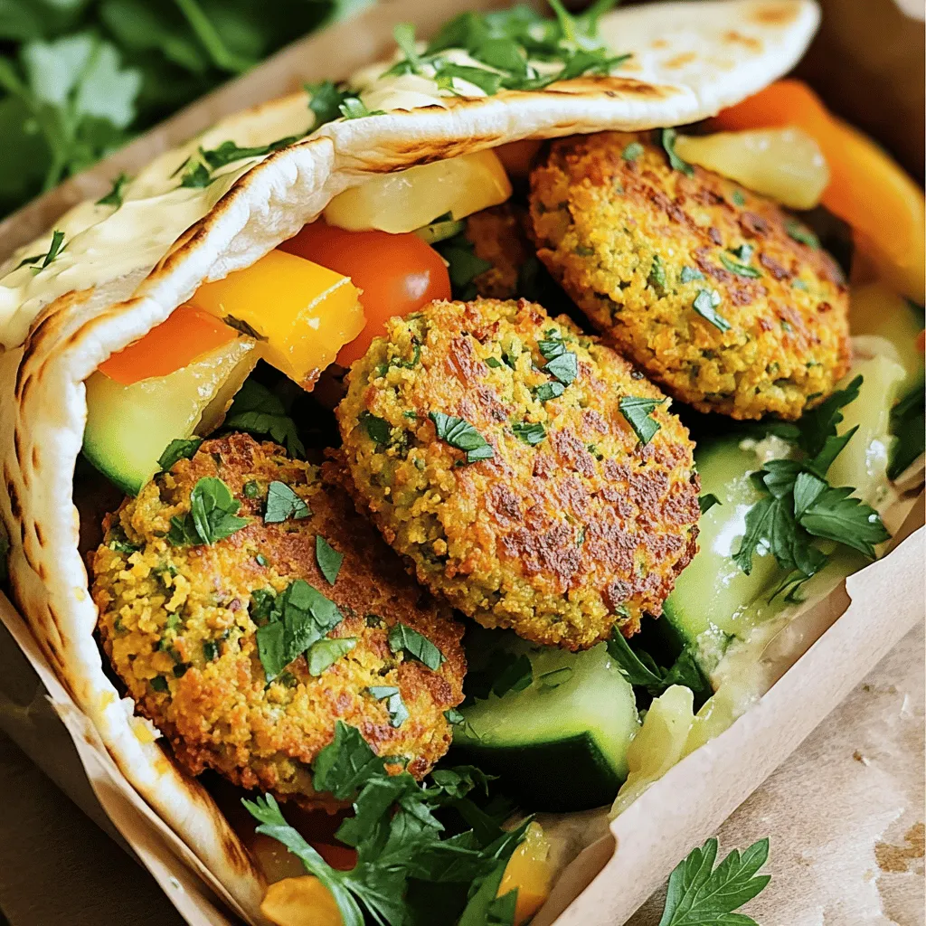 - 1 can (15 oz) chickpeas, thoroughly drained and rinsed - 1 small onion, roughly chopped - 2 cloves of garlic, finely minced - 1 cup fresh parsley leaves, tightly packed - 1 teaspoon ground cumin - 1 teaspoon ground coriander - 1/2 teaspoon baking powder - 1 tablespoon fresh lemon juice - Salt and pepper, to taste - 2 tablespoons olive oil (plus extra for drizzling) - 1/2 cup breadcrumbs (optional, for extra crunch) To make crispy air fryer falafel, you need simple and fresh ingredients. Chickpeas form the base of the falafel. They add protein and fiber. Onions and garlic give it a nice flavor. Fresh parsley adds a bright taste. Spices like cumin and coriander bring warmth. Baking powder helps the falafel to puff up a bit. Lemon juice adds a zesty kick and balances the flavors. You can add olive oil for richness. If you want extra crunch, breadcrumbs work great too. They give a nice texture to each bite. Gathering these ingredients will lead you to a delicious meal. They combine to create a dish that is both simple and satisfying. 1. Start by adding the chickpeas, onion, garlic, and parsley to a food processor. 2. Pulse until the mix is coarse. Don’t overprocess; you want some texture. 3. Next, add the spices: cumin, coriander, baking powder, salt, and pepper. 4. Pour in the lemon juice and olive oil. Pulse again until mixed but still chunky. 5. If you want extra crunch, fold in the breadcrumbs gently. 1. Move the mixture to a bowl and cover it with plastic wrap. 2. Refrigerate for at least 30 minutes. This helps the flavors blend and firms up the mix. 3. After chilling, scoop about 2 tablespoons of the mix and shape it into small patties or balls. 1. Preheat your air fryer to 375°F (190°C). This step helps get that crispy outside. 2. Lightly spray the air fryer basket with cooking spray or drizzle some olive oil. 3. Place the shaped falafel in the basket without overlapping. This ensures even cooking. 4. Drizzle a bit more olive oil on top of the falafel for extra crispiness. 5. Cook for 12-15 minutes, flipping them halfway through. They should be golden brown and crispy. 6. Once done, remove them from the air fryer and let them cool slightly before serving. To get your falafel crispy, start by preheating your air fryer to 375°F (190°C). This step is key for a golden brown outside. If you skip this, your falafel may turn out soggy. Next, use cooking spray or a little olive oil. Lightly spray the air fryer basket to stop sticking. This helps the falafel crisp up nicely. A drizzle of olive oil on top also enhances that crunch. To boost flavor, add spices like cumin and coriander. These spices give depth and warmth to your falafel. Fresh herbs like parsley are also a must for brightness. For a tasty drizzle, tahini sauce works wonders. It adds creaminess and a nutty flavor that pairs well with falafel. You can make a simple tahini drizzle by mixing tahini, lemon juice, and water until smooth. This elevates your dish and makes it even more delicious. {{image_4}} You can change up the falafel by adding fun ingredients. Try adding beets or sweet potatoes to the mix. This adds color and a hint of sweetness. Beets make a pretty pink falafel that is sure to impress. Sweet potatoes give a nice creamy texture and earthy flavor. You can also incorporate different vegetables like carrots or zucchini. Just chop them finely before mixing. This will add more nutrients and flavor. Each veggie brings its unique taste, making your falafel even more special. Falafel is super versatile when it comes to serving. You can wrap them in warm pitas or use them in salad bowls. Fill your wrap with fresh veggies like cucumbers, tomatoes, and lettuce. Add a drizzle of tahini sauce for a creamy finish. Don’t forget about dipping sauces! Serve falafel with hummus or tzatziki for added flavor. Garnishes like fresh herbs can brighten up the dish. You can sprinkle some parsley or cilantro on top for a lovely touch. These simple ideas can take your crispy air fryer falafel from good to great. To keep your crispy air fryer falafel fresh, you can use two main methods: refrigeration and freezing. - Refrigeration: Place leftover falafel in an airtight container. They will stay good for about 3-4 days in the fridge. - Freezing tips: For longer storage, you can freeze falafel. Arrange them on a baking sheet and freeze until firm. Once frozen, transfer them to a freezer bag. They will last up to 3 months. Remember to label the bag with the date! When you want to enjoy leftover falafel, reheating them properly is key to keeping them crispy. - In the air fryer: Preheat your air fryer to 350°F (175°C). Place the falafel in the basket. Heat for about 5-7 minutes, flipping halfway through. This gives them a nice crunch. - In the oven: Preheat your oven to 375°F (190°C). Spread falafel on a baking sheet and bake for about 10 minutes, turning them halfway. This also helps restore their crispy texture. Enjoy your falafel warm, and savor every bite! You can make falafel without a food processor by using a fork or a potato masher. First, mash the drained chickpeas in a bowl. Then, add the chopped onion, minced garlic, and parsley. Mix everything well. Use a fork to combine the spices, baking powder, lemon juice, and olive oil. Ensure the mixture is thick enough to hold its shape. You may need to mash it more to get a better texture. Yes, you can bake falafel in the oven! Preheat your oven to 400°F (200°C). Shape the falafel into patties or balls and place them on a baking sheet lined with parchment paper. Drizzle a little olive oil on top for crispiness. Bake for about 20 to 25 minutes, flipping halfway through. This method gives you a healthier option, but the air fryer does yield a crunchier texture. Falafel pairs well with many side dishes. Here are a few great options: - Hummus: Creamy and tangy, it complements falafel well. - Tzatziki: A refreshing yogurt dip with cucumber and dill. - Tabouli: A salad made with parsley, tomatoes, and bulgur wheat. - Pita Bread: Perfect for wrapping falafel with veggies. - Cucumber Salad: A light, crunchy side to balance the flavors. These sides make your meal colorful and tasty! This blog post covered how to make delicious falafel from scratch. We explored main ingredients like chickpeas and spices. I walked you through step-by-step instructions for preparing and cooking falafel in an air fryer. Tips about achieving crispiness and flavor enhancements were also shared. Experiment with different veggie options and serve your falafel in wraps or salads. Store extras properly and enjoy them later. Cooking can be fun and rewarding. I hope you try making falafel soon! It’s healthier and tastier than many take-out options.