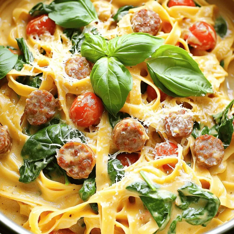 Here’s the complete list you need for One-Pot Tuscan Sausage Pasta: - 12 oz fettuccine pasta - 1 lb Italian sausage (mild or spicy, casing removed) - 1 tablespoon olive oil - 1 medium onion, finely chopped - 4 cloves garlic, minced - 1 teaspoon dried oregano - 1/2 teaspoon red pepper flakes (optional) - 4 cups chicken broth - 1 can (14 oz) diced tomatoes, undrained - 1 cup heavy cream - 2 cups baby spinach - 1/2 cup grated Parmesan cheese - Salt and pepper to taste - Fresh basil leaves, for garnish These ingredients come together to create a dish that’s rich and comforting. The Italian sausage adds a savory depth. The fettuccine pasta soaks up all the flavors, making every bite a delight. The heavy cream gives it a smooth texture. Baby spinach adds a pop of color and nutrition. Don't forget the fresh basil for a bright finish! Gather these items, and you’ll be ready to cook a meal that impresses everyone at your table. First, grab a large pot or deep skillet. Heat olive oil over medium heat. Add the Italian sausage, breaking it apart with a wooden spoon. Cook for 5-7 minutes until browned. This step gives the sausage a nice flavor base. Next, toss in the finely chopped onion and minced garlic. Sauté for 3-4 minutes. You want the onion to become translucent and fragrant. This will add depth to your dish. Now, sprinkle in the dried oregano and red pepper flakes if you like heat. Stir for another minute to release their aromas. This seasoning makes the dish come alive. Carefully pour in the chicken broth and add the undrained diced tomatoes. Mix everything well and bring it to a vigorous boil. This mixture will be the sauce for your pasta. Add the fettuccine pasta to the pot. Make sure the pasta is fully submerged in the liquid. Lower the heat to a gentle simmer and cover the pot. Let it cook for 10-12 minutes, stirring occasionally. You want the pasta to be al dente. Once the pasta is cooked, stir in the heavy cream and baby spinach. Cook for 2-3 minutes until the spinach wilts and the cream heats through. This step adds richness and brightness to the dish. Remove the pot from heat. Gradually fold in the grated Parmesan cheese until it melts and becomes creamy. Season with salt and pepper to taste. Adjust this to your liking for the best flavor. Serve the pasta hot in bowls. Garnish with fresh basil leaves for color and aroma. For extra flair, sprinkle more Parmesan cheese on top. Enjoy your delicious One-Pot Tuscan Sausage Pasta! To make the sausage shine, choose high-quality Italian sausage. You can use mild or spicy, based on your taste. Remove the casing for easy cooking. Brown the sausage well, as this adds depth to the flavor. Make sure to break it into small pieces while cooking. This way, each bite has a good mix of sausage and pasta. Spice levels can change the whole dish. Start with the red pepper flakes. If you want more heat, add more flakes or use spicy sausage. If you prefer less spice, skip the flakes entirely. Taste while cooking; this helps you find the right balance for your palate. The key to a creamy sauce lies in the heavy cream and Parmesan cheese. Add the cream slowly after the pasta is cooked. This gives the sauce time to thicken. Stir in the cheese until it melts completely. This creates a smooth and rich texture that coats the pasta perfectly. For a beautiful plate, use wide, shallow bowls. This allows the pasta to spread out nicely. Top with extra Parmesan and freshly cracked black pepper. Finally, add fresh basil leaves for color and fragrance. A well-presented dish makes every meal feel special. {{image_4}} You can use many types of pasta in this dish. Fettuccine is great, but you can try: - Penne - Rigatoni - Farfalle Each type offers a unique bite and texture. Just keep the cooking time in mind. Thicker pasta may need a bit longer to cook. If you want to change the meat, that’s easy. You can use: - Ground turkey - Chicken sausage - Pork sausage Each option will give a new taste. Ground turkey is leaner, while pork adds more flavor. Pick what you like best! To make a tasty vegetarian version, skip the meat. You can add: - Extra mushrooms - Zucchini slices - Bell peppers These veggies bring great flavor and texture. Use vegetable broth in place of chicken broth for more depth. If you need gluten-free pasta, many options are available. Look for: - Rice pasta - Quinoa pasta - Chickpea pasta These options cook well and taste good. Always check the package for cooking times, as they can vary. You can store One-Pot Tuscan Sausage Pasta in the fridge. Use an airtight container. It stays fresh for up to three days. Make sure it cools down before sealing. This helps prevent moisture build-up. If you want to freeze the pasta, let it cool first. Place it in a freezer-safe container. It can last for up to three months. When ready to eat, thaw it overnight in the fridge. This keeps the flavor intact. To reheat, use a skillet or microwave. For the skillet, add a splash of water or broth. Heat over low until warmed through. In the microwave, cover the dish with a lid. Heat in short bursts, checking often. This keeps the pasta from drying out. One-Pot Tuscan Sausage Pasta lasts about 3 to 4 days in the fridge. Store it in an airtight container. Make sure to let it cool before sealing to keep it fresh. Yes, you can make this dish without heavy cream. Substitute with milk or a plant-based cream. The dish will still taste good, though the texture will change. If you don’t have chicken broth, use vegetable broth or water. The flavor may vary, but it will still work well. Adding herbs can boost the taste. Absolutely! Feel free to add bell peppers, zucchini, or mushrooms. Just sauté them with the onion and garlic. These veggies will enhance the dish's flavor and nutrition. To make it spicier, add more red pepper flakes or a dash of hot sauce. You can also use spicy sausage for an extra kick. Adjust the spice to your liking. Yes, you can use other cheeses like mozzarella or pecorino. Each cheese will bring a unique flavor to the dish. Feel free to experiment with your favorites. This blog post covered a tasty and easy One-Pot Tuscan Sausage Pasta recipe. You learned about the key ingredients, step-by-step instructions, and helpful tips for creating this dish. I also shared ways to customize it to fit your taste and storage tips to keep it fresh. This dish is simple, flavorful, and a great meal for any night. Enjoy making this pasta your own, and always feel free to experiment!