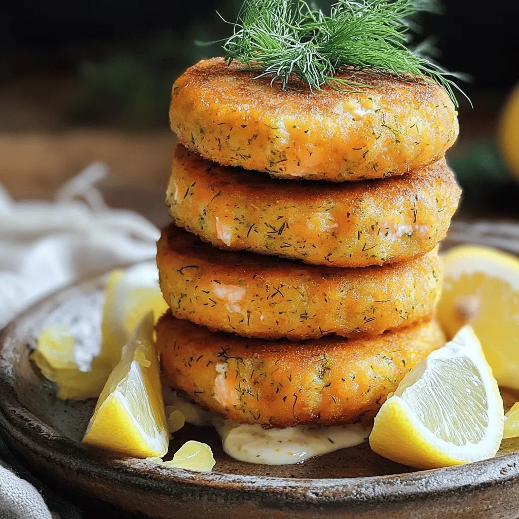 Here’s what you need to make Lemon Dill Salmon Cakes: - 1 lb fresh salmon fillets, skin removed - 1/2 cup Panko breadcrumbs - 1/4 cup plain Greek yogurt - 1 large egg, lightly beaten - 2 tablespoons fresh lemon juice - 1 tablespoon lemon zest - 2 tablespoons fresh dill, finely chopped - 1 clove garlic, minced - Salt and pepper, to taste - 2 tablespoons olive oil These ingredients create a burst of flavor. The fresh salmon gives a rich taste. Panko breadcrumbs add a nice crunch. Greek yogurt keeps the cakes moist and creamy. Lemon juice and zest bring a bright note. Dill adds a fresh, herby flavor. Garlic gives the cakes a savory touch. Use salt and pepper to season to your liking. Olive oil is perfect for frying to a golden brown. 1. Preheating the oven: Start by preheating your oven to 375°F (190°C). This helps cook the salmon evenly. 2. Baking salmon fillets: Place the salmon fillets on a baking sheet lined with parchment paper. Bake them for about 15 minutes. You want the fish to look opaque and flake easily with a fork. 3. Flaking salmon: Let the salmon cool slightly after baking. Then, transfer it to a large mixing bowl. Use a fork to flake the salmon into small pieces. 1. Combining the flaked salmon with other ingredients: In the bowl with the flaked salmon, add the Panko breadcrumbs, Greek yogurt, beaten egg, lemon juice, lemon zest, chopped dill, and minced garlic. 2. Ensuring moisture and consistency: Add salt and pepper to taste. Mix everything well. You want a moist mixture that can still hold its shape. 1. Shaping the salmon mixture into patties: With clean hands, divide the mixture into equal portions. Shape each portion into a patty about 3 inches in diameter and 1/2 inch thick. 2. Yielding a specific number of cakes: You should get around 8 patties from this mixture, depending on how you shape them. 1. Heating the oil in a skillet: In a non-stick skillet, heat 2 tablespoons of olive oil over medium heat until it shimmers. 2. Cooking times and flipping tips: Carefully place the salmon cakes in the skillet. Cook for about 4-5 minutes on each side. They should turn golden brown and crispy. Flip them gently to keep their shape. - Presentation and garnishing ideas: Once cooked, place the salmon cakes on a paper towel-lined plate to drain excess oil. Serve warm with lemon wedges. You can place them on a bed of mixed greens for a colorful touch. Stack the cakes for a beautiful presentation and add a sprig of fresh dill on top. Drizzle with extra lemon juice for a burst of flavor. To get a crispy outside for your salmon cakes, use Panko breadcrumbs. They make the cakes crunchy and golden. Make sure your oil is hot before adding the cakes. This helps them crisp up fast. Avoid dryness by not overcooking them. A good rule is to cook them for 4 to 5 minutes on each side. If they seem too dry, add a bit more yogurt to the mix next time. Herbs and spices can take your salmon cakes to the next level. Try adding parsley or chives along with the dill. They add freshness and depth to the flavor. The lemon is key too. It brightens the dish and balances the richness of the salmon. Always use fresh lemon juice and zest for the best taste. You can bake or grill these cakes if you want healthier options. To bake, set your oven to 375°F (190°C) and cook for about 15 minutes. For grilling, use a medium heat and oil the grill grates well. This prevents sticking. When using a skillet, keep the heat medium to avoid burning. Always flip the cakes gently to keep them intact. {{image_4}} You can easily swap fresh salmon for canned or smoked salmon. Canned salmon works well when you are short on time. It offers a good flavor and saves prep time. Smoked salmon adds a unique, rich taste. Just ensure you break it into small pieces before mixing it in. Instead of Greek yogurt, you can use sour cream or even cottage cheese. Each brings a different flavor and texture. Sour cream adds a tangy taste, while cottage cheese offers a lighter feel. Both options keep your salmon cakes moist. To change up the taste, you can add fresh herbs like parsley or chives. These herbs add a fresh twist. They brighten the flavor and give your cakes a lovely color. You can also mix in spices like paprika or cayenne. Paprika adds warmth, while cayenne gives a nice kick. Adjust the amount based on your spice preference. You can pair your salmon cakes with various sides. A crisp salad or grains like quinoa work great. They add texture and a balanced plate. For a fun twist, turn the salmon cakes into sliders or appetizers. Just use smaller patties and serve them on mini buns. This style is perfect for parties or casual gatherings. Store leftover salmon cakes in an airtight container. This keeps them fresh and safe. They stay good for about 3 days in the fridge. To reheat, use a skillet or microwave. This helps keep their texture nice. You can freeze salmon cakes for later. To do this, place them in a single layer on a baking sheet. Freeze for one hour, then transfer them to a freezer bag. They keep well for up to 3 months. When ready to eat, thaw them in the fridge overnight. Cook them in a skillet until warm and crispy. Enjoy your delicious meal anytime! To keep your salmon cakes from falling apart, you need to bind the ingredients well. Here are some tips: - Use Panko breadcrumbs for a better hold. - Add Greek yogurt for moisture and binding. - Use a beaten egg to help the mixture stick together. - Don’t skip the chilling step. Refrigerate the cakes for 30 minutes before cooking. This helps them firm up. Mix the ingredients until just combined. Overmixing can make them dry. Yes, you can bake the salmon cakes. This method is healthier and still tasty. Here’s how: - Preheat your oven to 375°F (190°C). - Place the formed cakes on a lined baking sheet. - Brush them lightly with olive oil. - Bake for about 20 minutes, flipping halfway for even cooking. Baking gives you a crispy texture without the oil. These salmon cakes pair well with several sides. Here are some great options: - A fresh green salad with lemon vinaigrette. - Roasted vegetables for a warm side. - Quinoa or rice for a filling option. - Tartar sauce or a yogurt dip adds a nice touch. These sides complement the lemon and dill flavors perfectly. Leftovers can last for up to 3 days in the fridge. To store them: - Place them in an airtight container. - Make sure they are completely cooled before sealing. Reheat them in the oven or skillet for the best taste. Always check for any signs of spoilage before eating. In this post, we explored a delicious lemon dill salmon cake recipe. You learned about key ingredients like fresh salmon, Greek yogurt, and herbs. We also covered simple steps for mixing, shaping, and cooking the cakes. With tips for perfect texture and variations for added flavor, you can customize these cakes to suit your taste. Remember to store leftovers properly for best freshness. Enjoy making these tasty salmon cakes and share them with friends!