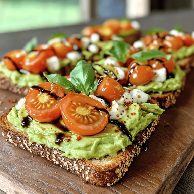 Here’s what you need for a delicious Caprese Avocado Toast: - 2 ripe avocados - 1 cup cherry tomatoes, halved - 1 ball of fresh mozzarella, diced - 1 tablespoon balsamic glaze - 1 teaspoon fresh basil, chopped - Salt and pepper to taste - 4 slices of whole-grain bread - 1 tablespoon olive oil - Red pepper flakes (optional) These ingredients create a fresh, bright meal. Each one adds flavor and texture. Use ripe avocados for creaminess. Fresh mozzarella gives a nice bite. The cherry tomatoes add sweetness. Balsamic glaze brings a tangy kick. You can adjust seasonings to fit your taste. Enjoy the mix of flavors in every bite! To start, cut the avocados in half. Remove the pit carefully. Scoop the creamy flesh into a bowl. Use a fork to mash the avocado. Aim for a mix of creamy and chunky. This gives a nice texture to your toast. Next, season the mashed avocado. Add a sprinkle of salt, fresh cracked pepper, and chopped basil. Stir gently to blend the flavors. You want to keep some texture in the avocado. This mix will add a burst of flavor. Now, preheat your pan or toaster to a medium-high heat. Brush each slice of whole-grain bread lightly with olive oil. Place the bread in the pan or toaster. Toast until golden brown and crispy, about 3-4 minutes. This step makes the toast crunchy. Once the bread is toasted, spread a generous layer of the seasoned avocado on top. Cover the bread evenly. This creates a solid base for your toppings. Now, drizzle balsamic glaze over each piece of toast. Aim for an even drizzle to cover the avocado. This step adds a touch of sweetness. It also helps balance the flavors in the dish. Lastly, garnish with fresh basil leaves. For a little heat, sprinkle red pepper flakes on top. These final touches make your toast look and taste great! Enjoy your Caprese Avocado Toast! To get the best flavor, start with ripe avocados. Look for these signs of ripeness: - The skin should be dark green or almost black. - Gently squeeze the avocado. It should feel slightly soft, but not mushy. - If it has a stem, check underneath. A green area means it is ripe. Store avocados at room temperature if they are not ripe. Once ripe, keep them in the fridge to slow down spoilage. If you cut one, sprinkle lemon juice on the flesh to keep it fresh. For avocado toast, whole-grain bread is the best choice. It adds flavor and texture. You can also use sourdough or rye for a twist. To toast, you can use different methods: - Pan Toasting: Brush the bread with olive oil and toast it in a pan for about 3-4 minutes. - Toaster: Just pop it in your toaster until golden brown. If you want a smoky flavor, try grilling the bread on a stovetop grill. To make your toast even better, add extra seasonings. Here are some ideas: - A pinch of garlic powder gives a nice kick. - You can also try lemon zest for a fresh twist. - For a bit of heat, sprinkle on some red pepper flakes. You can combine your toast with other toppings, too. Add sliced radishes for crunch, or a drizzle of olive oil for richness. If you like protein, a poached egg pairs well with the creamy avocado. {{image_4}} You can give your Caprese avocado toast a Mediterranean twist. Try adding olives and feta cheese for a salty kick. Just chop up some olives and sprinkle them on top. Crumble feta cheese for a creamy touch. This adds bold flavors that pair well with creamy avocado. Instead of whole-grain bread, switch to pita bread. Pita adds a soft texture that complements the toppings. Toast it lightly for a warm base. This change will give your toast a lovely Mediterranean vibe. For a protein-packed version, add poached eggs or smoked salmon. Poached eggs create a rich creaminess that enhances the dish. Smoked salmon adds a savory depth, making your toast more filling. Adding protein brings many benefits. It helps keep you full longer and supports muscle health. This is perfect for breakfast or a quick lunch. If you want a vegan adaptation, use dairy-free cheese alternatives. Look for cashew or almond-based cheeses that melt well. These options keep the creamy texture while being plant-based. You can also create a balsamic glaze substitute. Mix maple syrup with balsamic vinegar for sweetness without the dairy. This keeps your toast delicious and vegan-friendly. To keep your Caprese Avocado Toast fresh, store it in an airtight container. Place parchment paper between layers to prevent sogginess. Avoid stacking the toast if possible. The best temperature is cool, so your fridge works perfectly. Use a container that seals well to keep air out. For reheating, use a toaster oven for the best results. Set it to 350°F. Toast for about 5 minutes. This warms the toast without making it soggy. If you use a microwave, heat it in 15-second bursts. This method can dry it out, so be careful. You can freeze components but not the complete toast. Freeze the mashed avocado in ice cube trays. This way, you can use it later. Store sliced bread in freezer-safe bags. When ready to use, toast the bread fresh and add toppings. This keeps your toast tasty and fresh. Making Caprese avocado toast is quick and easy. The total time is about 20 minutes. You need around 10 minutes for prep and another 10 minutes for cooking. This makes it perfect for busy mornings or quick lunches. Yes, you can prep some parts in advance. You can mash the avocado and store it in the fridge. Keep it in an airtight container to prevent browning. Slice the bread and get the toppings ready too. This way, you save time when you are ready to eat. Caprese avocado toast pairs well with many sides. Consider a fresh fruit salad for sweetness. A light soup like tomato basil also complements the toast. You can even serve it with a simple green salad for extra crunch. Absolutely! You can switch up the bread type. Whole-grain bread is great, but you can use sourdough, rye, or gluten-free bread. If you want low-carb options, try using cauliflower bread or lettuce wraps. Yes, this recipe works well for meal prep. You can make multiple servings ahead of time. Just store the avocado mixture separately from the toast. Toast the bread fresh before serving for the best taste and texture. This blog post shared a simple and tasty recipe for Caprese Avocado Toast. We walked through ingredient selection, preparation, and different variations. I highlighted tips for storage and serving ideas. You can make this dish your own by trying new flavors or toppings. Remember, fresh ingredients make a big difference in taste. Enjoy creating your perfect avocado toast, and don’t be afraid to experiment along the way!